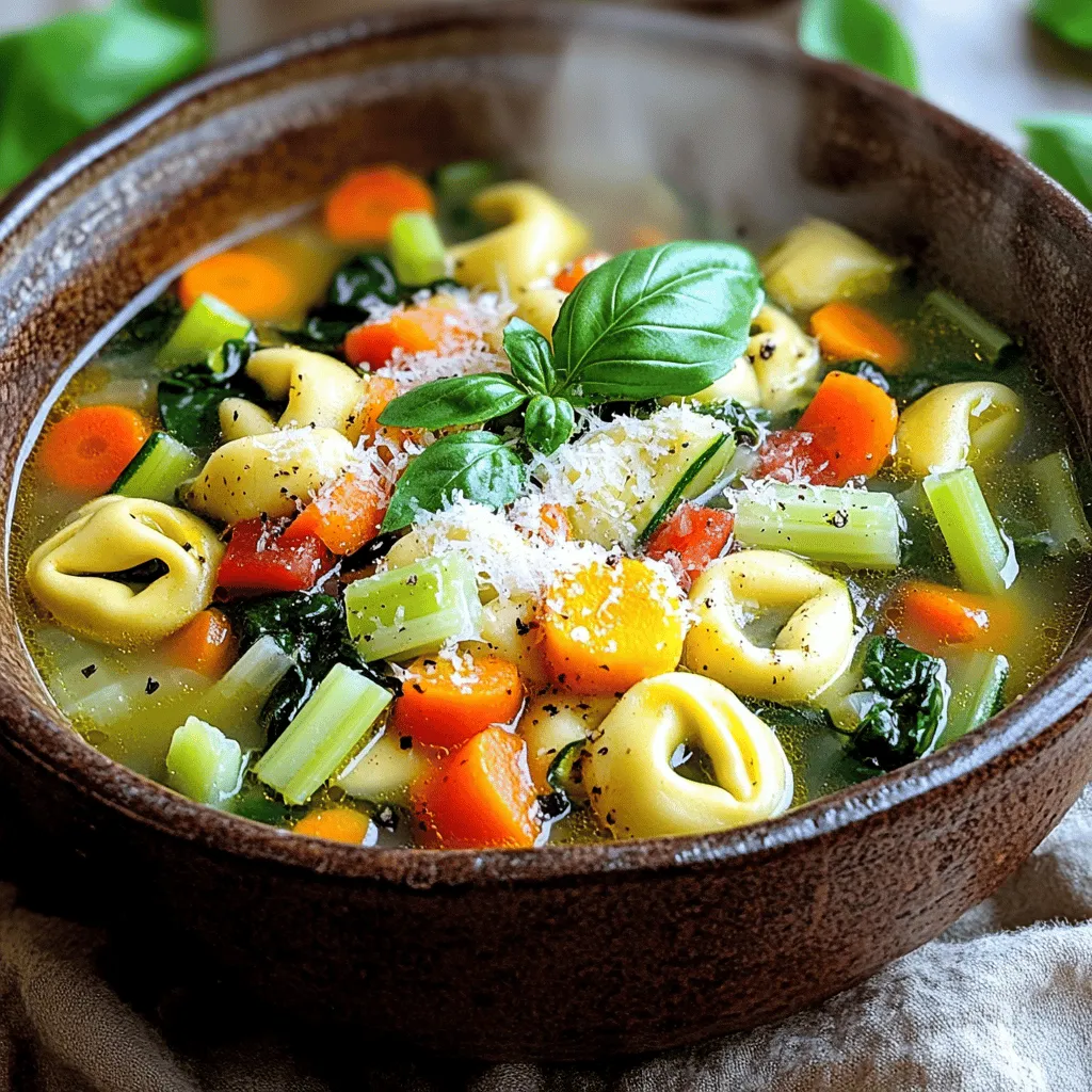 In this veggie-loaded tortellini soup, you will find a mix of fresh and pantry items. Each ingredient adds taste and nutrition. The balance of flavors is key. This soup is hearty and filling. You can enjoy it on a chilly day or any time you crave comfort food. Here are the fresh items you will need: - 1 medium onion, diced - 2 cloves garlic, minced - 2 medium carrots, diced - 2 celery stalks, diced - 1 red bell pepper, chopped - 1 zucchini, chopped - 1 cup fresh spinach, chopped Using fresh produce makes the soup vibrant. Each veggie brings its unique taste and texture. Carrots add sweetness, while spinach adds a healthy touch. The bell pepper gives it a nice crunch. You will also need some pantry staples and seasonings: - 1 tablespoon olive oil - 1 can (14.5 oz) diced tomatoes, undrained - 4 cups vegetable broth - 1 teaspoon dried oregano - 1 teaspoon dried basil - 1/2 teaspoon salt - 1/4 teaspoon black pepper - 1 package (9 oz) fresh cheese tortellini - 1 cup frozen peas - Grated Parmesan cheese (for serving) - Fresh basil leaves (for garnish) These ingredients bring warmth and depth to the soup. The olive oil gives a rich base. The tomatoes and broth make it hearty. The seasonings tie everything together. You can find the full recipe to see how these ingredients create magic in your bowl. Sautéing the Base Start by heating the olive oil in a large pot over medium heat. Once hot, add the diced onion. Sauté it for about 3 to 4 minutes until it softens and turns translucent. This step builds the flavor base for your soup. Next, stir in the minced garlic. Cook it for about a minute until it smells great. Adding Vegetables Now, add the diced carrots and celery to the pot. Sauté these for 5 to 6 minutes. Stir them occasionally until they begin to soften. Next, toss in the chopped red bell pepper, zucchini, and spinach. Cook this mix for another 3 to 4 minutes. You want the spinach to wilt down, adding more color and nutrients to your soup. Simmering the Soup After the vegetables look good, pour in the diced tomatoes, with their juice, and the vegetable broth. Then, stir in the dried oregano, basil, salt, and black pepper. Bring this mixture to a gentle simmer. It should bubble lightly, and the flavors will start to blend beautifully. Final Touches Once it’s simmering, add the fresh tortellini and frozen peas. Cook these for about 3 to 5 minutes, or as the tortellini package says. They will float to the top when they’re done. Taste your soup and adjust the seasoning if needed. Finally, serve the soup hot, garnished with grated Parmesan cheese and fresh basil leaves. For the full recipe, check out the details above. Adjusting Seasoning When you taste your soup, the flavors should pop. If it seems bland, add more salt or herbs. A squeeze of lemon juice can brighten it up too. Taste as you go. This step helps you find the balance that suits your taste. Cooking Time Tips Keep an eye on the cooking time. Overcooking the tortellini makes them mushy. Follow the package instructions carefully. When they float, they are ready. The soup can sit on low heat after cooking, keeping it warm without overcooking. Adding Heat Want some kick? Add crushed red pepper flakes or a splash of hot sauce. Start small, then add more to taste. This can transform your soup with just a little spice. Boosting Nutrition Looking to make your soup even healthier? Toss in extra greens like kale or Swiss chard. You can also add beans for fiber and protein. These ingredients not only enhance nutrition but also add texture and flavor to your meal. For the complete Veggie-Loaded Tortellini Soup recipe, check the Full Recipe. {{image_2}} You can change the veggies in this soup to fit your taste. Carrots, celery, and spinach are great, but you can also use others. Try adding kale for a hearty touch or bell peppers for sweetness. Broccoli and cauliflower add nice crunch. If you love mushrooms, throw in some sliced ones for earthiness. The beauty of this soup is its flexibility. Use what you have on hand, and it will still taste amazing. If you want to add protein, beans are a great choice. Canned chickpeas or black beans work well. Just rinse and stir them in during cooking. If you prefer chicken, use cooked, shredded chicken. It adds flavor and makes the soup more filling. You can add the chicken at the same time as the tortellini. This way, it heats through, and you enjoy every bite. When serving this soup, you can pair it with bread for a complete meal. A crusty baguette or garlic bread is perfect for dipping. If you want something lighter, a slice of whole-grain bread works well. You can also try a simple side salad to balance the dish. Toppings can make your soup even better. Besides grated Parmesan, try adding fresh herbs like parsley or cilantro. A sprinkle of red pepper flakes can add a kick. If you like creaminess, a dollop of sour cream or yogurt can enhance the flavors. These small touches can elevate your soup and impress your guests. For the detailed recipe, check the Full Recipe. Store your veggie-loaded tortellini soup in an airtight container. Let it cool to room temperature first. This helps keep the flavors fresh. In the fridge, it lasts for up to four days. Make sure to label the container with the date. When you're ready to enjoy the soup again, pour it into a pot. Heat it over medium heat. Stir occasionally until it's hot. You can also use a microwave. Heat for one to two minutes, stirring halfway. Add a splash of broth or water to keep it moist. You can freeze this soup for later! Use freezer-safe containers or bags. Leave some space at the top for expansion. It will keep well for about three months. To thaw, place it in the fridge overnight. Reheat it on the stove or in the microwave. Enjoy the same great taste even after freezing! For the full recipe, check out the complete guide. Veggie-Loaded Tortellini Soup can last in the fridge for about three to four days. Store it in an airtight container to keep it fresh. If you notice any changes in smell or color, it's best to throw it away. Yes, you can make this soup ahead of time. It tastes even better the next day. Just let it cool after cooking, then store it in the fridge. When you’re ready to eat, heat it on the stove or in the microwave. If you don’t have tortellini, try other pasta types, like shells or bowties. You can also use gnocchi or even rice. These options work well and will still make a tasty soup. For a gluten-free choice, use gluten-free pasta. For the full recipe and more details, check out the Full Recipe section. This blog post covered how to create a Veggie-Loaded Tortellini Soup. We explored the ingredients, from fresh produce to pantry staples. Then, I shared simple steps for preparation and cooking. You learned helpful tips for flavor and variety. Finally, I discussed proper storage and answered common questions. Now you have the tools to make this soup your own. Enjoy crafting delicious meals that nourish your body and mind.