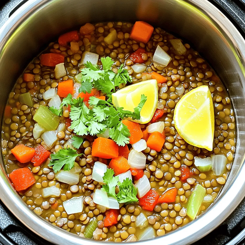 - 1 cup green or brown lentils, rinsed - 1 medium onion, chopped - 2 garlic cloves, minced - 1 carrot, diced - 1 red bell pepper, chopped - 1 can (14 oz) diced tomatoes (with juices) - 3 cups vegetable broth - 2 tablespoons olive oil - 2 teaspoons ground cumin - 2 teaspoons ground coriander - 1/2 teaspoon cinnamon - 1/2 teaspoon turmeric - 1/4 teaspoon cayenne pepper (optional) - Salt and pepper to taste - Fresh cilantro or parsley for garnish - Lemon wedges for serving When I create Moroccan Instant Pot lentils, I start with the basics. Lentils are the star here. You can use green or brown lentils. They are packed with protein and fiber. Rinsing them helps remove any debris. Next, I chop up a medium onion. The onion adds sweetness and depth to the dish. Then, I mince two garlic cloves. Garlic gives a nice kick. I also dice one carrot and chop one red bell pepper. These veggies bring color and texture to the meal. For the liquid, I choose a can of diced tomatoes. I keep the juices for added flavor. I also use three cups of vegetable broth to make it hearty. Olive oil is key too. I use two tablespoons. It helps sauté the veggies and boosts flavor. Now, let’s talk about spices. To get that Moroccan flavor, I add two teaspoons of ground cumin and two teaspoons of ground coriander. These spices are aromatic and warm. A half teaspoon of cinnamon adds sweetness. A half teaspoon of turmeric gives a lovely color. If you like heat, add a quarter teaspoon of cayenne pepper. Don't forget salt and pepper to taste. Lastly, I like to garnish with fresh cilantro or parsley. A squeeze of lemon brightens the dish. For the full recipe, check out the complete details. Enjoy making this flavorful and easy meal! - Turn on the Instant Pot and select the 'Sauté' function. - Add olive oil and chopped onions, sauté for 3-4 minutes. To begin, I heat the Instant Pot by selecting 'Sauté.' This step warms the pot and gets it ready for cooking. I add the olive oil, which gives flavor to the dish. Next, I toss in the chopped onions. I cook them for about 3-4 minutes until they become soft and clear. This creates a great base for my lentils. - Stir in minced garlic, diced carrot, and chopped red bell pepper. - Cook for another 3-4 minutes until veggies soften. Once the onions are ready, I add minced garlic. The scent of garlic makes everything better! Then, I toss in the diced carrot and chopped red bell pepper. I stir them all together and let them cook for another 3-4 minutes. This step helps the veggies soften and blend flavors. - Add rinsed lentils, diced tomatoes, vegetable broth, and spices. - Stir to combine all ingredients well and prepare for cooking. Next, I grab my rinsed lentils. I add them to the pot along with the diced tomatoes, including their juices. Then, I pour in the vegetable broth and add my spices: cumin, coriander, cinnamon, turmeric, and optional cayenne pepper. I season with salt and pepper too. I stir everything well to mix the flavors and prepare for cooking. - Close the lid and set the valve to 'sealing.' - Select 'Manual' or 'Pressure Cook' function, set timer for 15 minutes. Now it’s time to cook! I close the lid tightly. It’s important to set the valve to 'sealing.' This helps build pressure inside the pot. I then select 'Manual' or 'Pressure Cook' and set the timer for 15 minutes. The pressure will help cook the lentils quickly. - Allow for natural pressure release for 10 minutes. - Carefully open the lid, stir, and adjust seasoning. When the timer goes off, I let the pot release pressure naturally for 10 minutes. This step helps the lentils finish cooking gently. After that, I carefully switch the valve to 'venting' to let out any remaining steam. As I open the lid, I stir the lentils. I taste them and adjust the seasoning as needed. Now, my Moroccan Instant Pot lentils are ready to serve! For the full recipe, check out the detailed steps above. To know when lentils are perfectly cooked, look for a soft but firm bite. They should not turn mushy. The best way to adjust cooking time is by knowing your lentil type. Green and brown lentils usually take about 15 minutes. Red lentils cook faster, around 10 minutes. If you prefer a firmer texture, reduce the time by a few minutes. To boost flavor, consider adding spices like smoked paprika or ginger. These add warmth and depth. You can also play with herbs such as thyme or bay leaves. For protein, add cooked chicken or chickpeas after cooking. You can toss in veggies like spinach or zucchini to increase nutrition and color. When serving Moroccan lentils, pair them with warm pita or rice. A dollop of yogurt adds creaminess, while fresh lemon juice brightens the dish. For leftovers, mix them into a grain bowl or use them in tacos. You can even blend them into a soup for a cozy meal. {{image_2}} You can change the flavor and texture by using different lentil types. Red or yellow lentils cook faster than green or brown ones. They also break down more, making your dish creamier. If you use red or yellow lentils, reduce the cooking time to about 10 minutes. Always rinse them before cooking to remove dust and debris. This recipe is already vegetarian. To make it vegan, ensure your broth is plant-based. You can use vegetable broth instead of chicken broth for a richer taste. To boost flavor, add a splash of soy sauce or a spoonful of miso paste. Both options add depth without extra calories. Want some heat? You can add spices to make it spicier. Consider using cayenne pepper, jalapeños, or even a dash of hot sauce. Start small and taste as you go. You can always add more heat! If you like a smoky flavor, try smoked paprika. It gives your dish a unique twist. To store leftover Moroccan Instant Pot lentils, let them cool first. Place the lentils in an airtight container. Store them in the fridge for up to five days. For the best taste, try to eat them within three days. Keeping them in a sealed container helps maintain flavor and texture. The lentils may absorb moisture, so avoid leaving them in open dishes. If you want to freeze lentils, use a freezer-safe container or a heavy-duty bag. Divide the lentils into smaller portions for easy thawing. Make sure to leave some space in the container for expansion. Label the bags with dates for reference. Lentils can last up to three months in the freezer. To thaw, move them to the fridge overnight or use the microwave. You can reheat lentils in the microwave or on the stovetop. For the microwave, place lentils in a bowl with a splash of water. Cover with a lid and heat for 1-2 minutes, stirring halfway. For the stovetop, warm them in a saucepan over low heat. Add a little broth or water to keep them moist. To refresh flavors, add a squeeze of lemon juice or a sprinkle of fresh herbs. This gives your lentils a nice boost! Yes, you can use dried spices. Dried spices have a stronger flavor. Use about one-third of the amount when switching from fresh. Always taste as you go to adjust to your liking. To avoid mushy lentils, rinse them well and soak them for an hour. Use less liquid when cooking. Keep an eye on the cooking time. For green or brown lentils, 15 minutes usually works well. Moroccan lentils pair well with rice or couscous. You can also serve them with crusty bread. A simple salad with lemon vinaigrette adds freshness. Roasted vegetables are another great side option. Cooked lentils can last up to five days in the fridge. Store them in an airtight container. Always check for signs of spoilage before eating. If in doubt, throw them out! Yes, you can easily double this recipe. Just make sure your Instant Pot can handle the extra volume. Adjust the cooking time slightly if needed. Always check for doneness before serving. We've explored how to make delicious Moroccan lentils in your Instant Pot. From selecting the right ingredients to perfecting the cooking process, this dish is simple and flavorful. I shared tips for different lentil types, enhancing flavors, and storing leftovers. Remember, you can easily adjust the spices to match your taste. This recipe is nutritious and versatile, perfect for any meal. Enjoy experimenting with it, and make it your own!