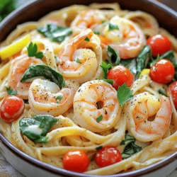 - 300g linguine or fettuccine pasta - 500g shrimp, peeled and deveined - 1 cup heavy cream - 3 cloves garlic, minced - 1 medium onion, finely chopped - 1 tablespoon olive oil - 1 cup cherry tomatoes, halved - 1 cup baby spinach - 1/2 cup grated Parmesan cheese When I prepare creamy shrimp pasta, I focus on fresh, simple ingredients. The base starts with either linguine or fettuccine. Both types soak up the sauce well. The shrimp is the star here, so choose large, fresh shrimp. They add a sweet and juicy flavor. For the sauce, I use heavy cream. It makes the dish rich and smooth. I always add garlic and onion for depth. Together, they create a savory foundation. A bit of olive oil helps to sauté these ingredients. I love to add cherry tomatoes and baby spinach. These veggies bring color and nutrients. The tomatoes burst with flavor, while the spinach adds a nice green touch. Finally, I sprinkle grated Parmesan cheese for a cheesy finish. This combination creates a deliciously balanced meal. If you want to explore more, check the Full Recipe for detailed steps! - Start by filling a large pot with water. - Add a generous amount of salt to the water. - Bring the water to a rolling boil. - Once boiling, add 300g of linguine or fettuccine. - Cook according to the package instructions. - Aim for the pasta to be al dente. - This usually takes about 8 to 10 minutes. - When done, drain the pasta but save 1/2 cup of water. - In a large skillet, pour in 1 tablespoon of olive oil. - Heat the oil over medium-high heat. - Add 1 finely chopped onion. - Cook the onion until it turns translucent, about 3-4 minutes. - Next, stir in 3 minced garlic cloves and 1 teaspoon paprika. - Cook for about 1 minute, letting the aroma fill the air. - Add 500g of peeled and deveined shrimp. - Season with salt and pepper to taste. - Cook the shrimp for 2-3 minutes on each side. - Look for them to turn pink and opaque. - Remove the shrimp from the skillet and set aside. - In the same skillet, reduce the heat to medium. - Pour in 1 cup of heavy cream and stir well. - Add in 1 cup of halved cherry tomatoes and 1 cup of baby spinach. - Let them cook until the spinach wilts, about 2-3 minutes. - Once the vegetables soften, return the shrimp to the skillet. - Stir in 1/2 cup of grated Parmesan cheese, lemon zest, and juice. - Mix until the cheese melts into the sauce. - If the sauce feels too thick, slowly add the reserved pasta water. - Toss in the cooked pasta, mixing until well-coated. You can find the Full Recipe above for more details. Enjoy your meal! To make perfect pasta, use a large pot with plenty of water. Add salt to the water; this adds flavor. Cook your pasta until it is al dente, which means it should still have a slight bite. This keeps the pasta from getting mushy later. When cooking shrimp, heat your skillet over medium-high heat. Add oil, then shrimp. Cook until they turn pink, about 2-3 minutes per side. Remove them as soon as they are done. Overcooked shrimp can become rubbery and tough. To boost flavor, try adding spices like red pepper flakes or fresh herbs like basil and oregano. They add warmth and depth to the sauce. You can also mix in a splash of white wine for a rich taste. For a creamier dish, add a dollop of mascarpone cheese or a splash of sour cream. These ingredients bring extra richness and a smooth texture to your creamy shrimp pasta. For a beautiful dish, twirl the pasta into nests on your plates. This makes for an inviting look. Add shrimp on top, then drizzle with sauce for appeal. Garnish with fresh parsley or grated Parmesan. A sprinkle of lemon zest adds color and brightness. It also enhances the dish’s fresh flavor. Serve with a slice of lemon on the side for an extra pop. Enjoy this creamy shrimp pasta with flair! {{image_2}} You can switch up the pasta for a new taste. Use penne, spaghetti, or even whole wheat pasta. Each type brings a different texture and flavor. If you want to try something new, gluten-free pasta can work well, too. Just follow the cooking instructions on the package. If shrimp isn’t your thing, consider using other seafood. Scallops, crab, or even salmon make great swaps. They all cook quickly and pair well with the creamy sauce. Just make sure to adjust cooking times for each type of seafood. Want to add some zing? Try adding white wine to the sauce. It boosts flavor and adds depth. Just let it simmer for a minute before adding the cream. You can also mix in herbs like basil or thyme for a fresh twist. Adding vegetables can change the dish’s feel. Broccoli, peas, or bell peppers work great. Just sauté them with the shrimp for added crunch and color. You can even toss in some spinach, like in the original recipe, or try kale for a heartier taste. For those seeking gluten-free options, many brands make gluten-free pasta. Look for options made from rice or chickpeas for a healthy choice. They taste great, and you won’t miss the gluten at all. If dairy is a concern, you can make a dairy-free version. Use coconut milk or almond milk in place of cream. Nutritional yeast can replace Parmesan cheese for a cheesy flavor without dairy. Adjust the amounts to suit your taste. To find the complete recipe, check the Full Recipe section. Enjoy making this dish your own! To store leftovers, let the creamy shrimp pasta cool down first. Once cool, place it in an airtight container. This step helps keep the pasta fresh. You can keep it in the fridge for up to three days. If you want to enjoy it later, make sure to check for any signs of spoilage before eating. To freeze the dish, place the cooled pasta in a freezer-safe container. Leave some space at the top, as the sauce may expand. You can freeze it for up to three months. When you are ready to eat, thaw the pasta overnight in the fridge. To reheat, warm it gently in a skillet over low heat. You can add a splash of cream or pasta water to help restore the sauce's creaminess. To avoid texture changes when reheating, don't heat the pasta too quickly. This can make the shrimp tough. Instead, use low heat and stir often. Consume it within three days for the best taste. The flavors will be freshest, and the texture will remain nice. Always check for good smell and color before enjoying your leftovers! To make creamy shrimp pasta, follow these steps: 1. Cook the Pasta: Boil salted water in a pot. Add linguine or fettuccine. Cook until al dente, about 8-10 minutes. Drain the pasta, saving 1/2 cup of the water. 2. Sauté the Shrimp: In a skillet, heat olive oil over medium-high heat. Cook chopped onion until clear, about 3-4 minutes. Add minced garlic and paprika; cook for 1 minute. 3. Add Shrimp: Place shrimp in the skillet. Season with salt and pepper. Cook until pink, about 2-3 minutes on each side. Set shrimp aside. 4. Make the Cream Sauce: In the same skillet, lower the heat. Add heavy cream, mixing well. Stir in cherry tomatoes and spinach. Cook until the spinach wilts, about 2-3 minutes. 5. Combine: Add shrimp back to the skillet. Mix in grated Parmesan, lemon zest, and juice. If it's thick, add reserved pasta water. 6. Mix with Pasta: Toss in the cooked pasta until it’s coated in sauce. 7. Serve: Plate the pasta, garnishing with parsley and extra cheese. Yes, you can use frozen shrimp! Here’s how to prepare them: - Thawing: Place frozen shrimp in a bowl of cold water for about 10-15 minutes. This helps them thaw quickly. - Cleaning: After thawing, rinse the shrimp under cold water. Peel and devein if needed. - Cooking: Add them directly to the skillet after the onion and garlic. Cook until they turn pink. Here are some great side dish ideas: - Garlic Bread: Crusty and buttery, it pairs well with creamy pasta. - Salad: A fresh green salad with a light vinaigrette can balance the meal. - Roasted Vegetables: Carrots, broccoli, or asparagus add flavor and color. - Wine: A crisp white wine complements the shrimp nicely. For more details, check the Full Recipe to get started on this dish! This blog post covers the key ingredients and steps to make creamy shrimp pasta. You learned about the main ingredients, cooking techniques, and tips for perfect results. Consider variations and dietary swaps to suit your needs. Whether you stick to the classic recipe or try something new, you can create a delicious meal. Follow these steps, and you'll impress everyone at the table. Enjoy your pasta-making journey!