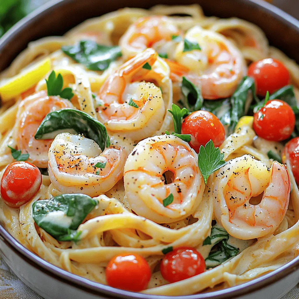 - 300g linguine or fettuccine pasta - 500g shrimp, peeled and deveined - 1 cup heavy cream - 3 cloves garlic, minced - 1 medium onion, finely chopped - 1 tablespoon olive oil - 1 cup cherry tomatoes, halved - 1 cup baby spinach - 1/2 cup grated Parmesan cheese When I prepare creamy shrimp pasta, I focus on fresh, simple ingredients. The base starts with either linguine or fettuccine. Both types soak up the sauce well. The shrimp is the star here, so choose large, fresh shrimp. They add a sweet and juicy flavor. For the sauce, I use heavy cream. It makes the dish rich and smooth. I always add garlic and onion for depth. Together, they create a savory foundation. A bit of olive oil helps to sauté these ingredients. I love to add cherry tomatoes and baby spinach. These veggies bring color and nutrients. The tomatoes burst with flavor, while the spinach adds a nice green touch. Finally, I sprinkle grated Parmesan cheese for a cheesy finish. This combination creates a deliciously balanced meal. If you want to explore more, check the Full Recipe for detailed steps! - Start by filling a large pot with water. - Add a generous amount of salt to the water. - Bring the water to a rolling boil. - Once boiling, add 300g of linguine or fettuccine. - Cook according to the package instructions. - Aim for the pasta to be al dente. - This usually takes about 8 to 10 minutes. - When done, drain the pasta but save 1/2 cup of water. - In a large skillet, pour in 1 tablespoon of olive oil. - Heat the oil over medium-high heat. - Add 1 finely chopped onion. - Cook the onion until it turns translucent, about 3-4 minutes. - Next, stir in 3 minced garlic cloves and 1 teaspoon paprika. - Cook for about 1 minute, letting the aroma fill the air. - Add 500g of peeled and deveined shrimp. - Season with salt and pepper to taste. - Cook the shrimp for 2-3 minutes on each side. - Look for them to turn pink and opaque. - Remove the shrimp from the skillet and set aside. - In the same skillet, reduce the heat to medium. - Pour in 1 cup of heavy cream and stir well. - Add in 1 cup of halved cherry tomatoes and 1 cup of baby spinach. - Let them cook until the spinach wilts, about 2-3 minutes. - Once the vegetables soften, return the shrimp to the skillet. - Stir in 1/2 cup of grated Parmesan cheese, lemon zest, and juice. - Mix until the cheese melts into the sauce. - If the sauce feels too thick, slowly add the reserved pasta water. - Toss in the cooked pasta, mixing until well-coated. You can find the Full Recipe above for more details. Enjoy your meal! To make perfect pasta, use a large pot with plenty of water. Add salt to the water; this adds flavor. Cook your pasta until it is al dente, which means it should still have a slight bite. This keeps the pasta from getting mushy later. When cooking shrimp, heat your skillet over medium-high heat. Add oil, then shrimp. Cook until they turn pink, about 2-3 minutes per side. Remove them as soon as they are done. Overcooked shrimp can become rubbery and tough. To boost flavor, try adding spices like red pepper flakes or fresh herbs like basil and oregano. They add warmth and depth to the sauce. You can also mix in a splash of white wine for a rich taste. For a creamier dish, add a dollop of mascarpone cheese or a splash of sour cream. These ingredients bring extra richness and a smooth texture to your creamy shrimp pasta. For a beautiful dish, twirl the pasta into nests on your plates. This makes for an inviting look. Add shrimp on top, then drizzle with sauce for appeal. Garnish with fresh parsley or grated Parmesan. A sprinkle of lemon zest adds color and brightness. It also enhances the dish’s fresh flavor. Serve with a slice of lemon on the side for an extra pop. Enjoy this creamy shrimp pasta with flair! {{image_2}} You can switch up the pasta for a new taste. Use penne, spaghetti, or even whole wheat pasta. Each type brings a different texture and flavor. If you want to try something new, gluten-free pasta can work well, too. Just follow the cooking instructions on the package. If shrimp isn’t your thing, consider using other seafood. Scallops, crab, or even salmon make great swaps. They all cook quickly and pair well with the creamy sauce. Just make sure to adjust cooking times for each type of seafood. Want to add some zing? Try adding white wine to the sauce. It boosts flavor and adds depth. Just let it simmer for a minute before adding the cream. You can also mix in herbs like basil or thyme for a fresh twist. Adding vegetables can change the dish’s feel. Broccoli, peas, or bell peppers work great. Just sauté them with the shrimp for added crunch and color. You can even toss in some spinach, like in the original recipe, or try kale for a heartier taste. For those seeking gluten-free options, many brands make gluten-free pasta. Look for options made from rice or chickpeas for a healthy choice. They taste great, and you won’t miss the gluten at all. If dairy is a concern, you can make a dairy-free version. Use coconut milk or almond milk in place of cream. Nutritional yeast can replace Parmesan cheese for a cheesy flavor without dairy. Adjust the amounts to suit your taste. To find the complete recipe, check the Full Recipe section. Enjoy making this dish your own! To store leftovers, let the creamy shrimp pasta cool down first. Once cool, place it in an airtight container. This step helps keep the pasta fresh. You can keep it in the fridge for up to three days. If you want to enjoy it later, make sure to check for any signs of spoilage before eating. To freeze the dish, place the cooled pasta in a freezer-safe container. Leave some space at the top, as the sauce may expand. You can freeze it for up to three months. When you are ready to eat, thaw the pasta overnight in the fridge. To reheat, warm it gently in a skillet over low heat. You can add a splash of cream or pasta water to help restore the sauce's creaminess. To avoid texture changes when reheating, don't heat the pasta too quickly. This can make the shrimp tough. Instead, use low heat and stir often. Consume it within three days for the best taste. The flavors will be freshest, and the texture will remain nice. Always check for good smell and color before enjoying your leftovers! To make creamy shrimp pasta, follow these steps: 1. Cook the Pasta: Boil salted water in a pot. Add linguine or fettuccine. Cook until al dente, about 8-10 minutes. Drain the pasta, saving 1/2 cup of the water. 2. Sauté the Shrimp: In a skillet, heat olive oil over medium-high heat. Cook chopped onion until clear, about 3-4 minutes. Add minced garlic and paprika; cook for 1 minute. 3. Add Shrimp: Place shrimp in the skillet. Season with salt and pepper. Cook until pink, about 2-3 minutes on each side. Set shrimp aside. 4. Make the Cream Sauce: In the same skillet, lower the heat. Add heavy cream, mixing well. Stir in cherry tomatoes and spinach. Cook until the spinach wilts, about 2-3 minutes. 5. Combine: Add shrimp back to the skillet. Mix in grated Parmesan, lemon zest, and juice. If it's thick, add reserved pasta water. 6. Mix with Pasta: Toss in the cooked pasta until it’s coated in sauce. 7. Serve: Plate the pasta, garnishing with parsley and extra cheese. Yes, you can use frozen shrimp! Here’s how to prepare them: - Thawing: Place frozen shrimp in a bowl of cold water for about 10-15 minutes. This helps them thaw quickly. - Cleaning: After thawing, rinse the shrimp under cold water. Peel and devein if needed. - Cooking: Add them directly to the skillet after the onion and garlic. Cook until they turn pink. Here are some great side dish ideas: - Garlic Bread: Crusty and buttery, it pairs well with creamy pasta. - Salad: A fresh green salad with a light vinaigrette can balance the meal. - Roasted Vegetables: Carrots, broccoli, or asparagus add flavor and color. - Wine: A crisp white wine complements the shrimp nicely. For more details, check the Full Recipe to get started on this dish! This blog post covers the key ingredients and steps to make creamy shrimp pasta. You learned about the main ingredients, cooking techniques, and tips for perfect results. Consider variations and dietary swaps to suit your needs. Whether you stick to the classic recipe or try something new, you can create a delicious meal. Follow these steps, and you'll impress everyone at the table. Enjoy your pasta-making journey!