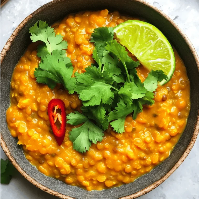 To make coconut curry lentils, gather these ingredients: - 1 cup red lentils, rinsed - 1 can (14 oz) coconut milk - 1 tablespoon coconut oil - 1 medium onion, finely chopped - 3 cloves garlic, minced - 1 inch ginger, grated - 1 tablespoon curry powder - 1 teaspoon turmeric powder - 1 teaspoon cumin seeds - 1 cup vegetable broth - 1 small red chili, sliced (optional, for heat) - Salt, to taste - Fresh cilantro, for garnish - Lime wedges, for serving You can swap some ingredients for your taste: - Use green or brown lentils instead of red. - Swap coconut oil for olive oil or butter. - Use vegetable stock instead of broth. - Try adding spinach or kale for extra greens. - Substitute lime with lemon for a different zest. These ingredients are not just tasty; they also offer health perks: - Red lentils are high in protein and fiber. They help keep you full and support digestion. - Coconut milk adds healthy fats and aids in nutrient absorption. - Ginger can help reduce inflammation and improve digestion. - Turmeric is known for its anti-inflammatory properties. - Garlic supports heart health and boosts the immune system. - Cilantro is rich in antioxidants and helps detoxify the body. By using these ingredients, you create a dish that is both delicious and nutritious. You can find the full recipe for coconut curry lentils to guide you through each step. To make coconut curry lentils, you need to gather all your ingredients first. This makes cooking easy and fun. You will need red lentils, coconut milk, coconut oil, onion, garlic, ginger, curry powder, turmeric, cumin seeds, vegetable broth, chili, salt, cilantro, and lime. Make sure you rinse the lentils well before use. 1. Heat one tablespoon of coconut oil in a saucepan over medium heat. 2. Add one teaspoon of cumin seeds. Sauté for one minute until they crackle. 3. Next, add one medium onion, finely chopped. Cook for five to seven minutes until soft and golden. 4. Stir in three cloves of minced garlic and one inch of grated ginger. Cook for another one to two minutes until it smells great. 5. Add one tablespoon of curry powder and one teaspoon of turmeric. Stir well and let it cook for one more minute. 6. Pour in one cup of rinsed red lentils, one can of coconut milk, and one cup of vegetable broth. Mix everything well. 7. Bring the mix to a gentle boil. Then, lower the heat and cover the pan. Let it simmer for 20 to 25 minutes, stirring now and then. 8. Taste and add salt as needed. If you like heat, stir in the sliced red chili. 9. Once done, remove from heat. Let the lentils sit, covered, for five minutes before serving. 10. Serve warm in bowls, garnished with fresh cilantro and lime wedges. To get the best texture, make sure not to overcook the lentils. They should be tender but not mushy. If it looks too thick, add a bit more vegetable broth. If it seems too thin, cook it a little longer without the lid. This way, you can adjust the consistency to your liking. Enjoy your meal! For the full recipe, check the earlier section. One common mistake is not rinsing the lentils. Rinsing removes dirt and helps them cook better. Another mistake is cooking on high heat. This can burn the spices and ruin the flavor. Always simmer on low heat for the best taste. Lastly, don’t skip the resting time after cooking. Letting the lentils sit helps the flavors meld together. To boost flavor, add a squeeze of fresh lime juice before serving. This adds brightness and freshness. You can also mix in some chopped spinach or kale for extra nutrients. A dash of soy sauce or tamari enhances umami notes, making the dish even richer. If you love heat, add more sliced chili or a sprinkle of red pepper flakes. For this recipe, you will need a medium saucepan. A good knife helps chop the onion and garlic easily. Use a cutting board for safe prep. A wooden spoon works well for stirring the lentils as they cook. A measuring cup helps ensure you get the right amount of lentils and broth. A ladle makes serving easy and neat. For the full recipe, check out the detailed instructions. Enjoy your cooking! {{image_2}} Coconut curry lentils are already vegan, making them great for plant-based diets. You can enhance the dish with more veggies. Add spinach, kale, or bell peppers for extra flavor and nutrition. These additions bring color and freshness. If you prefer a meatier texture, try adding mushrooms. They soak up the curry flavors well. If you like spice, add more red chili or a pinch of cayenne pepper. This boosts the heat level. If you prefer a milder taste, skip the red chili. You can also use sweet potatoes or carrots. These ingredients add sweetness without heat. Adjust the spice based on your taste buds. Feel free to swap ingredients based on what you have. Use vegetable broth instead of chicken broth for a richer flavor. If you can’t find coconut milk, try almond milk or cashew cream. They won’t taste the same, but they can work. For a different protein, use chickpeas in place of lentils. This will change the texture but keep it hearty. Explore your pantry and have fun experimenting! For the full recipe, check out the detailed instructions above. Store your Coconut Curry Lentils in an airtight container. This keeps them fresh longer. Make sure the lentils are cool before sealing the container. They can stay in the fridge for up to five days. If you plan to eat them later, portion them out. This makes reheating easier and helps avoid waste. When you are ready to eat, take out the lentils. You can reheat them on the stove or in the microwave. If using the stove, add a splash of water or broth. This helps loosen the lentils, so they don’t dry out. Heat over low heat until warm. In the microwave, cover the lentils and heat in short bursts. Stir every so often to ensure even heating. To freeze your Coconut Curry Lentils, let them cool completely. Then, transfer them to a freezer-safe container. Leave some space at the top, as liquids expand when frozen. They can last in the freezer for up to three months. When you are ready to eat, thaw them in the fridge overnight. Reheat as mentioned earlier. Enjoy this delicious meal anytime! For the complete recipe, check out the Full Recipe section. You can store Coconut Curry Lentils in the fridge for up to five days. Make sure the lentils are in an airtight container. This keeps them fresh and tasty. If you want to keep them longer, you can freeze them. They will last for about three months in the freezer. Just thaw them overnight in the fridge before reheating. Yes, you can use other types of lentils! While red lentils cook quickly and get soft, green or brown lentils work too. They will hold their shape better and take longer to cook. If you use these lentils, add more broth and adjust the cooking time. They may need an extra 10 to 15 minutes on the stove. Coconut Curry Lentils pair well with many dishes. You can serve them over rice or quinoa for a hearty meal. Naan bread or pita also makes a great side. If you want a fresh touch, add a salad or steamed veggies. A squeeze of lime on top brightens the flavors and makes every bite better. You can find the full recipe linked above for more tips! In this blog post, we covered the key ingredients for coconut curry lentils and their health benefits. I shared step-by-step cooking instructions and tips for the best results. We looked at common mistakes and how to fix them. You now know variations for different diets and the best ways to store your dish. Coconut curry lentils are versatile and delicious. Their flavors can adapt to your taste. Try different ingredients and enjoy this healthy meal!