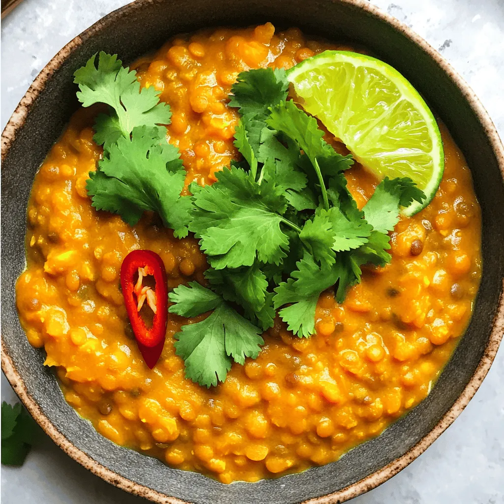 To make coconut curry lentils, gather these ingredients: - 1 cup red lentils, rinsed - 1 can (14 oz) coconut milk - 1 tablespoon coconut oil - 1 medium onion, finely chopped - 3 cloves garlic, minced - 1 inch ginger, grated - 1 tablespoon curry powder - 1 teaspoon turmeric powder - 1 teaspoon cumin seeds - 1 cup vegetable broth - 1 small red chili, sliced (optional, for heat) - Salt, to taste - Fresh cilantro, for garnish - Lime wedges, for serving You can swap some ingredients for your taste: - Use green or brown lentils instead of red. - Swap coconut oil for olive oil or butter. - Use vegetable stock instead of broth. - Try adding spinach or kale for extra greens. - Substitute lime with lemon for a different zest. These ingredients are not just tasty; they also offer health perks: - Red lentils are high in protein and fiber. They help keep you full and support digestion. - Coconut milk adds healthy fats and aids in nutrient absorption. - Ginger can help reduce inflammation and improve digestion. - Turmeric is known for its anti-inflammatory properties. - Garlic supports heart health and boosts the immune system. - Cilantro is rich in antioxidants and helps detoxify the body. By using these ingredients, you create a dish that is both delicious and nutritious. You can find the full recipe for coconut curry lentils to guide you through each step. To make coconut curry lentils, you need to gather all your ingredients first. This makes cooking easy and fun. You will need red lentils, coconut milk, coconut oil, onion, garlic, ginger, curry powder, turmeric, cumin seeds, vegetable broth, chili, salt, cilantro, and lime. Make sure you rinse the lentils well before use. 1. Heat one tablespoon of coconut oil in a saucepan over medium heat. 2. Add one teaspoon of cumin seeds. Sauté for one minute until they crackle. 3. Next, add one medium onion, finely chopped. Cook for five to seven minutes until soft and golden. 4. Stir in three cloves of minced garlic and one inch of grated ginger. Cook for another one to two minutes until it smells great. 5. Add one tablespoon of curry powder and one teaspoon of turmeric. Stir well and let it cook for one more minute. 6. Pour in one cup of rinsed red lentils, one can of coconut milk, and one cup of vegetable broth. Mix everything well. 7. Bring the mix to a gentle boil. Then, lower the heat and cover the pan. Let it simmer for 20 to 25 minutes, stirring now and then. 8. Taste and add salt as needed. If you like heat, stir in the sliced red chili. 9. Once done, remove from heat. Let the lentils sit, covered, for five minutes before serving. 10. Serve warm in bowls, garnished with fresh cilantro and lime wedges. To get the best texture, make sure not to overcook the lentils. They should be tender but not mushy. If it looks too thick, add a bit more vegetable broth. If it seems too thin, cook it a little longer without the lid. This way, you can adjust the consistency to your liking. Enjoy your meal! For the full recipe, check the earlier section. One common mistake is not rinsing the lentils. Rinsing removes dirt and helps them cook better. Another mistake is cooking on high heat. This can burn the spices and ruin the flavor. Always simmer on low heat for the best taste. Lastly, don’t skip the resting time after cooking. Letting the lentils sit helps the flavors meld together. To boost flavor, add a squeeze of fresh lime juice before serving. This adds brightness and freshness. You can also mix in some chopped spinach or kale for extra nutrients. A dash of soy sauce or tamari enhances umami notes, making the dish even richer. If you love heat, add more sliced chili or a sprinkle of red pepper flakes. For this recipe, you will need a medium saucepan. A good knife helps chop the onion and garlic easily. Use a cutting board for safe prep. A wooden spoon works well for stirring the lentils as they cook. A measuring cup helps ensure you get the right amount of lentils and broth. A ladle makes serving easy and neat. For the full recipe, check out the detailed instructions. Enjoy your cooking! {{image_2}} Coconut curry lentils are already vegan, making them great for plant-based diets. You can enhance the dish with more veggies. Add spinach, kale, or bell peppers for extra flavor and nutrition. These additions bring color and freshness. If you prefer a meatier texture, try adding mushrooms. They soak up the curry flavors well. If you like spice, add more red chili or a pinch of cayenne pepper. This boosts the heat level. If you prefer a milder taste, skip the red chili. You can also use sweet potatoes or carrots. These ingredients add sweetness without heat. Adjust the spice based on your taste buds. Feel free to swap ingredients based on what you have. Use vegetable broth instead of chicken broth for a richer flavor. If you can’t find coconut milk, try almond milk or cashew cream. They won’t taste the same, but they can work. For a different protein, use chickpeas in place of lentils. This will change the texture but keep it hearty. Explore your pantry and have fun experimenting! For the full recipe, check out the detailed instructions above. Store your Coconut Curry Lentils in an airtight container. This keeps them fresh longer. Make sure the lentils are cool before sealing the container. They can stay in the fridge for up to five days. If you plan to eat them later, portion them out. This makes reheating easier and helps avoid waste. When you are ready to eat, take out the lentils. You can reheat them on the stove or in the microwave. If using the stove, add a splash of water or broth. This helps loosen the lentils, so they don’t dry out. Heat over low heat until warm. In the microwave, cover the lentils and heat in short bursts. Stir every so often to ensure even heating. To freeze your Coconut Curry Lentils, let them cool completely. Then, transfer them to a freezer-safe container. Leave some space at the top, as liquids expand when frozen. They can last in the freezer for up to three months. When you are ready to eat, thaw them in the fridge overnight. Reheat as mentioned earlier. Enjoy this delicious meal anytime! For the complete recipe, check out the Full Recipe section. You can store Coconut Curry Lentils in the fridge for up to five days. Make sure the lentils are in an airtight container. This keeps them fresh and tasty. If you want to keep them longer, you can freeze them. They will last for about three months in the freezer. Just thaw them overnight in the fridge before reheating. Yes, you can use other types of lentils! While red lentils cook quickly and get soft, green or brown lentils work too. They will hold their shape better and take longer to cook. If you use these lentils, add more broth and adjust the cooking time. They may need an extra 10 to 15 minutes on the stove. Coconut Curry Lentils pair well with many dishes. You can serve them over rice or quinoa for a hearty meal. Naan bread or pita also makes a great side. If you want a fresh touch, add a salad or steamed veggies. A squeeze of lime on top brightens the flavors and makes every bite better. You can find the full recipe linked above for more tips! In this blog post, we covered the key ingredients for coconut curry lentils and their health benefits. I shared step-by-step cooking instructions and tips for the best results. We looked at common mistakes and how to fix them. You now know variations for different diets and the best ways to store your dish. Coconut curry lentils are versatile and delicious. Their flavors can adapt to your taste. Try different ingredients and enjoy this healthy meal!