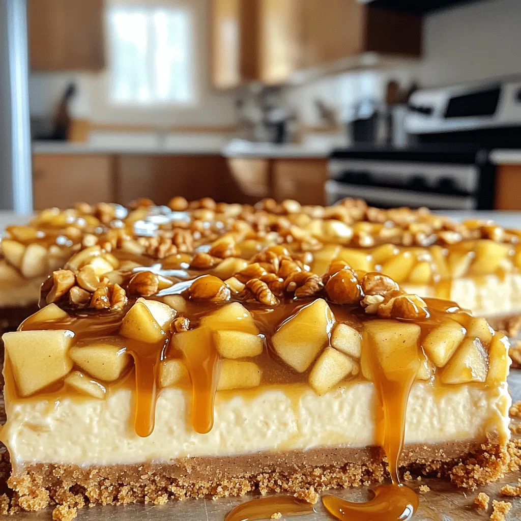 To make your caramel apple cheesecake bars, gather these simple items: - 1 ½ cups graham cracker crumbs - ½ cup unsalted butter, melted - 2 cups cream cheese, softened - 1 cup granulated sugar - 2 large eggs - 1 teaspoon vanilla extract - 2 cups diced apples (about 2 medium apples, peeled) - 1 teaspoon cinnamon - ½ cup caramel sauce (store-bought or homemade) - ¼ cup chopped walnuts (optional) - Extra caramel sauce for drizzling You can add some yummy touches to your bars. Try these options: - Chopped nuts like pecans or almonds for crunch - A sprinkle of sea salt on top for flavor - Different spices like nutmeg for a warm twist If you need swaps, here are some ideas: - Use gluten-free graham crackers for a gluten-free base. - Swap cream cheese with a dairy-free alternative for a vegan option. - Replace granulated sugar with coconut sugar or maple syrup for a natural sweetener. - Try honey instead of caramel sauce for a lighter flavor. For the complete recipe, check out Full Recipe. Start by preheating your oven to 325°F (160°C). In a bowl, mix 1 ½ cups of graham cracker crumbs with ½ cup of melted unsalted butter. Stir until the crumbs soak up the butter. This blend creates a tasty base. Now, press the mixture firmly into the bottom of a lined 9x9-inch baking dish. Make sure it is even. Bake this crust for 10 minutes. After baking, take it out and let it cool slightly. In a large bowl, beat 2 cups of softened cream cheese with 1 cup of granulated sugar. Use an electric mixer for a smooth texture. After it’s creamy, add 2 large eggs one at a time. Mix well after each addition. Then, stir in 1 teaspoon of vanilla extract until combined. Next, fold in 2 cups of diced apples and 1 teaspoon of cinnamon. Make sure they are evenly mixed into the filling. Pour the cheesecake filling over the cooled crust. Use a spatula to smooth it out. Drizzle ½ cup of caramel sauce on top. Take a knife or toothpick and swirl it through the mixture. This creates a nice marbled look. Bake the bars for 35-40 minutes. The center should be set and slightly jiggly. After baking, let the bars cool at room temperature for an hour. Then, refrigerate for at least 4 hours or overnight for the best taste. Once set, lift the bars out using the parchment paper edges. Cut into squares and drizzle with extra caramel sauce. Enjoy the deliciousness of your caramel apple cheesecake bars! For a full recipe, you can refer to the instructions above. To get a smooth cheesecake, use soft cream cheese. Make sure it sits out for a while. Cold cream cheese makes lumps. Beat it well until creamy before adding other items. Mix the sugar in slowly. This helps to avoid too much air, which can cause cracks. Swirling caramel is fun and easy. After pouring your cheesecake mix, drizzle caramel on top. Use a knife or toothpick to swirl it. Don’t overdo it, or you’ll lose the pretty design. A few gentle swirls give a lovely marbled look. These bars are best served chilled. Cut them into squares for easy sharing. Drizzle extra caramel on top before serving. Walnuts add a nice crunch if you like. Pair them with a scoop of vanilla ice cream for a treat. For the full recipe, check out the details above. {{image_2}} You can change the fruit in these bars to suit your taste. Pears work great, too. Their sweet flavor pairs well with caramel. You can also try berries for a fun twist. Blueberries or raspberries add a nice color. Just make sure to adjust the sugar if you use tart fruits. Toppings can make your bars even better. Instead of walnuts, try pecans for a different crunch. Toasted coconut flakes can add a tropical feel. You can also use whipped cream to make it richer. If you love chocolate, drizzling some melted chocolate on top is a sweet idea. You can make this recipe gluten-free easily. Just swap the graham cracker crumbs for gluten-free ones. Look for brands that use almond or coconut flour. This change keeps the bars delicious without gluten. Don't forget to check your caramel sauce for gluten, too! For more details on how to make these tasty bars, check the Full Recipe. To keep your caramel apple cheesecake bars fresh, store them in an airtight container. Use parchment paper to separate layers, if needed. This prevents sticking and keeps the bars intact. Place the container in the fridge. They will stay good for about 4 to 5 days. You can freeze these bars for later. First, let them cool completely. Cut them into squares. Wrap each piece tightly in plastic wrap. Then place them in a freezer-safe bag or container. They can last up to 3 months in the freezer. When you are ready to eat, thaw them in the fridge overnight. These bars have a great shelf life when stored properly. In the fridge, they can last for about a week. For reheating, simply take a bar out and microwave it for 10 to 15 seconds. This warms it up nicely without drying it out. You can also enjoy them cold or at room temperature. For the best taste, serve with a fresh drizzle of caramel sauce. For the full recipe, check the section above. It takes about 20 minutes to prep the bars. After that, they need 35 to 40 minutes to bake. Let them cool for an hour at room temperature. Then, refrigerate them for at least 4 hours or overnight. So, plan for about 5 hours in total before you can enjoy them. Yes, you can use many types of apples. Granny Smith apples give a nice tartness. Honeycrisp apples add sweetness and crunch. Fuji apples are sweet and juicy. Feel free to mix different apples for more flavor. Just be sure to peel and dice them into small pieces. You can make this recipe vegan with some swaps. Use vegan cream cheese instead of regular cream cheese. Substitute eggs with flax eggs or applesauce. Use a plant-based butter for the crust. For the caramel, check for vegan options or make your own. With these changes, you can enjoy a tasty vegan treat! For the full recipe, you can refer to the main article. In this article, I covered the key steps for making delicious caramel apple cheesecake bars. I shared the essential ingredients, preparation steps, and valuable tips for achieving a smooth texture. I also discussed variations and storage options to help you customize and preserve your treats. Remember, following these guidelines will make your experience enjoyable. Try experimenting with different fruits and toppings. Enjoy your baking journey and share your tasty results with others!