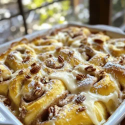 To make a tasty cinnamon roll casserole, you will need: - 2 cans (12.4 oz each) refrigerated cinnamon rolls - 4 large eggs - 1 cup milk - 1/2 cup heavy cream - 1 teaspoon vanilla extract - 1 teaspoon ground cinnamon - 1/4 teaspoon nutmeg - 1/2 cup chopped pecans (optional) - Cream cheese frosting (included with cinnamon rolls) - Powdered sugar, for dusting These ingredients come together to create a warm, gooey breakfast that everyone loves. If you have dietary needs, you can swap some ingredients. Here are a few ideas: - Use almond milk or oat milk instead of regular milk for a dairy-free option. - Replace heavy cream with coconut cream for a dairy-free alternative. - For a gluten-free version, look for gluten-free cinnamon rolls. - You can skip the eggs and use a flaxseed mixture (1 tablespoon flaxseed meal + 2.5 tablespoons water) for a vegan option. These swaps keep the dish delicious while meeting your dietary needs. For the best flavor and texture, I suggest using: - Cinnamon Rolls: Pillsbury offers great refrigerated cinnamon rolls. - Milk: Any brand of whole or low-fat milk works well. - Heavy Cream: Look for brands like Land O'Lakes or Horizon for quality cream. - Pecans: Choose Fisher or Diamond for fresh, tasty pecans. These brands help ensure your cinnamon roll casserole is a hit every time! For the full recipe, check out the details above. Start by preheating your oven to 350°F (175°C). This ensures your casserole bakes evenly. Next, grease a 9x13 inch baking dish to keep the rolls from sticking. Open the cans of refrigerated cinnamon rolls. Separate each roll and cut them into quarters. This step helps the rolls soak up the egg mixture later. Spread the cut pieces evenly in the greased dish. Make sure not to crowd them, so they bake well. In a large mixing bowl, crack four large eggs and add one cup of milk. Next, pour in half a cup of heavy cream. This gives the casserole its rich flavor. Add one teaspoon of vanilla extract for sweetness. Then, sprinkle in one teaspoon of ground cinnamon and a dash of nutmeg. Whisk everything together until the mixture is smooth and well combined. The goal is a creamy consistency, so make sure there are no lumps. This mixture will soak into the cinnamon roll pieces, making them soft. Pour the egg mixture over the cinnamon roll pieces in the baking dish. Ensure all pieces get soaked; this is key to a moist casserole. If you like, sprinkle half a cup of chopped pecans on top for some crunch. Place the dish in the preheated oven and bake for 25-30 minutes. Keep an eye on it. You want the casserole to be puffed up and golden brown. When it’s done, remove it from the oven and drizzle the cream cheese frosting over the top while it’s warm. Let it cool for about 5-10 minutes before serving. Dust with powdered sugar for a lovely finish. For the full recipe, check the earlier section. To get a perfectly baked cinnamon roll casserole, start by cutting the rolls into even pieces. Aim for quarters to help them bake evenly. Spread them in a single layer in your greased dish. This helps each piece get the same heat. Make sure to pour the egg mixture evenly. This ensures every piece gets soaked. Check the casserole halfway through baking. If one side looks darker, rotate the dish. This simple trick helps bake the whole dish evenly. You can easily enhance the flavor of your cinnamon roll casserole. Try adding more spices like ginger or cardamom for a warm twist. You can also mix in some chocolate chips for a sweet surprise. Nuts like pecans add crunch and depth. If you want a fruity touch, toss in some berries. Each of these options adds a new layer of flavor. Don’t be afraid to experiment. Just remember to keep the balance so the cinnamon shines through. Baking can be tricky, but avoiding a few common mistakes helps. First, don’t skip preheating the oven. This step is key for the best rise and texture. Next, be careful not to overmix the egg mixture. Mixing too much can create a tough casserole. Also, don’t forget to watch the baking time. Ovens vary, and yours might bake faster or slower. Lastly, let the casserole cool a bit before serving. This helps the flavors meld and makes it easier to cut. Following these tips will help you create a delicious dish. For the ultimate recipe, check out the Full Recipe. {{image_2}} You can add fun twists to your cinnamon roll casserole. Try mixing in chocolate chips for a sweet treat. Nuts, like pecans or walnuts, bring crunch and flavor. You can also add dried fruits like raisins or cranberries. For a different taste, use flavored cinnamon rolls, like caramel or apple. Each twist makes your casserole unique and exciting. If you need gluten-free or dairy-free options, don’t worry. Use gluten-free cinnamon rolls available at many stores. For the milk and heavy cream, almond milk or coconut milk works great. This way, you can enjoy a tasty breakfast while sticking to your dietary needs. Always check labels to ensure that all ingredients fit your needs. Seasonal flavors can make your casserole even more special. In the fall, add pumpkin puree and pumpkin spice. This gives you a warm, cozy taste. In winter, try peppermint extract or crushed candy canes for a festive touch. For summer, mix in fresh berries like blueberries or strawberries. Each season brings new flavors to explore! For the full recipe, check out the details in the main article. After enjoying your cinnamon roll casserole, let it cool. Store the leftovers in an airtight container. Place it in the fridge if you plan to eat it within three days. This keeps it fresh and tasty for your next meal. If you want to save some for later, freezing is a great choice. Cut the casserole into portions before freezing. Wrap each piece tightly in plastic wrap. Then, store in a freezer-safe bag or container. This method helps keep it from getting freezer burn. It can stay good for up to three months. To reheat, take the casserole out of the fridge or freezer. If frozen, let it thaw overnight in the fridge. Preheat your oven to 350°F (175°C). Place the casserole in an oven-safe dish. Cover it with foil to keep it moist. Heat for about 15-20 minutes if it's cold or 30-35 minutes if frozen. Make sure it's hot all the way through before serving. Enjoy your cinnamon roll casserole just as delicious as the first time! Yes, you can make cinnamon roll casserole ahead of time. Prepare the dish up to the point of baking. Cover it with plastic wrap and store it in the fridge overnight. When you are ready to bake, remove the cover and let it sit at room temperature for about 20 minutes. Then, bake it as directed. This way, you save time in the morning. Cinnamon roll casserole pairs well with many sides. Here are some great options: - Fresh fruit, like berries or bananas - Crispy bacon or sausage for a savory touch - Whipped cream for added sweetness - Maple syrup for extra flavor These sides add balance and variety to your breakfast table. To check if the casserole is done, look for a few signs. The top should be golden brown and puffed up. You can also insert a toothpick in the center. If it comes out clean, the casserole is ready. Baking usually takes about 25-30 minutes. Keep an eye on it to avoid overbaking. Enjoy your warm and fluffy casserole! For the full recipe, refer to the earlier section. You learned about the key ingredients and steps for making cinnamon roll casserole. We discussed substitutions for dietary needs and suggested the best brands. I provided tips for even baking and enhancing flavors. Variations like gluten-free options and seasonal twists add fun. Remember how to store leftovers and warm them up. Cinnamon roll casserole is a great dish for any meal. With practice, your baking skills will shine. Enjoy making this delicious treat!