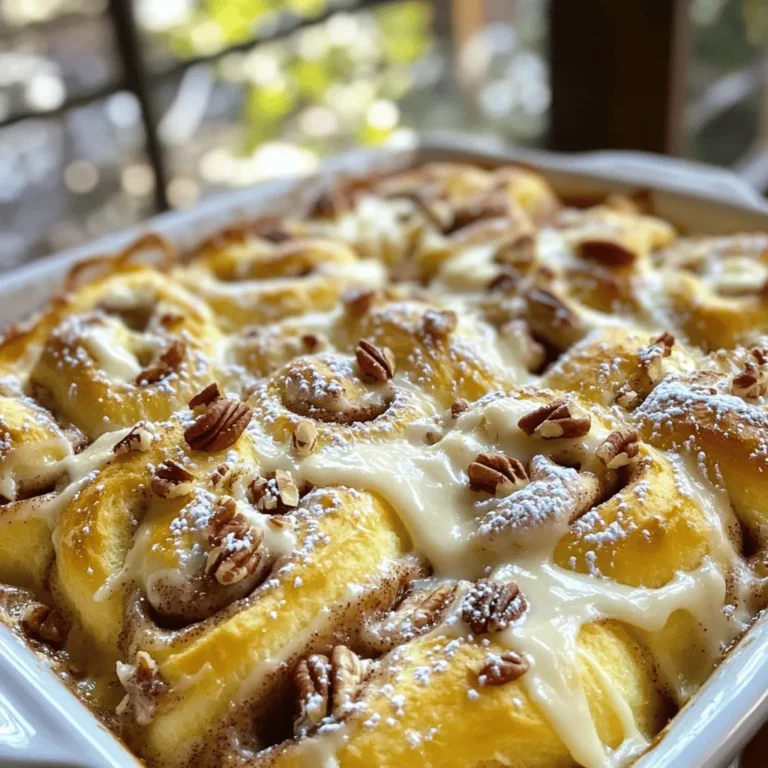 To make a tasty cinnamon roll casserole, you will need: - 2 cans (12.4 oz each) refrigerated cinnamon rolls - 4 large eggs - 1 cup milk - 1/2 cup heavy cream - 1 teaspoon vanilla extract - 1 teaspoon ground cinnamon - 1/4 teaspoon nutmeg - 1/2 cup chopped pecans (optional) - Cream cheese frosting (included with cinnamon rolls) - Powdered sugar, for dusting These ingredients come together to create a warm, gooey breakfast that everyone loves. If you have dietary needs, you can swap some ingredients. Here are a few ideas: - Use almond milk or oat milk instead of regular milk for a dairy-free option. - Replace heavy cream with coconut cream for a dairy-free alternative. - For a gluten-free version, look for gluten-free cinnamon rolls. - You can skip the eggs and use a flaxseed mixture (1 tablespoon flaxseed meal + 2.5 tablespoons water) for a vegan option. These swaps keep the dish delicious while meeting your dietary needs. For the best flavor and texture, I suggest using: - Cinnamon Rolls: Pillsbury offers great refrigerated cinnamon rolls. - Milk: Any brand of whole or low-fat milk works well. - Heavy Cream: Look for brands like Land O'Lakes or Horizon for quality cream. - Pecans: Choose Fisher or Diamond for fresh, tasty pecans. These brands help ensure your cinnamon roll casserole is a hit every time! For the full recipe, check out the details above. Start by preheating your oven to 350°F (175°C). This ensures your casserole bakes evenly. Next, grease a 9x13 inch baking dish to keep the rolls from sticking. Open the cans of refrigerated cinnamon rolls. Separate each roll and cut them into quarters. This step helps the rolls soak up the egg mixture later. Spread the cut pieces evenly in the greased dish. Make sure not to crowd them, so they bake well. In a large mixing bowl, crack four large eggs and add one cup of milk. Next, pour in half a cup of heavy cream. This gives the casserole its rich flavor. Add one teaspoon of vanilla extract for sweetness. Then, sprinkle in one teaspoon of ground cinnamon and a dash of nutmeg. Whisk everything together until the mixture is smooth and well combined. The goal is a creamy consistency, so make sure there are no lumps. This mixture will soak into the cinnamon roll pieces, making them soft. Pour the egg mixture over the cinnamon roll pieces in the baking dish. Ensure all pieces get soaked; this is key to a moist casserole. If you like, sprinkle half a cup of chopped pecans on top for some crunch. Place the dish in the preheated oven and bake for 25-30 minutes. Keep an eye on it. You want the casserole to be puffed up and golden brown. When it’s done, remove it from the oven and drizzle the cream cheese frosting over the top while it’s warm. Let it cool for about 5-10 minutes before serving. Dust with powdered sugar for a lovely finish. For the full recipe, check the earlier section. To get a perfectly baked cinnamon roll casserole, start by cutting the rolls into even pieces. Aim for quarters to help them bake evenly. Spread them in a single layer in your greased dish. This helps each piece get the same heat. Make sure to pour the egg mixture evenly. This ensures every piece gets soaked. Check the casserole halfway through baking. If one side looks darker, rotate the dish. This simple trick helps bake the whole dish evenly. You can easily enhance the flavor of your cinnamon roll casserole. Try adding more spices like ginger or cardamom for a warm twist. You can also mix in some chocolate chips for a sweet surprise. Nuts like pecans add crunch and depth. If you want a fruity touch, toss in some berries. Each of these options adds a new layer of flavor. Don’t be afraid to experiment. Just remember to keep the balance so the cinnamon shines through. Baking can be tricky, but avoiding a few common mistakes helps. First, don’t skip preheating the oven. This step is key for the best rise and texture. Next, be careful not to overmix the egg mixture. Mixing too much can create a tough casserole. Also, don’t forget to watch the baking time. Ovens vary, and yours might bake faster or slower. Lastly, let the casserole cool a bit before serving. This helps the flavors meld and makes it easier to cut. Following these tips will help you create a delicious dish. For the ultimate recipe, check out the Full Recipe. {{image_2}} You can add fun twists to your cinnamon roll casserole. Try mixing in chocolate chips for a sweet treat. Nuts, like pecans or walnuts, bring crunch and flavor. You can also add dried fruits like raisins or cranberries. For a different taste, use flavored cinnamon rolls, like caramel or apple. Each twist makes your casserole unique and exciting. If you need gluten-free or dairy-free options, don’t worry. Use gluten-free cinnamon rolls available at many stores. For the milk and heavy cream, almond milk or coconut milk works great. This way, you can enjoy a tasty breakfast while sticking to your dietary needs. Always check labels to ensure that all ingredients fit your needs. Seasonal flavors can make your casserole even more special. In the fall, add pumpkin puree and pumpkin spice. This gives you a warm, cozy taste. In winter, try peppermint extract or crushed candy canes for a festive touch. For summer, mix in fresh berries like blueberries or strawberries. Each season brings new flavors to explore! For the full recipe, check out the details in the main article. After enjoying your cinnamon roll casserole, let it cool. Store the leftovers in an airtight container. Place it in the fridge if you plan to eat it within three days. This keeps it fresh and tasty for your next meal. If you want to save some for later, freezing is a great choice. Cut the casserole into portions before freezing. Wrap each piece tightly in plastic wrap. Then, store in a freezer-safe bag or container. This method helps keep it from getting freezer burn. It can stay good for up to three months. To reheat, take the casserole out of the fridge or freezer. If frozen, let it thaw overnight in the fridge. Preheat your oven to 350°F (175°C). Place the casserole in an oven-safe dish. Cover it with foil to keep it moist. Heat for about 15-20 minutes if it's cold or 30-35 minutes if frozen. Make sure it's hot all the way through before serving. Enjoy your cinnamon roll casserole just as delicious as the first time! Yes, you can make cinnamon roll casserole ahead of time. Prepare the dish up to the point of baking. Cover it with plastic wrap and store it in the fridge overnight. When you are ready to bake, remove the cover and let it sit at room temperature for about 20 minutes. Then, bake it as directed. This way, you save time in the morning. Cinnamon roll casserole pairs well with many sides. Here are some great options: - Fresh fruit, like berries or bananas - Crispy bacon or sausage for a savory touch - Whipped cream for added sweetness - Maple syrup for extra flavor These sides add balance and variety to your breakfast table. To check if the casserole is done, look for a few signs. The top should be golden brown and puffed up. You can also insert a toothpick in the center. If it comes out clean, the casserole is ready. Baking usually takes about 25-30 minutes. Keep an eye on it to avoid overbaking. Enjoy your warm and fluffy casserole! For the full recipe, refer to the earlier section. You learned about the key ingredients and steps for making cinnamon roll casserole. We discussed substitutions for dietary needs and suggested the best brands. I provided tips for even baking and enhancing flavors. Variations like gluten-free options and seasonal twists add fun. Remember how to store leftovers and warm them up. Cinnamon roll casserole is a great dish for any meal. With practice, your baking skills will shine. Enjoy making this delicious treat!