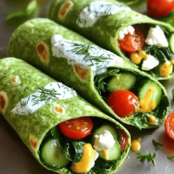 To make healthy spinach and feta wraps, you need some fresh and tasty ingredients. Here’s your list: - Whole wheat or spinach tortillas - Fresh spinach - Crumbled feta cheese - Cucumber - Cherry tomatoes - Red onion - Greek yogurt - Lemon juice - Fresh dill - Salt and pepper These ingredients come together to create a vibrant and delicious meal. Whole wheat tortillas add fiber. Fresh spinach provides vitamins and minerals. Crumbled feta cheese brings a salty, creamy flavor. Cucumber adds a nice crunch, while cherry tomatoes offer sweetness. Red onion gives a slight bite, and Greek yogurt adds creaminess. Lemon juice brightens the flavors, and fresh dill adds a hint of herbiness. Make sure to have these items ready. You can find them at most grocery stores. Once you gather your ingredients, you are set to create a lovely meal. If you want the full recipe, check out the section above. It guides you step-by-step for the best results. Start by making the dressing. In a bowl, combine 1 cup of Greek yogurt, 1 tablespoon of lemon juice, and 1 tablespoon of fresh dill. Add a pinch of salt and pepper to taste. Mix it well until creamy. This dressing adds a nice zest to your wraps. Next, let’s prepare the filling. Take a large mixing bowl and add 2 cups of chopped fresh spinach. Then, toss in 1 cup of crumbled feta cheese. Add 1 thinly sliced cucumber, 1 cup of halved cherry tomatoes, and 1/4 cup of thinly sliced red onion. Gently mix these ingredients together. This blend offers a burst of flavors in every bite. Now, let’s assemble the wraps. Lay out your 4 large whole wheat or spinach tortillas on a clean surface. Spread a generous tablespoon of the yogurt dressing over each tortilla. Make sure to cover the entire surface. Evenly distribute the spinach and feta mixture onto each tortilla. Leave a small border around the edges. To roll, start from one edge. Fold in the sides as you go to secure the filling. Roll tightly to keep everything inside. After rolling, slice each wrap in half diagonally. This gives a lovely presentation. You can serve them right away or wrap them in parchment paper. If you choose to refrigerate, they will stay fresh for up to 2 hours. Enjoy your healthy spinach and feta wraps! For the full recipe, check the section above. You can swap ingredients to fit your taste. Instead of feta, use goat cheese for a creamier texture. If you want a lighter option, try cottage cheese. For the tortillas, corn tortillas work well for a gluten-free meal. You can also use lettuce leaves instead of tortillas for a low-carb wrap. You can make these wraps in advance. Prepare the filling and dressing a day ahead. Store them in the fridge in separate containers. When you're ready to eat, just assemble the wraps. This saves time and keeps everything fresh. Make your wraps look great on a plate. Cut them diagonally for a nice touch. Serve with a side of extra yogurt dip for flavor. You can also add a sprinkle of dill on top for color. Use a colorful plate to make your meal pop! {{image_2}} If you love veggies, you can add more to your wraps. Try bell peppers, carrots, or even roasted zucchini. These add crunch and flavor. You can also swap the feta cheese for a vegan version made from nuts. This keeps your wraps tasty and plant-based. Want to make your wraps heartier? Add proteins like grilled chicken, turkey, or chickpeas. Shredded rotisserie chicken is quick and easy. For a vegetarian option, use canned chickpeas. Just rinse and toss them in. This boosts the protein without losing any flavor. If you need gluten-free options, look for gluten-free tortillas. Many stores carry them now. You can also use large lettuce leaves as wraps. This keeps the meal light and fresh. Just be sure to fill them carefully so they don’t tear. Remember, each variation can still follow the Full Recipe for best results. Store your spinach and feta wraps in the fridge. Use an airtight container to keep them fresh. If you want to keep them longer, wrap each one in parchment paper. This helps to maintain their shape and stops them from getting soggy. These wraps last about 2 to 3 days in the fridge. The vegetables stay crisp, and the flavors blend well over time. However, eat them sooner for the best taste and texture. You can serve these wraps cold or warm. If you like them warm, heat in a pan for a few minutes on each side. This makes the tortillas soft and tasty. If you want to keep them healthy, skip the microwave. It can make them soggy. Serve with extra yogurt or a fresh salad on the side. For the full recipe, check the earlier section. You can use plain yogurt or sour cream. Both options add creaminess. If you want a non-dairy choice, try cashew cream or silken tofu. Blend cashews with water for a smooth texture. Each option will give a different taste, but they all work well in the wraps. Yes, you can freeze the wraps! First, wrap them tightly in plastic wrap. Then place them in an airtight bag. This helps keep them fresh. When you want to eat them, let them thaw in the fridge overnight. You can also warm them in the microwave. To make these wraps vegan, swap the feta for a vegan cheese. You can also replace Greek yogurt with a plant-based yogurt. Use almond or coconut yogurt for a great taste. You can add more veggies like bell peppers or avocado for extra flavor. - What other ingredients can I add? You can add grilled chicken or chickpeas for more protein. Mushrooms or roasted red peppers add great taste too. Try adding olives for a salty kick. Experiment with different herbs like basil or parsley for a fresh twist. This blog post covered a tasty wrap recipe full of fresh ingredients. You learned about the key ingredients, how to prepare the dressing, and assemble the wraps. We also shared tips on storing and serving. Experiment with variations to suit your taste. You can even make it vegan! Enjoy crafting wraps that delight your palate and nourish your body. Happy cooking!