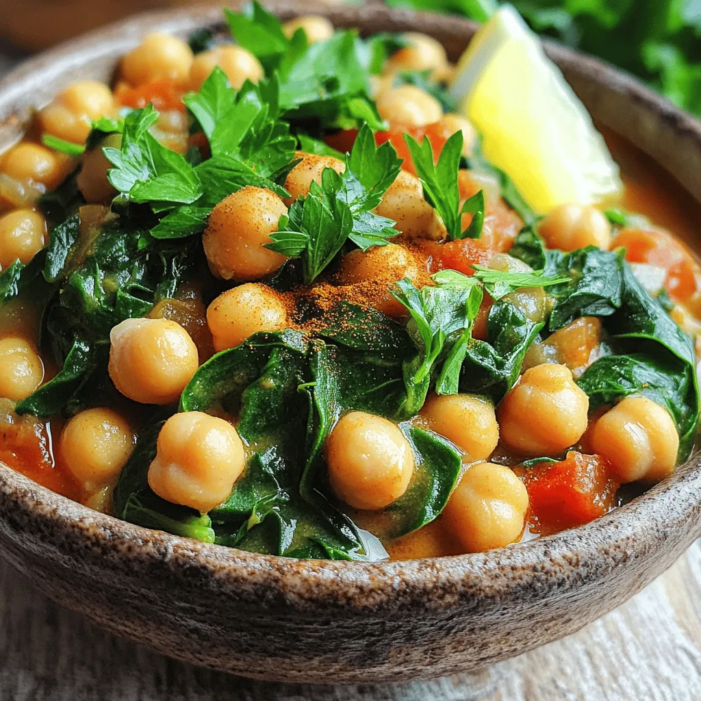To make a delicious chickpea and spinach stew, you need the following: - 1 can (15 oz) chickpeas, rinsed and drained - 1 medium onion, diced - 3 cloves garlic, minced - 1 teaspoon ground cumin - 1 teaspoon smoked paprika - 1/2 teaspoon turmeric - 1 can (14 oz) diced tomatoes - 4 cups fresh spinach, washed and roughly chopped - 2 cups vegetable broth - 2 tablespoons olive oil - Salt and pepper to taste - Juice of 1 lemon - Fresh parsley for garnish You can enhance the stew with extra ingredients: - Red pepper flakes for heat - Coconut milk for creaminess - Fresh herbs like basil or cilantro - A splash of balsamic vinegar for tang Chickpeas are a great source of protein and fiber. They help keep you full and satisfied. Spinach is rich in vitamins A, C, and K. This leafy green supports your immune system and bone health. Together, chickpeas and spinach create a balanced meal. They are low in calories but high in nutrients. This stew can help you feel good while enjoying great flavor. Using fresh and wholesome ingredients makes this dish both tasty and healthy. For the full recipe, check out the Chickpea and Spinach Stew. Gather all your ingredients before you cook. This makes the process smooth and fun. You will need: - 1 can (15 oz) chickpeas, rinsed and drained - 1 medium onion, diced - 3 cloves garlic, minced - 1 teaspoon ground cumin - 1 teaspoon smoked paprika - 1/2 teaspoon turmeric - 1 can (14 oz) diced tomatoes - 4 cups fresh spinach, washed and roughly chopped - 2 cups vegetable broth - 2 tablespoons olive oil - Salt and pepper to taste - Juice of 1 lemon - Fresh parsley for garnish Chop the onion and mince the garlic. This helps release their flavors. Rinse the chickpeas and wash the spinach. Keep everything close to your cooking area. Start by heating the olive oil in a large pot over medium heat. Add the diced onion and sauté until it turns soft and clear. This should take about 5 minutes. Then, add the minced garlic along with cumin, smoked paprika, and turmeric. Stir them for a minute until they smell great. Next, add the diced tomatoes and chickpeas to the pot. Mix them well and let them cook for 3 minutes. After that, pour in the vegetable broth and bring the stew to a gentle boil. Reduce the heat and simmer for about 10 minutes. This allows the flavors to blend nicely. Finally, fold in the spinach gently. It will wilt in about 2-3 minutes. Season with salt, pepper, and lemon juice. Taste and adjust the seasonings as needed. To make your stew even better, here are some tips: - Cut the onion small so it cooks evenly. - Use fresh garlic for a stronger flavor. - Let the spices bloom in the hot oil. This brings out their full taste. - Simmer the stew longer if you want a thicker texture. - Always taste before serving. Adjust salt and lemon to your liking. Follow these steps, and you'll enjoy a warm, hearty bowl of Chickpea and Spinach Stew. For the full recipe, check out the details above. To make your chickpea and spinach stew really pop, use fresh spices. Ground spices tend to lose flavor over time. Always check the date on your spice jars. You can toast the spices in olive oil before adding other ingredients. This step brings out their full taste. Adding a splash of vinegar or a pinch of sugar can also balance the flavors. If you like heat, try adding a dash of cayenne pepper or red pepper flakes. Fresh herbs like basil or cilantro can add a burst of flavor too. One common mistake is not cooking the onions enough. They should be soft and sweet before you add garlic. If you burn the garlic, it can make the stew bitter. Another mistake is using too little liquid. The stew should be thick but not dry. Always taste your stew before serving. You might need more salt, pepper, or lemon juice. Lastly, do not skip the fresh spinach. It adds nutrition and color. For this stew, a large pot or Dutch oven works best. These pots heat evenly and hold heat well. A wooden spoon is great for stirring; it prevents scratching your pot. Use a sharp knife for chopping your veggies. A cutting board is also essential for safety. If you have a can opener, use it to easily open your chickpeas and tomatoes. For the best results, have measuring cups and spoons handy. You want to make sure you use the right amounts of each ingredient. For the full recipe, check out the section above. {{image_2}} Chickpea and spinach stew is great on its own. You can add more protein to make it heartier. Try diced chicken or turkey for a meat option. For a seafood twist, shrimp works well too. If you like fish, salmon fillets are a tasty choice. Just add these proteins while cooking the stew. They will soak up all the flavors! If you want a vegetarian or vegan option, stick with chickpeas. They offer plenty of protein. You can also add tofu or tempeh for more texture. Just cube them and add them in with the chickpeas. Another option is lentils. They cook fast and add a nice flavor. Both options keep the dish healthy and delicious! You might not have all the ingredients on hand. No worries! You can swap out diced tomatoes for crushed tomatoes or even tomato sauce. If you don’t have spinach, use kale or Swiss chard. These greens work well and give a similar taste. Running low on spices? Use whatever you have. A pinch of chili powder can add some heat. Be creative with what you have! For the full recipe, check out the complete guide. To keep your chickpea and spinach stew fresh, let it cool first. Use airtight containers. Store it in the fridge for up to four days. Make sure to label it with the date. This way, you know when to eat it. If you have more than you can eat, freezing is a great choice. When you're ready to enjoy your stew again, reheat it on the stove. Pour the stew into a pot over medium heat. Stir it often to avoid sticking. You can also use a microwave. Just place it in a bowl and cover it. Heat for about two minutes, stirring halfway. Always check that it is hot throughout before serving. You can freeze chickpea and spinach stew for up to three months. Use freezer-safe containers or bags. Make sure to leave some space at the top, as it will expand when frozen. When ready to eat, thaw it overnight in the fridge. Reheat as described earlier. For the full recipe, you can refer to the previous section. Yes, you can use fresh spinach. Fresh spinach adds a great taste and texture. Just wash and chop it. You'll need about four cups of fresh spinach for this stew. Add it near the end of cooking to keep it vibrant and tender. To spice up your stew, add more spices. Try using cayenne pepper or red pepper flakes. Start with a pinch and taste as you go. You can also add a chopped jalapeño for a fresh kick. Adjust the spice level to fit your taste. This stew pairs well with many sides. Serve it with crusty bread for dipping. Rice or quinoa also makes a great base. A simple green salad can add a fresh touch too. Explore your favorite sides to make a full meal. For the detailed cooking process, check the Full Recipe. This blog post covered all you need for a great chickpea and spinach stew. We explored ingredients, cooking steps, and tips for better flavor. I shared variations and storage tips to help you enjoy leftovers. Remember, cooking is about creativity and fun. Use this guide to make your stew your own. Try new flavors and enjoy every bite! Happy cooking!