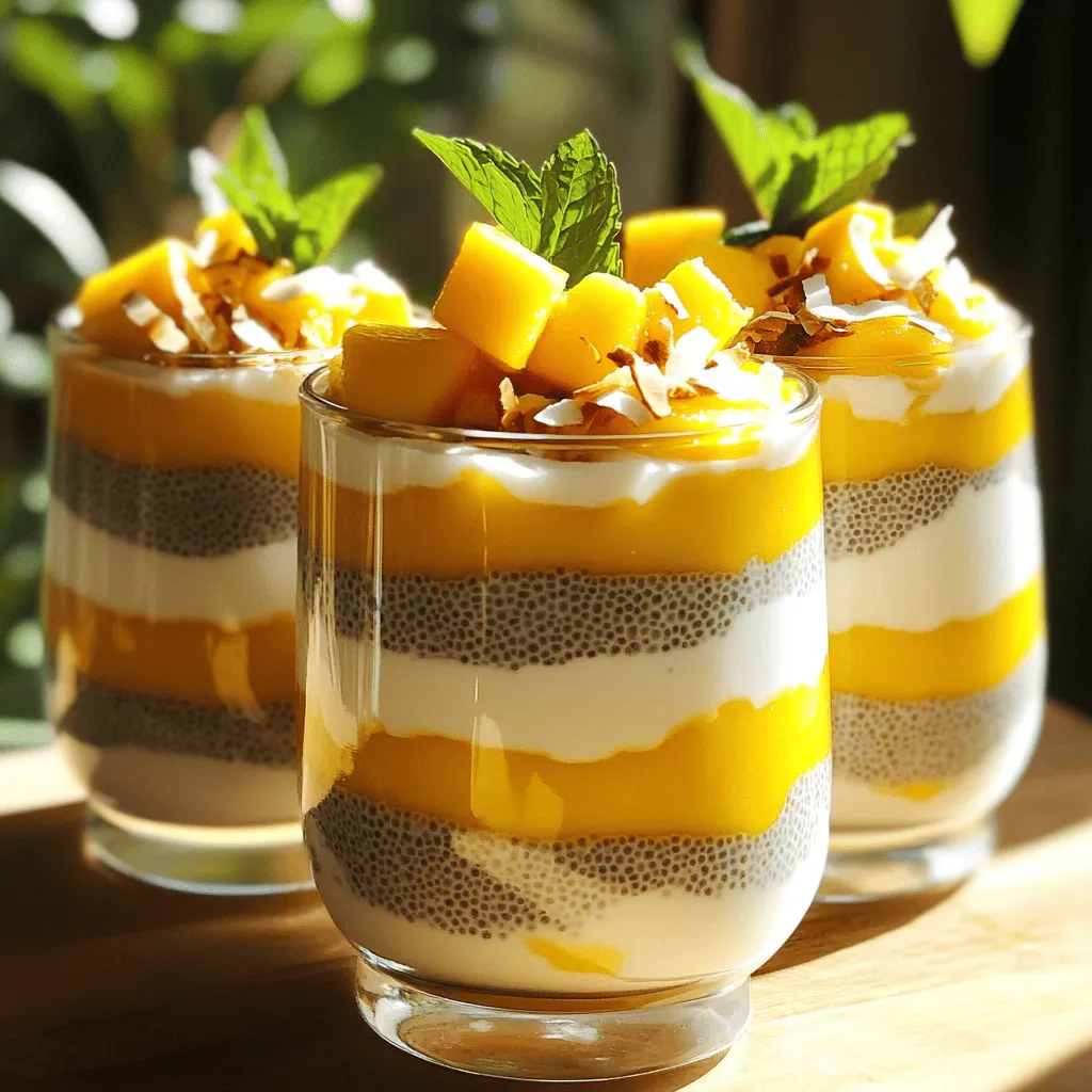 The right ingredients make Mango Coconut Chia Pudding special. Here’s what you need: - 1 cup coconut milk (canned or carton) - 1/4 cup chia seeds - 2 tablespoons honey or maple syrup - 1 ripe mango, diced - 1/2 teaspoon vanilla extract - Pinch of salt - Toasted coconut flakes for garnish - Fresh mint leaves for garnish Using fresh, ripe mango gives the pudding a sweet and juicy kick. Coconut milk adds creaminess and a tropical vibe. Chia seeds are the magic ingredient. They swell and create a pudding-like texture. You can use honey or maple syrup to sweeten it. The vanilla extract adds warmth, while a pinch of salt balances the flavors. To make it pretty, top with toasted coconut flakes and fresh mint leaves. These garnishes are not just for looks; they add taste and aroma too. You can find the full recipe for more details on making this delicious dessert. Remember, using quality ingredients makes a big difference in the final dish. First, grab a mixing bowl. Combine 1 cup of coconut milk, 1/4 cup of chia seeds, and 2 tablespoons of honey or maple syrup. This mix will give your pudding a sweet touch. Then, add 1/2 teaspoon of vanilla extract and a pinch of salt. Whisk everything together until it blends well. The coconut milk makes it rich and creamy. Now, let the mixture rest for about 10 minutes. This step helps the chia seeds absorb the milk. After resting, whisk again to break up any clumps. Cover the bowl with plastic wrap or a lid. It’s time to refrigerate! Let it chill for at least 4 hours. For the best texture, leave it overnight. The chia seeds will expand and turn the liquid into pudding. When you are ready to serve, stir the chia pudding well. This ensures it's smooth. If it’s too thick, add a splash of coconut milk to adjust the consistency. Now, layer the pudding in serving glasses or bowls. Top with diced mango for a burst of sweetness. Finally, garnish with toasted coconut flakes and fresh mint leaves for a lovely look. Enjoy your delicious Mango Coconut Chia Pudding! For the full recipe, check the detailed instructions above. To get the right thickness, check how the pudding holds its shape. It should be creamy, not runny. If it's too thick, add more coconut milk. Stir well to mix it in. You can also add extra chia seeds if it's too watery. Let it sit for a few minutes to thicken up again. If you want different sweeteners, try using agave syrup or coconut sugar. These can change the flavor a bit. You can also add a pinch of cinnamon or nutmeg. These spices boost the taste and make it more exciting. Just a little can go a long way in brightening the dish. For a beautiful look, serve the pudding in clear glasses. This shows off the layers of mango and chia. You can also use small bowls for a cozy feel. Top with toasted coconut flakes and fresh mint leaves. This adds color and makes it extra special. Consider using different glassware for fun shapes and sizes. Each serving can look unique and inviting. {{image_2}} You can use many fruits with chia pudding. Try strawberries, blueberries, or peaches. Each fruit gives a new taste and color. You can mix fruits too. How about mango and pineapple together? That mix brings a tropical vibe. You can also add bananas for creaminess. Get creative and try seasonal fruits for the best flavors. This recipe is easy to modify for different diets. For a vegan option, use maple syrup instead of honey. Chia seeds are naturally gluten-free, so you can enjoy this dessert without worry. If you want a low-sugar version, skip the sweetener or use a sugar substitute. This way, you can make a tasty treat that fits your needs. Add unique flavors to your pudding. Try a pinch of cinnamon or nutmeg for warmth. Almond or coconut extract can give a deeper taste. You can also mix in cocoa powder for a chocolate twist. Toppings can enhance your pudding too. Consider adding nuts, seeds, or granola for crunch. Fresh fruit or a dollop of yogurt can also add freshness. You can make this dessert your own with these easy changes. To keep your Mango Coconut Chia Pudding fresh, store it in an airtight container. This helps prevent any unwanted odors or flavors. You can place the pudding in the fridge for up to five days. The chia pudding will stay thick and tasty during that time. If you notice any separation, just stir it before eating. Chia pudding tastes best cold, so you don't need to reheat it. If you want to refresh its texture, you can stir in a little coconut milk. This helps make it creamy again. Can it be frozen? Yes, you can freeze Mango Coconut Chia Pudding. However, its texture may change. Make sure to use a freezer-safe container. It can last for up to three months in the freezer. When you're ready to eat it, thaw it in the fridge overnight. Stir well before serving. For the best texture, enjoy it fresh! Mango Coconut Chia Pudding lasts for about five days in the fridge. Store it in an airtight container. This helps keep it fresh and tasty. If you see any changes in texture or smell, it’s best to discard it. For the best experience, enjoy it within the first few days. Yes, you can use other types of milk. Almond milk, oat milk, or soy milk all work well. Each type will give a different taste. Coconut milk adds creaminess, but other milks can make it lighter. Feel free to experiment to find your favorite flavor. Absolutely! This pudding is great for meal prep. You can make it in advance and store it in the fridge. It’s perfect for a quick breakfast or snack. Just layer it in jars for easy serving. You can also switch up the toppings for variety throughout the week. Chia pudding is packed with nutrients. Chia seeds are rich in fiber, protein, and omega-3 fatty acids. They help keep you full and support heart health. Coconut milk adds healthy fats. Plus, the mango gives you vitamins and antioxidants. This dessert is not just tasty but also good for you! For the full recipe, check out the detailed instructions above. This blog post showed you how to make Mango Coconut Chia Pudding. We covered each ingredient, from creamy coconut milk to sweet mango. I shared tips for perfect texture and sweetness. You can also try fun variations, like using different fruits or spices. Remember, this pudding is versatile and easy to store. You can enjoy it throughout the week. Get creative with your toppings and flavors. Dive in, and savor every delightful bite of this tasty treat.
