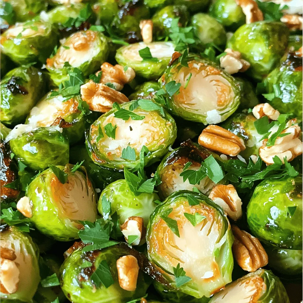 - 1 lb Brussels sprouts, trimmed and halved - 3 tablespoons balsamic vinegar - 2 tablespoons honey or maple syrup - 3 tablespoons olive oil - 4 cloves garlic, minced - Salt and pepper to taste - 1/4 cup grated Parmesan cheese - 1/4 cup toasted walnuts, chopped - Fresh parsley, chopped for garnish Brussels sprouts are tasty and healthy. They pack a lot of nutrients. This dish is quick and simple. You need just a few main ingredients. The balsamic vinegar adds a sweet tang. Honey or maple syrup enhances the flavor even more. Olive oil helps with roasting and gives a nice finish. The garlic adds depth to the dish. You can adjust the salt and pepper to your taste. If you like cheese, sprinkle on some grated Parmesan for creaminess. Toasted walnuts add crunch and flavor. Fresh parsley brightens the dish. I love how these ingredients come together. You can find the full recipe above and create your own version. Enjoy making this healthy side dish! - Preheat your oven to 400°F (200°C). - In a large mixing bowl, combine the Brussels sprouts, minced garlic, balsamic vinegar, honey or maple syrup, and olive oil. This combination gives the sprouts a sweet and tangy flavor. Make sure to mix well. Each sprout should get a nice coat of the glaze. - Spread the Brussels sprouts on a baking sheet lined with parchment paper. - Roast in the preheated oven for 20-25 minutes. Shake the pan halfway to ensure even cooking. The outer layers will caramelize, making them crispy. The insides will become soft and tender, creating a great texture. - Remove the baking sheet from the oven. If you chose to use it, sprinkle Parmesan cheese over the warm sprouts. - Drizzle any remaining balsamic glaze from the pan over the Brussels sprouts before serving. This adds a rich flavor. Finally, transfer the sprouts to a serving dish and garnish with chopped walnuts and fresh parsley. The nuts add crunch, while parsley offers a fresh note. For the complete recipe, refer to Balsamic Bliss Brussels Sprouts. To get the best flavor and texture, coat your Brussels sprouts evenly. Mix them well in the bowl with balsamic vinegar and olive oil. This step helps the sprouts absorb all the tasty flavors. When you place them on the baking sheet, space them out. If they are too close, they will steam instead of roast. Good spacing allows them to caramelize and get crispy. You can easily change the taste of your dish. Try using different types of vinegar, like red wine or apple cider vinegar. Each one brings a unique flavor. You can also switch up the sweeteners. Honey gives a nice touch, but maple syrup works well too. Feel free to mix and match to find your favorite taste. The size of your Brussels sprouts matters. Smaller ones will roast faster, while larger ones may need extra time. Check them after 20 minutes. If they are not tender yet, give them a few more minutes. Shake the pan halfway through cooking for even roasting. This helps all sides get that perfect golden brown color. {{image_2}} You can make your balsamic glazed Brussels sprouts even better. Adding bacon or pancetta gives a savory twist. The saltiness from the meat enhances the sprouts' natural flavors. Just cook the bacon until crispy, then mix it in with the Brussels sprouts before roasting. This mix creates a delicious harmony of tastes. If you want a vegan version, it’s easy. Simply swap honey for maple syrup. This keeps the sweetness while being plant-based. Also, skip the Parmesan cheese. You can still enjoy the rich flavors of the balsamic glaze without any dairy. It’s a tasty option for everyone. How you serve these sprouts matters too. They taste great warm as a side dish. You can also serve them cold in a salad. This adds a crunchy texture and a fresh taste. Pair them with nuts or other veggies to create a colorful salad. Balsamic glazed Brussels sprouts truly shine in any dish! Check out the Full Recipe for more ideas. You can store leftover balsamic glazed Brussels sprouts in an airtight container. They will stay fresh for up to 3 days in the fridge. Make sure the container seals well to keep moisture out. For the best texture, reheat the Brussels sprouts in the oven. Preheat your oven to 350°F (175°C). Spread the sprouts on a baking sheet and heat for about 10-15 minutes. This helps them regain their crispiness. If you want to save some for later, you can freeze cooked Brussels sprouts. Place them in a freezer-safe bag or container. They will last for several months. When ready to eat, thaw them in the fridge overnight before reheating. This keeps them tasting fresh! For the full experience of this dish, check out the Full Recipe. Yes, you can use frozen Brussels sprouts. They are convenient and save time. However, frozen sprouts often have a softer texture when cooked. Fresh Brussels sprouts give you a firmer bite and better flavor. If you choose frozen, roast them at a lower temperature. This helps reduce excess moisture. Balsamic glazed Brussels sprouts pair well with many foods. Try serving them with grilled chicken or salmon for protein. They also go great with quinoa or brown rice. These grains add texture and make a complete meal. For a cozy dinner, enjoy them with mashed potatoes. To make this recipe vegan, swap honey for maple syrup. This keeps the sweetness and is plant-based. Omit the Parmesan cheese or use a vegan cheese alternative. You can also add nuts for extra protein and crunch. Enjoy the same delicious taste while sticking to your diet! This post covered a tasty Brussels sprouts recipe with balsamic glaze. You learned about key ingredients, steps for cooking, and smart tips for great results. Remember, you can customize this dish with add-ins like bacon or cheese, and even make it vegan. Store any leftovers well for later enjoyment. This dish works perfectly as a warm side or chilled in a salad. Try it out and enjoy the flavors!