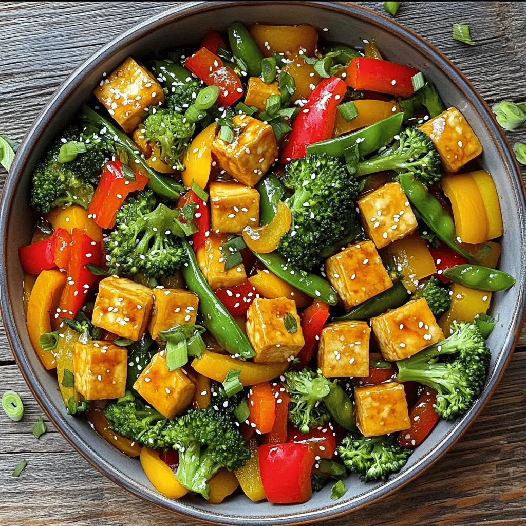 - Tofu and Vegetables - 1 block firm tofu, drained and pressed - 1 red bell pepper, sliced - 1 yellow bell pepper, sliced - 1 cup broccoli florets - 1 cup sugar snap peas, trimmed - 1 medium carrot, julienned - 3 cloves garlic, minced - 1-inch piece ginger, grated - Sauces and Seasonings - 1 tablespoon cornstarch - 2 tablespoons sesame oil - 3 tablespoons soy sauce - 1 tablespoon maple syrup or honey - 1 tablespoon rice vinegar - 1 teaspoon sriracha (optional, for heat) - Sesame Seeds - Chopped green onions In this dish, I focus on fresh and colorful veggies, along with firm tofu. Tofu gives the stir-fry protein, while the vegetables add crunch and flavor. I like to use a mix of bell peppers, broccoli, and snap peas. This adds both color and texture to the meal. For sauces and seasonings, I often go with soy sauce for saltiness. Maple syrup or honey adds a bit of sweetness, which balances the salty flavor. Sesame oil gives a nutty taste that enhances the dish. If you want some heat, add sriracha. Don't skip the garnishes! Toasted sesame seeds and green onions make the dish look nice and taste even better. They add a fun crunch and fresh flavor. You can find the Full Recipe to make this delicious vegetable stir-fry with tofu. Enjoy cooking! Start by cutting the pressed tofu into bite-sized cubes. This size helps the tofu cook evenly. Then, toss the tofu cubes in cornstarch. Make sure each piece gets a nice coating. This helps create a crispy texture when you cook it. Next, heat 1 tablespoon of sesame oil in a large non-stick skillet or wok over medium-high heat. Once the oil is hot, add the tofu cubes in a single layer. Cook the tofu until it turns golden brown and crispy on all sides, about 8-10 minutes. Once crispy, remove the tofu from the skillet and set it aside. In the same skillet, add the remaining sesame oil. Once hot, add the minced garlic and grated ginger. Sauté them for about 30 seconds until they smell great. Now, add the sliced bell peppers, broccoli florets, sugar snap peas, and julienned carrots to the skillet. Stir-fry these colorful veggies for about 4-5 minutes. You want them to be bright and slightly tender but still crisp. In a small bowl, mix together soy sauce, maple syrup or honey, rice vinegar, and sriracha if you want some heat. Pour this sauce over the stir-fried veggies. Finally, return the crispy tofu to the skillet. Gently toss everything together, making sure the tofu and vegetables are well coated with the sauce. Cook for another 2-3 minutes. Remove from heat and let it rest for a minute before serving. You can find the full recipe for this dish in the main article. Enjoy your colorful and tasty meal! To make crispy tofu, start by pressing it well. Remove excess water by placing a heavy object on it. After pressing, cut the tofu into cubes. Next, coat each cube with cornstarch. This helps create a crispy outer layer. When you fry the tofu, use hot sesame oil. Cook it until golden brown, about 8-10 minutes. This method gives you that wonderful crunch. Choosing the right vegetables makes a big difference in your stir-fry. I love using seasonal produce for the best flavor. Bell peppers, broccoli, and snap peas are my favorites. They add color and crunch. You can also try carrots, zucchini, or even mushrooms. Mix a variety of colors for a fun look. Each vegetable cooks at its own pace. Keep them crisp by not overcooking. Sauces can change the whole dish. Start with soy sauce for a savory base. Then, add maple syrup or honey for sweetness. Rice vinegar brings a tangy note. If you like it spicy, add sriracha. You can adjust these amounts to match your taste. Experiment until you find your perfect mix. For a richer flavor, try garlic or ginger in the sauce. This will take your stir-fry to the next level. Remember, every ingredient counts for a great meal! For the full recipe, check out the Rainbow Vegetable Stir-Fry with Tofu 🥦. {{image_2}} If you want to change up the protein, try tempeh or chickpeas. Tempeh has a nutty taste and a firm texture. It soaks up flavors well. Simply cut it into cubes like tofu and cook it the same way. Chickpeas add a nice bite and are great for a quick meal. Use canned chickpeas for ease; just rinse and add them to your stir-fry. Both options offer a great protein boost and work well with the sauce. You can use different vegetables based on what you have. Seasonal and local veggies add freshness and flavor. In fall, use Brussels sprouts or squash. In summer, add zucchini or eggplant. Feel free to mix and match what you enjoy. Just remember to cut them into similar sizes for even cooking. This way, your stir-fry stays colorful and vibrant. Want to kick up the heat? Add more sriracha or some chili flakes. For a sweeter touch, include pineapple chunks or extra maple syrup. Sweet and spicy flavors blend nicely. You can also try adding a dash of hoisin sauce for extra depth. These little tweaks can make your stir-fry unique every time you cook it. Store your vegetable stir-fry with tofu in a sealed container. Let it cool to room temperature first. Place it in the fridge within two hours of cooking. This keeps it fresh and safe to eat. It will stay good for up to three days. You can reheat your stir-fry in two ways: the microwave or stovetop. For the microwave, place your stir-fry in a bowl. Cover it with a damp paper towel. Heat it for about one to two minutes. Stir halfway to heat evenly. If using the stovetop, put the stir-fry in a pan over medium heat. Add a splash of water or oil to help steam it. Stir often until it's hot. To freeze your stir-fry, let it cool first. Use a freezer-safe container or bag. Remove as much air as possible. Label it with the date. It will last up to three months. When ready to eat, thaw it in the fridge overnight before reheating. This keeps the flavors and textures nice. Enjoy your meal later! For the full recipe, check out the Rainbow Vegetable Stir-Fry with Tofu. Yes, you can prepare this stir-fry in advance. Here’s how: - Cook the tofu and vegetables as directed but stop before adding the sauce. - Cool the stir-fry completely before storing it in an airtight container. - Refrigerate for up to three days. - When ready to eat, reheat in a pan and add the sauce. This helps keep the flavors fresh! Tofu can become soggy if not handled well. Here are some tips: - Use firm tofu; it holds its shape better. - Press the tofu to remove excess water before cooking. - Coat the tofu in cornstarch to create a crispy layer. - Cook in hot oil until golden brown. This gives it a nice crunch! You can pair this stir-fry with many sides: - Serve over rice or quinoa for a filling meal. - Add noodles for a fun twist. - Top with nuts for added crunch and flavor. - Serve with a side salad for extra veggies. Each option adds a new layer of taste to your meal! For a complete guide, check out the Full Recipe. In this post, I covered key ingredients, cooking steps, and helpful tips for making a tasty stir-fry. You learned how to prepare crispy tofu, stir-fry veggies, and customize flavors. Remember to choose fresh ingredients for the best taste. Feel free to swap proteins or veggies based on what you love. With these steps, you can enjoy a delicious dish any time. Cooking stir-fry is easy and fun, so get creative and make it your own!