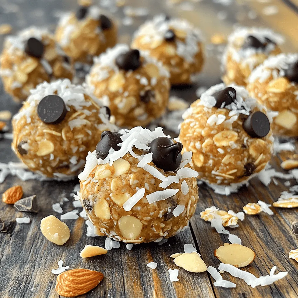 - 1 cup rolled oats - 1/2 cup almond butter - 1/4 cup honey or maple syrup - 1/2 cup unsweetened shredded coconut - 1/4 cup dark chocolate chips - 1/2 cup chopped almonds - 1/2 teaspoon vanilla extract - 1/4 teaspoon sea salt These ingredients are simple yet powerful. The rolled oats give a nice base and lots of fiber. Almond butter adds healthy fats and protein. Honey or maple syrup gives sweetness. Unsweetened shredded coconut brings a tropical touch, while dark chocolate chips add that little bit of joy in each bite. Chopped almonds add crunch. Vanilla extract enhances flavor, and sea salt balances the sweetness. - Calories per serving: About 150 calories - Protein, fat, and carbohydrate breakdown: Each serving has around 4g protein, 9g fat, and 14g carbohydrates. - Health benefits of key ingredients: - Rolled oats: Great for digestion and heart health. - Almond butter: Supports brain health and keeps you full. - Coconut: Provides quick energy and helps boost immunity. - Dark chocolate: Rich in antioxidants and good for mood. - Almonds: High in vitamin E, they support skin health. These bites not only taste great but also fuel your body with healthy nutrients. For the full recipe, check out the details above! 1. Mixing ingredients Start by grabbing a large mixing bowl. Add 1 cup of rolled oats, 1/2 cup of almond butter, and 1/4 cup of honey or maple syrup. Stir until all ingredients blend well together. 2. Forming energy bites Next, add 1/2 cup of shredded coconut, 1/4 cup of dark chocolate chips, and 1/2 cup of chopped almonds. Don't forget the 1/2 teaspoon of vanilla extract and 1/4 teaspoon of sea salt. Mix everything until evenly distributed. Then, use your hands to form small balls, about 1 inch in size. If the mixture sticks to your hands, wet them slightly. 3. Chilling instructions Place the formed energy bites on a parchment-lined baking sheet. Once you have all the bites ready, refrigerate them for at least 30 minutes. This helps them set and stay firm. After chilling, move them to an airtight container. They can stay fresh in the fridge for up to a week. - Adjusting sweetness If you like your bites sweeter, add a bit more honey or maple syrup. Taste the mixture before forming the bites. - Ensuring proper consistency The mixture should be thick enough to hold its shape. If it’s too dry, add more almond butter. If it’s too wet, add a touch more oats. - Handling sticky mixtures Use a little water on your hands when forming the bites. This simple trick helps prevent sticking and makes the process easier. You can make these Almond Joy Energy Bites even better. Here are some ideas: - Adding protein powder or superfoods: Boost the nutrition by adding a scoop of protein powder. You can also try adding chia seeds or flaxseeds for extra fiber and nutrients. Both options help keep you full longer. - Alternative nut butters: If you want a new flavor, swap almond butter for peanut butter or cashew butter. Each nut butter brings its own taste and texture, making your bites special. - Different types of chocolate: Choose your favorite chocolate style. Dark chocolate adds richness, while milk chocolate is sweeter. You can even use white chocolate for a fun twist! How you enjoy these energy bites matters. Here are some great ideas: - Pairing with fruits or yogurt: Serve these bites with fresh fruit like bananas or berries. You can also dip them in yogurt for a creamy treat. This adds flavor and more nutrition to your snack. - Best times to enjoy them: These bites are perfect for many moments. Try them before a workout for energy, or have one as a quick breakfast. They also work well as an afternoon snack to curb hunger. {{image_2}} You can change the flavor of your Almond Joy Energy Bites easily. Here are three fun ideas: - Coconut-Almond Crunch: Add more shredded coconut and use toasted almonds. This gives a nice crunch. - Peanut Butter & Chocolate: Swap almond butter for peanut butter and use milk chocolate chips. This adds a rich taste that many love. - Matcha Almond Bites: Mix in a tablespoon of matcha powder for a unique twist. It adds a lovely green color and a hint of earthiness. Each variation keeps the energy boost you want while offering new tastes. You can make these energy bites fit different diets. Here are some options: - Vegan options: Use maple syrup instead of honey. Ensure the chocolate chips are dairy-free. This keeps it plant-based and delicious. - Gluten-free considerations: Confirm that your rolled oats are certified gluten-free. This way, everyone can enjoy these bites without worry. These adaptations help you cater to your friends' and family’s needs, making Almond Joy Energy Bites a snack for all! For the complete recipe, check out the Full Recipe. To keep your Almond Joy Energy Bites fresh, choose airtight containers. Glass jars work well. You can also use plastic containers with tight lids. These options prevent air from getting in and keep them tasty. Place a piece of parchment paper between layers if stacking. This will stop them from sticking together. Store your bites in the fridge. The cool temperature keeps them firm and fresh. It also helps maintain flavor. Make sure the lid is sealed tight to avoid moisture. When stored at room temperature, these energy bites last about two days. Keep them in a cool, dry place. Avoid direct sunlight, as it can melt the chocolate and make them too sticky. For longer storage, freeze your energy bites. Place them in airtight bags or containers, leaving space for air. They can stay fresh for up to three months in the freezer. When you're ready to eat them, just take them out and let them thaw. Enjoy their great taste anytime! Can I use different nuts? Yes, you can use different nuts! Try walnuts, cashews, or pecans. Each nut brings a unique taste and texture. Just chop them up like the almonds. How long do they take to energize? Almond Joy Energy Bites energize quickly. You’ll feel the boost in about 30 minutes. They provide a good mix of carbs and protein for quick energy. Are Almond Joy Energy Bites healthy? Yes, they are quite healthy! They pack fiber, protein, and healthy fats. The oats and nuts support heart health. Plus, dark chocolate adds antioxidants. Are they suitable for kids? Absolutely! Kids love these bites. They are a fun and tasty snack. Just make sure there are no nut allergies before serving. Can I make them ahead of time? Yes, you can make them ahead! These bites store well in the fridge. They stay fresh for up to a week in an airtight container. What's the best way to serve them? Serve them chilled or at room temperature. They make great snacks for lunchboxes or after-school treats. You can also pair them with yogurt or fruit for extra fun. For more details, check the Full Recipe to see how to make these tasty bites! These energy bites are easy to make and fun to customize. We went over key ingredients like oats, almond butter, and chocolate. You learned how to prepare and store them safely. You can tweak flavors and meet dietary needs to fit your tastes. I hope you enjoy making these tasty snacks. They’re perfect for a quick energy boost anytime you need it. Choose your favorite mix-ins, and get creative!