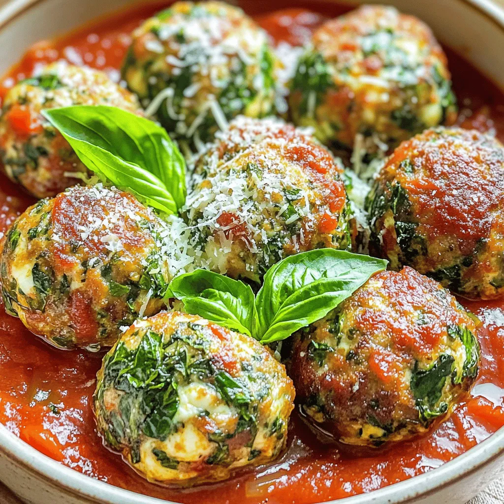- 1 pound ground beef or turkey - 1 cup fresh spinach, finely chopped - 1 cup mozzarella cheese, shredded - 4 cloves garlic, minced - 1/2 cup breadcrumbs - 1/4 cup grated Parmesan cheese - 1 large egg - 1 teaspoon dried oregano - 1 teaspoon salt - 1/2 teaspoon black pepper - 1/4 teaspoon red pepper flakes (optional) - 1 cup marinara sauce (for serving) - Fresh basil, for garnish The ingredients are simple but pack a big flavor punch. Ground beef or turkey forms the base of the meatballs. I love using ground turkey for a lighter option. Next, add fresh spinach to sneak in some greens. It gives the meatballs a lovely color and taste. Mozzarella cheese adds creaminess and a nice stretch when you bite in. Garlic gives them a punchy flavor. For binding, I use breadcrumbs and an egg. These help the meatballs hold their shape. Parmesan cheese adds depth and savory notes. I always sprinkle in some dried oregano for that classic Italian taste. When it comes to seasoning, salt and black pepper are key. They bring out all the flavors. If you want a little kick, add red pepper flakes. The optional marinara sauce is perfect for serving. It adds moisture and extra flavor. To finish, I like to garnish with fresh basil for a pop of color and freshness. Check out the Full Recipe for all the steps to make these tasty meatballs! - Preheat oven to 400°F (200°C). - Line a baking sheet with parchment paper. - Combine all ingredients in a large mixing bowl. - Mix until just combined and form into 1.5-inch meatballs. To make the meatballs, start by gathering your fresh ingredients like spinach and garlic. You want to chop the spinach finely so it blends well. The garlic should be minced for a strong flavor. In a big bowl, add the ground meat, cheese, and other ingredients. Using your hands, mix everything gently. Don't mix too much; you want your meatballs to stay soft and juicy. - Bake for 20-25 minutes or until golden brown. - Serve in marinara sauce with basil garnish. Once your meatballs are formed, place them on the lined baking sheet. Bake them in your preheated oven. You will know they are done when they turn golden brown and smell amazing. While they bake, heat up your marinara sauce on low heat. Once the meatballs are ready, add them to the sauce. Let them simmer together for a few minutes. This step enhances all those delicious flavors. You can find the full recipe details above! Enjoy your meal! When you mix your meatball ingredients, do it gently. You want to blend them just enough to combine. If you overmix, your meatballs can become tough. Remember, a light touch keeps them tender and juicy. To ensure your meatballs are safe to eat, use a meat thermometer. Cook them until they reach 165°F (74°C). This is the best way to check if they are done. Overcooking can make them dry, so keep an eye on the time. For a beautiful plate, serve your meatballs with extra marinara sauce drizzled on top. Add fresh basil for a pop of color. This not only looks great but also adds flavor. It makes the dish inviting and tasty. For the full recipe, check out the Spinach Garlic Mozzarella Meatballs section above! {{image_2}} You can change the meat in this recipe. Ground turkey or chicken makes a lighter meatball. These options are tasty and lower in fat. They also keep the meatballs moist. Just use the same amount as the beef. You will still enjoy great flavors. Feel free to swap the cheese. Provolone or cheddar adds a new twist. Provolone gives a nice, creamy texture. Cheddar offers a sharp, tangy taste. Both options work well with the spinach and garlic. Try them out to see what you like best. If you want a meat-free dish, lentils or plant-based meat work great. Cooked lentils give a hearty texture. Plant-based meat mimics the taste of beef. Use the same amount as the ground meat. These choices keep the recipe healthy and delicious. You can find the full recipe above to guide you through these tasty variations. After a tasty meal, you might have leftovers. Store them in an airtight container. They will stay fresh in the fridge for up to 3 days. This way, you can enjoy them again without losing flavor. Want to save some for later? Freeze the cooked meatballs. They can last in the freezer for up to 3 months. Just place them in a freezer-safe bag or container. When you are ready to eat, simply thaw them in the fridge overnight. When it’s time to enjoy your meatballs again, reheat them. You can use the oven or the microwave. If they seem a bit dry, add extra sauce for moisture. This keeps them delicious and juicy, just like when they were fresh! Yes, you can prep and refrigerate or freeze for later use. This saves time on busy days. Simply mix your meatball ingredients and form them. Place them in a container or a zip-top bag. If freezing, make sure to label it with the date. They can last up to three months in the freezer. When you're ready, just bake them from frozen or thaw in the fridge overnight. Serve with pasta, a salad, or garlic bread. Pasta pairs well with the meatballs and marinara sauce. A fresh salad adds a nice crunch and balances the meal. Garlic bread is perfect for soaking up any extra sauce. You can also try serving them in a sub for a tasty meatball sandwich. Add more red pepper flakes or a dash of hot sauce to the mix. You can start with half a teaspoon of red pepper flakes. If you want more heat, increase it to one teaspoon. Hot sauce can also add flavor and spice. A little goes a long way, so add it gradually to get your perfect level of heat. Ensure not to overmix and check the bake time regularly. Overmixing can make the meatballs tough. Mix until the ingredients are just combined. Also, keep an eye on your oven. Cooking them for too long can dry them out. Aim for a golden brown color, and use a meat thermometer to check if they reach 165°F (74°C). For the full recipe, check out the Spinach Garlic Mozzarella Meatballs section. These spinach garlic mozzarella meatballs are tasty and easy to make. You learned about the main ingredients needed, how to form and bake them, and tips for the best results. Variations like using different meats or making them vegetarian add fun twists. You can also enjoy them with various sides. By storing and reheating properly, you’ll keep them delicious longer. Try these meatballs, and enjoy a satisfying meal!