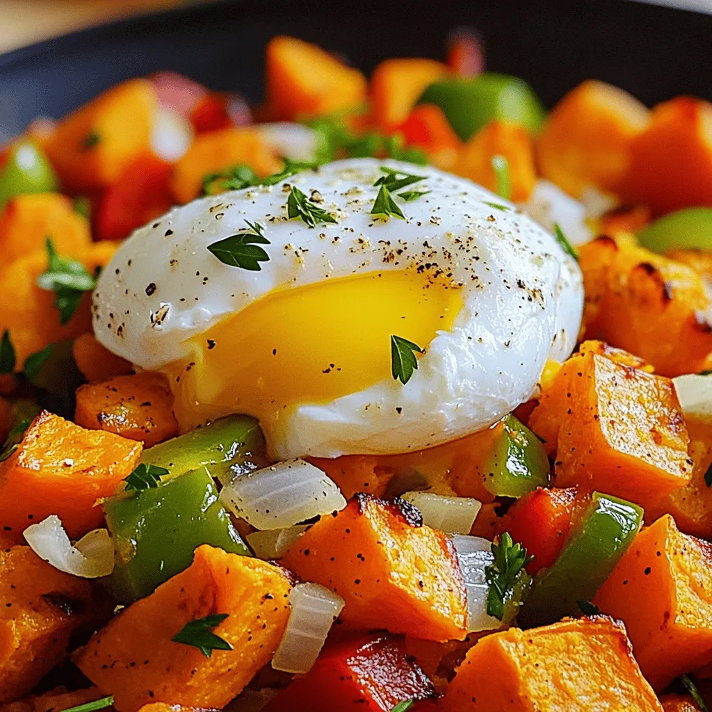 To make a tasty savory sweet potato hash, gather these ingredients: - 2 large sweet potatoes, peeled and diced - 1 red bell pepper, diced - 1 green bell pepper, diced - 1 medium onion, diced - 3 cloves garlic, minced - 2 tablespoons olive oil - 1 teaspoon smoked paprika - 1/2 teaspoon ground cumin - Salt and pepper to taste - 4 large eggs (optional) - Fresh parsley or cilantro for garnish If you have dietary needs, here are some swaps: - Use butternut squash instead of sweet potatoes for a different taste. - Substitute olive oil with avocado oil for a higher smoke point. - For a vegan dish, skip the eggs or use tofu instead. - Choose low-sodium options for salt and spices if needed. You can boost the flavor with these add-ins: - Add chopped spinach or kale for some greens. - Mix in cooked bacon or sausage for a meatier dish. - Sprinkle feta or goat cheese on top for creaminess. - Try some hot sauce or red pepper flakes for heat. The full recipe can guide you through making this delicious dish. Enjoy! To start, gather your sweet potatoes and dice them into small cubes. You want even sizes for even cooking. Next, chop the red and green bell peppers, onion, and garlic. Toss all these veggies in a big bowl. Add the olive oil, smoked paprika, cumin, salt, and pepper. Mix it well to coat everything. Then, spread the mixture on a baking sheet lined with parchment paper. This helps with cleanup later! Preheat your oven to 400°F (200°C). Once it’s hot, place your baking sheet in the oven. Bake for about 25 minutes. Remember to stir the hash halfway through. This step helps to get that nice crispy texture on all sides. Keep an eye on it; you want the sweet potatoes tender and slightly crispy. For the best texture, ensure the sweet potatoes are cut evenly. This way, they all cook at the same rate. Stirring halfway through baking allows for even cooking and crisping. If you like your hash extra crispy, leave it in the oven for a few more minutes. When it’s done, taste it and adjust the seasoning if needed. If you're adding eggs, poach them while the hash cooks for a delightful finish. Enjoy this flavorful breakfast delight with the full recipe for more details! When making savory sweet potato hash, avoid cutting sweet potatoes too small. They may burn easily. Also, don't skip preheating the oven. This step helps the potatoes cook evenly. Ensure you stir the hash halfway through roasting. This keeps it from sticking to the pan. Finally, taste your hash before serving. Adjust the salt and pepper to your preference. To make your sweet potato hash pop, use smoked paprika. It adds a rich, smoky taste. Ground cumin brings warmth and depth too. You can also add a pinch of cayenne for heat. Fresh herbs, like parsley or cilantro, add brightness. If you want more flavor, try adding some onion powder or garlic powder. These spices boost the overall taste without much effort. Serve your savory sweet potato hash hot. Top it with a poached egg for a delicious twist. The runny yolk adds creaminess and richness. You can also add some avocado slices. They bring a nice, creamy texture. For a colorful plate, sprinkle fresh herbs on top. This makes your dish look great and adds flavor. Use a colorful plate to make your meal more inviting. For more details, check out the Full Recipe. {{image_2}} To make this dish vegetarian, simply skip the eggs. You can add more veggies instead. Try using spinach, mushrooms, or zucchini. For a vegan twist, use avocado instead of eggs. This will add creaminess and healthy fats. You can also swap olive oil for coconut oil for a different flavor. If you want more protein, add sausage or bacon. Cook them until crispy, then mix them into the hash. Chicken sausage or turkey bacon work well too. These meats bring a savory taste and make the dish heartier. You can even use leftover meats from dinner to save time. You can cook sweet potato hash in different ways. Skillet cooking gives a nice char and crispy edges. Just add oil to a pan, then cook over medium heat. Stir often until the sweet potatoes are tender. If you love grilling, use a grill basket. This method adds a smoky flavor. You can also bake it as in the Full Recipe. Roasting in the oven gives a hands-off approach and evenly cooked veggies. To keep your savory sweet potato hash fresh, let it cool first. Then, transfer it to an airtight container. This helps to lock in flavors and keep the dish moist. Make sure to use a clean spoon when serving to avoid contamination. Store it in the fridge, where it will stay tasty for a few days. When it's time to enjoy your leftovers, reheat them in the oven or on the stovetop. For the oven, preheat it to 350°F (175°C) and spread the hash on a baking sheet. Heat for about 10–15 minutes until it warms through. If using the stovetop, add a splash of olive oil and cook over medium heat. Stir often until hot. This keeps the hash crispy and delicious. If stored properly, sweet potato hash lasts about 3 to 5 days in the fridge. For longer storage, consider freezing it. In the freezer, it can last up to 3 months. Just place it in a freezer-safe container or bag. When ready to eat, thaw it overnight in the fridge before reheating. Enjoy your savory sweet potato hash from the [Full Recipe] anytime! You can use regular potatoes, butternut squash, or even carrots. Each adds a unique taste. Regular potatoes give a classic flavor. Butternut squash offers a sweet twist. Carrots add a nice crunch and sweetness. Adjust your cooking time as needed for each substitute. Yes, you can make it ahead! Cook the hash and let it cool. Store it in an airtight container in the fridge. It stays fresh for about three days. When ready to eat, just reheat on the stove or microwave. This makes breakfast so easy! To get that crispy texture, spread the sweet potatoes in a single layer. Use enough olive oil to coat them well. Roast at a high temperature, like 400°F (200°C). Stir halfway to ensure even cooking. You can also finish it off under the broiler for a minute or two. Yes, you can freeze sweet potato hash! Let it cool completely, then transfer it to a freezer-safe bag. Remove as much air as possible before sealing. It can last up to three months in the freezer. When ready, thaw it overnight in the fridge and reheat. To adjust the spice level, add more or less smoked paprika and cumin. For a kick, try adding cayenne pepper or chili powder. If you prefer milder flavors, reduce the spices. Taste as you go to find your perfect balance. In this post, I covered everything about sweet potato hash. You learned about the best ingredients and how to swap them for your needs. I shared step-by-step instructions for perfect texture and cooking times. Plus, I gave tips on avoiding common mistakes and enhancing flavors. You also discovered delicious variations, smart storage tips, and answered common questions. Feel free to try new twists on this dish. Get creative, and make it your own! Enjoy your cooking journey!