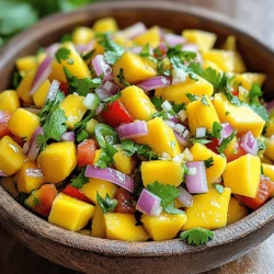 To make fresh mango salsa, you need these key ingredients: - 2 ripe mangoes, diced - 1 small red onion, finely chopped - 1 red bell pepper, diced - 1 jalapeño, deseeded and minced (adjust for spice level) - 1/4 cup fresh cilantro, chopped - Juice of 2 limes - 1 tablespoon honey - Salt to taste - Black pepper to taste These ingredients create a bright and vibrant salsa. The ripe mangoes give it sweetness. The red onion adds crunch, while the jalapeño offers a kick. Fresh cilantro ties it all together, and lime juice brightens the flavors. When choosing mangoes, look for these signs of ripeness: - A slight give when you press the skin - A sweet aroma near the stem - Skin color that is mostly yellow or red The best types of mangoes for salsa are the Haden and Tommy Atkins varieties. They are sweet and juicy, making them perfect for this dish. You can add more flavor to your salsa with these options: - A pinch of cumin for warmth - A dash of chili powder for extra heat - Diced avocado for creaminess - Chopped pineapple for sweetness These additional ingredients can enhance the taste or create unique flavor profiles. Feel free to experiment and make it your own! For the full recipe, check out the Mango Salsa Fiesta section. To make great mango salsa, start with the mangoes. Choose ripe mangoes that yield slightly when pressed. This means they are sweet and juicy. 1. How to dice mangoes correctly: - Cut off the sides of the mango. - Score each piece into cubes, but do not cut through the skin. - Use a spoon to scoop out the cubes. Next, prepare the onions and peppers. 2. Chopping onions and peppers: - For the red onion, cut it in half and then slice thinly. - For the red bell pepper, remove the seeds and slice into small pieces. - If you like spice, take a jalapeño, cut it in half, and remove the seeds before mincing it finely. Now it's time to mix all the fresh ingredients. 1. Mixing fresh ingredients: - In a medium bowl, add the diced mango, chopped onion, diced bell pepper, and minced jalapeño. - Remember to stir gently. You don’t want to mash the mango. 2. Proper method for tossing without mashing: - Use a large spoon to lift and turn the mixture. - This way, you keep the mango cubes intact and the salsa looks pretty. The dressing adds a zesty touch to the salsa. 1. Steps for whisking lime juice and honey: - In a small bowl, squeeze the juice of two limes. - Add a tablespoon of honey and a pinch of salt and black pepper. - Whisk this mixture until it combines smoothly. 2. Importance of seasoning balance: - Taste your dressing. It should be tangy and sweet. - Adjust with more salt or lime juice if needed. After mixing, pour the dressing over the salsa. Toss lightly, and let it sit for 15 minutes. This helps all the flavors blend. Enjoy your fresh and flavorful mango salsa! For the complete instructions, check the Full Recipe. To make mango salsa truly shine, let it rest before serving. This time allows all the flavors to blend well. Just 15 minutes is enough for a tasty salsa. You can also adjust the spice level to suit your taste. If you prefer mild salsa, leave out the jalapeño seeds. If you like heat, add more minced jalapeño or use a hotter pepper. Serving your mango salsa in a colorful bowl makes it pop. I love to pair it with tacos or grilled fish. The sweet and spicy flavors of the salsa balance perfectly with these dishes. You can also serve it with tortilla chips for a fun snack. One common mistake is over-mixing the ingredients. This can mash the mango and ruin the texture. Instead, gently stir to keep the mango pieces intact. Another mistake is not using ripe fruit. Ripe mangoes make the salsa sweet and juicy. Check for a slight give when you press the skin. Always choose ripe mangoes for the best results. For the full recipe, check the earlier section. {{image_2}} You can add more fruit to your mango salsa. Pineapple or kiwi works great. Both fruits bring a sweet and tangy flavor. They also add fun colors to your dish. You can chop them small and mix them in. You can also try different herbs. Mint or basil can give a fresh twist to the salsa. Each herb adds its own unique taste, so feel free to play around! Not everyone loves the heat from jalapeño. If you want less spice, try using bell pepper instead. You can also use a milder pepper, like poblano. For more heat, add crushed red pepper flakes or cayenne. A little goes a long way! You can experiment with spices like cumin for a smoky flavor. This adds depth and excitement to your mango salsa. Mango salsa is not just about mango. You can mix it with black beans for added protein. This combo makes it hearty and filling. Just rinse canned black beans before adding them. You can also blend in ripe avocado for creaminess. Avocado makes the salsa smooth and rich. Both options create a different and tasty twist on the classic mango salsa. To keep mango salsa fresh, use airtight containers. Glass or plastic containers work well. Make sure the lid seals tightly to keep air out. Store the salsa in the fridge right after making it. This helps maintain its bright flavors. The cooler temperature slows down spoilage. You can freeze mango salsa if you want to save some for later. First, pour the salsa into freezer-safe bags or containers. Leave some space at the top for expansion. Seal them tightly. To thaw, place the salsa in the fridge overnight. This keeps the flavor intact and helps the texture. Avoid thawing it in the microwave, as it may change the salsa's quality. Mango salsa lasts about 3 to 5 days in the fridge. Always check for signs of spoilage. If you see any mold or off smells, it’s best to throw it away. Fresh salsa should have a vibrant look and smell fruity and tangy. If it looks dull or watery, it may be time to say goodbye. For the best taste, enjoy your salsa within the first few days. You can find the full recipe in the article. To add heat, use more jalapeños. You can also try these tips: - Use a serrano pepper instead of jalapeño for a bolder kick. - Add crushed red pepper flakes to the mix for extra spice. - Incorporate hot sauce into the dressing for a zesty twist. Adjust the spice level to suit your taste. Always start with a little, then add more if needed. Yes, you can prepare mango salsa ahead of time! Here are some best practices: - Chop all ingredients and mix them together, but wait to add the dressing. - Cover it tightly with plastic wrap and store it in the fridge. - Add the dressing just before serving to keep the salsa fresh. This way, the flavors will blend well, but the veggies stay crisp. Mango salsa is very versatile. Here are some great serving suggestions: - Serve it with tacos for a fresh topping. - Top grilled fish or chicken to enhance the flavor. - Use it as a dip with tortilla chips for a fun snack. Mango salsa adds a bright touch to many dishes. Enjoy the vibrant flavors! Making fresh mango salsa is easy and fun. You learned the key ingredients, like ripe mangoes, fresh veggies, and herbs. I shared tips on picking perfect mangoes and how to prepare them. You can mix in optional spices and even try tropical fruit variations. In closing, don't hesitate to experiment. Allow your salsa to rest for better flavor. Serve it with tacos or grilled fish for a tasty twist. Proper storage keeps your salsa fresh for days. Get creative and enjoy this bright, flavorful treat!