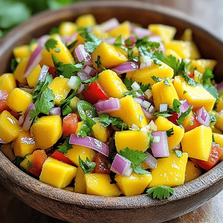 To make fresh mango salsa, you need these key ingredients: - 2 ripe mangoes, diced - 1 small red onion, finely chopped - 1 red bell pepper, diced - 1 jalapeño, deseeded and minced (adjust for spice level) - 1/4 cup fresh cilantro, chopped - Juice of 2 limes - 1 tablespoon honey - Salt to taste - Black pepper to taste These ingredients create a bright and vibrant salsa. The ripe mangoes give it sweetness. The red onion adds crunch, while the jalapeño offers a kick. Fresh cilantro ties it all together, and lime juice brightens the flavors. When choosing mangoes, look for these signs of ripeness: - A slight give when you press the skin - A sweet aroma near the stem - Skin color that is mostly yellow or red The best types of mangoes for salsa are the Haden and Tommy Atkins varieties. They are sweet and juicy, making them perfect for this dish. You can add more flavor to your salsa with these options: - A pinch of cumin for warmth - A dash of chili powder for extra heat - Diced avocado for creaminess - Chopped pineapple for sweetness These additional ingredients can enhance the taste or create unique flavor profiles. Feel free to experiment and make it your own! For the full recipe, check out the Mango Salsa Fiesta section. To make great mango salsa, start with the mangoes. Choose ripe mangoes that yield slightly when pressed. This means they are sweet and juicy. 1. How to dice mangoes correctly: - Cut off the sides of the mango. - Score each piece into cubes, but do not cut through the skin. - Use a spoon to scoop out the cubes. Next, prepare the onions and peppers. 2. Chopping onions and peppers: - For the red onion, cut it in half and then slice thinly. - For the red bell pepper, remove the seeds and slice into small pieces. - If you like spice, take a jalapeño, cut it in half, and remove the seeds before mincing it finely. Now it's time to mix all the fresh ingredients. 1. Mixing fresh ingredients: - In a medium bowl, add the diced mango, chopped onion, diced bell pepper, and minced jalapeño. - Remember to stir gently. You don’t want to mash the mango. 2. Proper method for tossing without mashing: - Use a large spoon to lift and turn the mixture. - This way, you keep the mango cubes intact and the salsa looks pretty. The dressing adds a zesty touch to the salsa. 1. Steps for whisking lime juice and honey: - In a small bowl, squeeze the juice of two limes. - Add a tablespoon of honey and a pinch of salt and black pepper. - Whisk this mixture until it combines smoothly. 2. Importance of seasoning balance: - Taste your dressing. It should be tangy and sweet. - Adjust with more salt or lime juice if needed. After mixing, pour the dressing over the salsa. Toss lightly, and let it sit for 15 minutes. This helps all the flavors blend. Enjoy your fresh and flavorful mango salsa! For the complete instructions, check the Full Recipe. To make mango salsa truly shine, let it rest before serving. This time allows all the flavors to blend well. Just 15 minutes is enough for a tasty salsa. You can also adjust the spice level to suit your taste. If you prefer mild salsa, leave out the jalapeño seeds. If you like heat, add more minced jalapeño or use a hotter pepper. Serving your mango salsa in a colorful bowl makes it pop. I love to pair it with tacos or grilled fish. The sweet and spicy flavors of the salsa balance perfectly with these dishes. You can also serve it with tortilla chips for a fun snack. One common mistake is over-mixing the ingredients. This can mash the mango and ruin the texture. Instead, gently stir to keep the mango pieces intact. Another mistake is not using ripe fruit. Ripe mangoes make the salsa sweet and juicy. Check for a slight give when you press the skin. Always choose ripe mangoes for the best results. For the full recipe, check the earlier section. {{image_2}} You can add more fruit to your mango salsa. Pineapple or kiwi works great. Both fruits bring a sweet and tangy flavor. They also add fun colors to your dish. You can chop them small and mix them in. You can also try different herbs. Mint or basil can give a fresh twist to the salsa. Each herb adds its own unique taste, so feel free to play around! Not everyone loves the heat from jalapeño. If you want less spice, try using bell pepper instead. You can also use a milder pepper, like poblano. For more heat, add crushed red pepper flakes or cayenne. A little goes a long way! You can experiment with spices like cumin for a smoky flavor. This adds depth and excitement to your mango salsa. Mango salsa is not just about mango. You can mix it with black beans for added protein. This combo makes it hearty and filling. Just rinse canned black beans before adding them. You can also blend in ripe avocado for creaminess. Avocado makes the salsa smooth and rich. Both options create a different and tasty twist on the classic mango salsa. To keep mango salsa fresh, use airtight containers. Glass or plastic containers work well. Make sure the lid seals tightly to keep air out. Store the salsa in the fridge right after making it. This helps maintain its bright flavors. The cooler temperature slows down spoilage. You can freeze mango salsa if you want to save some for later. First, pour the salsa into freezer-safe bags or containers. Leave some space at the top for expansion. Seal them tightly. To thaw, place the salsa in the fridge overnight. This keeps the flavor intact and helps the texture. Avoid thawing it in the microwave, as it may change the salsa's quality. Mango salsa lasts about 3 to 5 days in the fridge. Always check for signs of spoilage. If you see any mold or off smells, it’s best to throw it away. Fresh salsa should have a vibrant look and smell fruity and tangy. If it looks dull or watery, it may be time to say goodbye. For the best taste, enjoy your salsa within the first few days. You can find the full recipe in the article. To add heat, use more jalapeños. You can also try these tips: - Use a serrano pepper instead of jalapeño for a bolder kick. - Add crushed red pepper flakes to the mix for extra spice. - Incorporate hot sauce into the dressing for a zesty twist. Adjust the spice level to suit your taste. Always start with a little, then add more if needed. Yes, you can prepare mango salsa ahead of time! Here are some best practices: - Chop all ingredients and mix them together, but wait to add the dressing. - Cover it tightly with plastic wrap and store it in the fridge. - Add the dressing just before serving to keep the salsa fresh. This way, the flavors will blend well, but the veggies stay crisp. Mango salsa is very versatile. Here are some great serving suggestions: - Serve it with tacos for a fresh topping. - Top grilled fish or chicken to enhance the flavor. - Use it as a dip with tortilla chips for a fun snack. Mango salsa adds a bright touch to many dishes. Enjoy the vibrant flavors! Making fresh mango salsa is easy and fun. You learned the key ingredients, like ripe mangoes, fresh veggies, and herbs. I shared tips on picking perfect mangoes and how to prepare them. You can mix in optional spices and even try tropical fruit variations. In closing, don't hesitate to experiment. Allow your salsa to rest for better flavor. Serve it with tacos or grilled fish for a tasty twist. Proper storage keeps your salsa fresh for days. Get creative and enjoy this bright, flavorful treat!