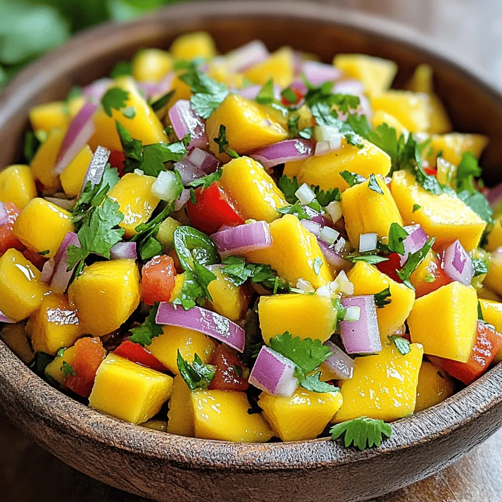To make fresh mango salsa, you need these key ingredients: - 2 ripe mangoes, diced - 1 small red onion, finely chopped - 1 red bell pepper, diced - 1 jalapeño, deseeded and minced (adjust for spice level) - 1/4 cup fresh cilantro, chopped - Juice of 2 limes - 1 tablespoon honey - Salt to taste - Black pepper to taste These ingredients create a bright and vibrant salsa. The ripe mangoes give it sweetness. The red onion adds crunch, while the jalapeño offers a kick. Fresh cilantro ties it all together, and lime juice brightens the flavors. When choosing mangoes, look for these signs of ripeness: - A slight give when you press the skin - A sweet aroma near the stem - Skin color that is mostly yellow or red The best types of mangoes for salsa are the Haden and Tommy Atkins varieties. They are sweet and juicy, making them perfect for this dish. You can add more flavor to your salsa with these options: - A pinch of cumin for warmth - A dash of chili powder for extra heat - Diced avocado for creaminess - Chopped pineapple for sweetness These additional ingredients can enhance the taste or create unique flavor profiles. Feel free to experiment and make it your own! For the full recipe, check out the Mango Salsa Fiesta section. To make great mango salsa, start with the mangoes. Choose ripe mangoes that yield slightly when pressed. This means they are sweet and juicy. 1. How to dice mangoes correctly: - Cut off the sides of the mango. - Score each piece into cubes, but do not cut through the skin. - Use a spoon to scoop out the cubes. Next, prepare the onions and peppers. 2. Chopping onions and peppers: - For the red onion, cut it in half and then slice thinly. - For the red bell pepper, remove the seeds and slice into small pieces. - If you like spice, take a jalapeño, cut it in half, and remove the seeds before mincing it finely. Now it's time to mix all the fresh ingredients. 1. Mixing fresh ingredients: - In a medium bowl, add the diced mango, chopped onion, diced bell pepper, and minced jalapeño. - Remember to stir gently. You don’t want to mash the mango. 2. Proper method for tossing without mashing: - Use a large spoon to lift and turn the mixture. - This way, you keep the mango cubes intact and the salsa looks pretty. The dressing adds a zesty touch to the salsa. 1. Steps for whisking lime juice and honey: - In a small bowl, squeeze the juice of two limes. - Add a tablespoon of honey and a pinch of salt and black pepper. - Whisk this mixture until it combines smoothly. 2. Importance of seasoning balance: - Taste your dressing. It should be tangy and sweet. - Adjust with more salt or lime juice if needed. After mixing, pour the dressing over the salsa. Toss lightly, and let it sit for 15 minutes. This helps all the flavors blend. Enjoy your fresh and flavorful mango salsa! For the complete instructions, check the Full Recipe. To make mango salsa truly shine, let it rest before serving. This time allows all the flavors to blend well. Just 15 minutes is enough for a tasty salsa. You can also adjust the spice level to suit your taste. If you prefer mild salsa, leave out the jalapeño seeds. If you like heat, add more minced jalapeño or use a hotter pepper. Serving your mango salsa in a colorful bowl makes it pop. I love to pair it with tacos or grilled fish. The sweet and spicy flavors of the salsa balance perfectly with these dishes. You can also serve it with tortilla chips for a fun snack. One common mistake is over-mixing the ingredients. This can mash the mango and ruin the texture. Instead, gently stir to keep the mango pieces intact. Another mistake is not using ripe fruit. Ripe mangoes make the salsa sweet and juicy. Check for a slight give when you press the skin. Always choose ripe mangoes for the best results. For the full recipe, check the earlier section. {{image_2}} You can add more fruit to your mango salsa. Pineapple or kiwi works great. Both fruits bring a sweet and tangy flavor. They also add fun colors to your dish. You can chop them small and mix them in. You can also try different herbs. Mint or basil can give a fresh twist to the salsa. Each herb adds its own unique taste, so feel free to play around! Not everyone loves the heat from jalapeño. If you want less spice, try using bell pepper instead. You can also use a milder pepper, like poblano. For more heat, add crushed red pepper flakes or cayenne. A little goes a long way! You can experiment with spices like cumin for a smoky flavor. This adds depth and excitement to your mango salsa. Mango salsa is not just about mango. You can mix it with black beans for added protein. This combo makes it hearty and filling. Just rinse canned black beans before adding them. You can also blend in ripe avocado for creaminess. Avocado makes the salsa smooth and rich. Both options create a different and tasty twist on the classic mango salsa. To keep mango salsa fresh, use airtight containers. Glass or plastic containers work well. Make sure the lid seals tightly to keep air out. Store the salsa in the fridge right after making it. This helps maintain its bright flavors. The cooler temperature slows down spoilage. You can freeze mango salsa if you want to save some for later. First, pour the salsa into freezer-safe bags or containers. Leave some space at the top for expansion. Seal them tightly. To thaw, place the salsa in the fridge overnight. This keeps the flavor intact and helps the texture. Avoid thawing it in the microwave, as it may change the salsa's quality. Mango salsa lasts about 3 to 5 days in the fridge. Always check for signs of spoilage. If you see any mold or off smells, it’s best to throw it away. Fresh salsa should have a vibrant look and smell fruity and tangy. If it looks dull or watery, it may be time to say goodbye. For the best taste, enjoy your salsa within the first few days. You can find the full recipe in the article. To add heat, use more jalapeños. You can also try these tips: - Use a serrano pepper instead of jalapeño for a bolder kick. - Add crushed red pepper flakes to the mix for extra spice. - Incorporate hot sauce into the dressing for a zesty twist. Adjust the spice level to suit your taste. Always start with a little, then add more if needed. Yes, you can prepare mango salsa ahead of time! Here are some best practices: - Chop all ingredients and mix them together, but wait to add the dressing. - Cover it tightly with plastic wrap and store it in the fridge. - Add the dressing just before serving to keep the salsa fresh. This way, the flavors will blend well, but the veggies stay crisp. Mango salsa is very versatile. Here are some great serving suggestions: - Serve it with tacos for a fresh topping. - Top grilled fish or chicken to enhance the flavor. - Use it as a dip with tortilla chips for a fun snack. Mango salsa adds a bright touch to many dishes. Enjoy the vibrant flavors! Making fresh mango salsa is easy and fun. You learned the key ingredients, like ripe mangoes, fresh veggies, and herbs. I shared tips on picking perfect mangoes and how to prepare them. You can mix in optional spices and even try tropical fruit variations. In closing, don't hesitate to experiment. Allow your salsa to rest for better flavor. Serve it with tacos or grilled fish for a tasty twist. Proper storage keeps your salsa fresh for days. Get creative and enjoy this bright, flavorful treat!