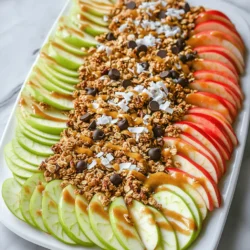 - 2 large apples (Granny Smith or Honeycrisp), thinly sliced - 1/4 cup almond butter (or any nut/seed butter of choice) - 2 tablespoons honey or maple syrup - 1/4 cup granola (your favorite mix) - 2 tablespoons mini dark chocolate chips - 1/4 cup shredded coconut (unsweetened) - 1/4 teaspoon cinnamon (optional) - A handful of chopped nuts (walnuts or pecans) for topping (optional) Healthy apple nachos need fresh apples as the base. I prefer Granny Smith for their crispness. Honeycrisp works well too for a sweeter bite. Slice them thin to create great layers of flavor. Next, choose a nut butter. Almond butter is my go-to. It pairs nicely with apples. You can also use peanut or sunflower seed butter if you prefer. For sweetness, I add honey or maple syrup. This choice brings a lovely flavor to the mix. Granola adds crunch and texture. Pick a mix that has nuts or seeds for more nutrition. Dark chocolate chips bring a sweet surprise. They melt a bit on warm apples, adding richness. Shredded coconut adds a tropical twist. I like to use unsweetened coconut for a healthier option. If you want a hint of spice, add cinnamon. It enhances the overall taste. Finally, consider adding chopped nuts. Walnuts or pecans provide a nice crunch. With these ingredients, you create a tasty and healthy snack. Check the full recipe for preparation steps. - First, wash the apples under cool water. - Next, core the apples to remove the seeds. - Slice the apples into thin rounds, about 1/4 inch thick. - Arrange the apple slices in a single layer on a large plate. - In a small bowl, mix the almond butter and honey or maple syrup. - Stir until smooth and creamy. - If the mixture is too thick, warm it in the microwave for 10-15 seconds. - This helps it drizzle easily over the apples. - Begin layering the apple slices on the plate. - Drizzle the nut butter mixture evenly over the apple slices. - Sprinkle the granola on top for a nice crunch. - Add mini dark chocolate chips for a sweet touch. - Finally, sprinkle shredded coconut over everything. - If you like, dust with cinnamon or add chopped nuts for extra flavor. Your healthy apple nachos are now ready to enjoy! Check out the Full Recipe for more details on this tasty snack. For the best apple nachos, I recommend using Granny Smith or Honeycrisp apples. These apples are both crunchy and tart. They hold their shape well when sliced. This firmness makes them perfect for nachos. Plus, their flavors balance nicely with nut butter and toppings. To make your apple nachos even tastier, consider adding more toppings. Dried fruits like raisins or cranberries bring sweetness. You can also use yogurt for creaminess. Greek yogurt works well for a protein boost. A sprinkle of chia seeds adds nutrition and crunch. If you're serving a larger group, it's easy to scale the recipe. Simply increase the number of apples and toppings. For each extra apple, use the same amount of nut butter and sweetener. This way, everyone gets a generous serving. Arrange the nachos on multiple plates for a fun sharing experience. {{image_2}} For a nut-free treat, you can swap nut butter with sunflower seed butter or soy nut butter. These options give you a similar creaminess without nuts. You can also try tahini, which has a unique flavor. For toppings, consider using pumpkin seeds or sunflower seeds. You can add dried fruits like raisins or cranberries for extra sweetness. To cut down on sugar, use sugar-free sweeteners like stevia or erythritol. You can also skip the honey or maple syrup altogether. Instead, let the natural sweetness of the apples shine. Adding ripe banana slices can offer a sweet touch without adding sugar. Fresh berries also make a great topping and are low in sugar. Want to spice things up? You can add a dash of cinnamon or nutmeg for warmth. A few drops of vanilla extract can enhance the flavor too. For a fun twist, try adding a sprinkle of chili powder for a kick. You can also mix in some cocoa powder with the nut butter for a chocolatey vibe. To keep apple nachos fresh, store them in an airtight container. This prevents them from browning. I suggest eating them within a day for the best taste. If you have leftover toppings, store them separately. This helps maintain the crunch of the granola and the creaminess of the nut butter drizzle. You can prepare components in advance to save time. Slice the apples and store them in water with a splash of lemon juice. This keeps them bright and fresh. You can also mix the nut butter and honey ahead of time. Just store it in a small jar and keep it in the fridge. Granola and toppings can be pre-portioned for easy assembly. Reheating apple nachos is not recommended, as it may make them soggy. Instead, enjoy them cold. If you want warm toppings, consider microwaving the nut butter mixture slightly before drizzling it over the fresh apples. This adds warmth without losing the crispness of the nachos. Enjoy your healthy apple nachos right after you prepare them for the best flavor and crunch. You can prepare apple nachos in advance, but they taste best fresh. To do this, slice the apples and store them in water with lemon juice. This keeps them from browning. You can mix your toppings ahead too. Just add them right before serving for the best crunch. Granny Smith and Honeycrisp apples are my favorites for this recipe. Granny Smith gives a nice tart taste. Honeycrisp is sweet and crunchy. Both apples hold up well and taste great with toppings. Yes! Try using yogurt instead of nut butter for a creamy touch. You can also add fresh berries for sweetness. Dried fruits like raisins or dates can add flavor without many calories. Just keep an eye on portion sizes to stay low-calorie. You can create delicious healthy apple nachos with just a few simple steps. We covered the ingredients needed, from apples to nut butter. I also shared tips for making them special and answers to common questions. These nachos are fun to prepare and are great for any crowd. Try different toppings or flavors to find what you love most. Enjoy your tasty treat and feel good about the healthy choices you've made!