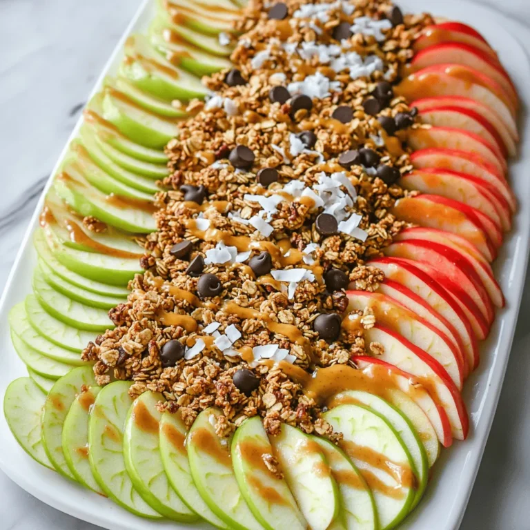 - 2 large apples (Granny Smith or Honeycrisp), thinly sliced - 1/4 cup almond butter (or any nut/seed butter of choice) - 2 tablespoons honey or maple syrup - 1/4 cup granola (your favorite mix) - 2 tablespoons mini dark chocolate chips - 1/4 cup shredded coconut (unsweetened) - 1/4 teaspoon cinnamon (optional) - A handful of chopped nuts (walnuts or pecans) for topping (optional) Healthy apple nachos need fresh apples as the base. I prefer Granny Smith for their crispness. Honeycrisp works well too for a sweeter bite. Slice them thin to create great layers of flavor. Next, choose a nut butter. Almond butter is my go-to. It pairs nicely with apples. You can also use peanut or sunflower seed butter if you prefer. For sweetness, I add honey or maple syrup. This choice brings a lovely flavor to the mix. Granola adds crunch and texture. Pick a mix that has nuts or seeds for more nutrition. Dark chocolate chips bring a sweet surprise. They melt a bit on warm apples, adding richness. Shredded coconut adds a tropical twist. I like to use unsweetened coconut for a healthier option. If you want a hint of spice, add cinnamon. It enhances the overall taste. Finally, consider adding chopped nuts. Walnuts or pecans provide a nice crunch. With these ingredients, you create a tasty and healthy snack. Check the full recipe for preparation steps. - First, wash the apples under cool water. - Next, core the apples to remove the seeds. - Slice the apples into thin rounds, about 1/4 inch thick. - Arrange the apple slices in a single layer on a large plate. - In a small bowl, mix the almond butter and honey or maple syrup. - Stir until smooth and creamy. - If the mixture is too thick, warm it in the microwave for 10-15 seconds. - This helps it drizzle easily over the apples. - Begin layering the apple slices on the plate. - Drizzle the nut butter mixture evenly over the apple slices. - Sprinkle the granola on top for a nice crunch. - Add mini dark chocolate chips for a sweet touch. - Finally, sprinkle shredded coconut over everything. - If you like, dust with cinnamon or add chopped nuts for extra flavor. Your healthy apple nachos are now ready to enjoy! Check out the Full Recipe for more details on this tasty snack. For the best apple nachos, I recommend using Granny Smith or Honeycrisp apples. These apples are both crunchy and tart. They hold their shape well when sliced. This firmness makes them perfect for nachos. Plus, their flavors balance nicely with nut butter and toppings. To make your apple nachos even tastier, consider adding more toppings. Dried fruits like raisins or cranberries bring sweetness. You can also use yogurt for creaminess. Greek yogurt works well for a protein boost. A sprinkle of chia seeds adds nutrition and crunch. If you're serving a larger group, it's easy to scale the recipe. Simply increase the number of apples and toppings. For each extra apple, use the same amount of nut butter and sweetener. This way, everyone gets a generous serving. Arrange the nachos on multiple plates for a fun sharing experience. {{image_2}} For a nut-free treat, you can swap nut butter with sunflower seed butter or soy nut butter. These options give you a similar creaminess without nuts. You can also try tahini, which has a unique flavor. For toppings, consider using pumpkin seeds or sunflower seeds. You can add dried fruits like raisins or cranberries for extra sweetness. To cut down on sugar, use sugar-free sweeteners like stevia or erythritol. You can also skip the honey or maple syrup altogether. Instead, let the natural sweetness of the apples shine. Adding ripe banana slices can offer a sweet touch without adding sugar. Fresh berries also make a great topping and are low in sugar. Want to spice things up? You can add a dash of cinnamon or nutmeg for warmth. A few drops of vanilla extract can enhance the flavor too. For a fun twist, try adding a sprinkle of chili powder for a kick. You can also mix in some cocoa powder with the nut butter for a chocolatey vibe. To keep apple nachos fresh, store them in an airtight container. This prevents them from browning. I suggest eating them within a day for the best taste. If you have leftover toppings, store them separately. This helps maintain the crunch of the granola and the creaminess of the nut butter drizzle. You can prepare components in advance to save time. Slice the apples and store them in water with a splash of lemon juice. This keeps them bright and fresh. You can also mix the nut butter and honey ahead of time. Just store it in a small jar and keep it in the fridge. Granola and toppings can be pre-portioned for easy assembly. Reheating apple nachos is not recommended, as it may make them soggy. Instead, enjoy them cold. If you want warm toppings, consider microwaving the nut butter mixture slightly before drizzling it over the fresh apples. This adds warmth without losing the crispness of the nachos. Enjoy your healthy apple nachos right after you prepare them for the best flavor and crunch. You can prepare apple nachos in advance, but they taste best fresh. To do this, slice the apples and store them in water with lemon juice. This keeps them from browning. You can mix your toppings ahead too. Just add them right before serving for the best crunch. Granny Smith and Honeycrisp apples are my favorites for this recipe. Granny Smith gives a nice tart taste. Honeycrisp is sweet and crunchy. Both apples hold up well and taste great with toppings. Yes! Try using yogurt instead of nut butter for a creamy touch. You can also add fresh berries for sweetness. Dried fruits like raisins or dates can add flavor without many calories. Just keep an eye on portion sizes to stay low-calorie. You can create delicious healthy apple nachos with just a few simple steps. We covered the ingredients needed, from apples to nut butter. I also shared tips for making them special and answers to common questions. These nachos are fun to prepare and are great for any crowd. Try different toppings or flavors to find what you love most. Enjoy your tasty treat and feel good about the healthy choices you've made!