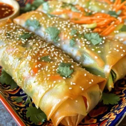 To make these baked veggie spring rolls, you will need: - 1 cup cabbage, finely shredded - 1 carrot, julienned - 1 bell pepper (any color), thinly sliced - 1 zucchini, grated - 1 green onion, finely chopped - 2 cloves garlic, minced - 1 teaspoon fresh ginger, minced - 2 tablespoons soy sauce - 1 teaspoon sesame oil - 20 spring roll wrappers - Olive oil spray or cooking spray - Salt and pepper to taste - Optional: chili flakes for heat You can swap ingredients based on what you have. Use bok choy instead of cabbage for a crunchier bite. If you prefer, try a different vegetable like spinach or mushrooms. You can replace soy sauce with tamari for a gluten-free option. For a lighter touch, use avocado oil instead of sesame oil. You can also skip the chili flakes if you want a milder flavor. Each spring roll has about 80 calories. They are low in fat and high in fiber. The veggies provide vitamins and minerals needed for a healthy diet. Using olive oil spray keeps them light without losing that crispy texture. These spring rolls also offer a colorful array of nutrients, making them not only tasty but good for you. They are perfect as a snack or a light meal. Check the Full Recipe for more details on portion sizes and cooking times. To make the filling, I start by getting all my veggies ready. First, I finely shred one cup of cabbage. Next, I julienne one carrot. I slice one bell pepper into thin strips. Then, I grate one zucchini. I also chop one green onion and mince two cloves of garlic. For a nice kick, I mince one teaspoon of fresh ginger. In a large bowl, I mix all these veggies together. I add two tablespoons of soy sauce, one teaspoon of sesame oil, and season with salt and pepper. If you like spice, toss in some chili flakes. This mix is colorful and full of flavor! Now it’s time to wrap the spring rolls. I lay out one spring roll wrapper on a clean surface. I make sure one corner is pointing towards me. I take about two tablespoons of my veggie mix and place it in the center of the wrapper. I fold the bottom corner over the filling. Next, I fold in the sides and roll it up tightly. This keeps the filling inside. I repeat this with all the wrappers and filling until I have a nice stack. It’s fun to see them come together! With the spring rolls all wrapped, I place them on a baking sheet lined with parchment paper. I spray or brush them lightly with olive oil. This helps them get that perfect crispy texture. I preheat my oven to 425°F (220°C). Once it’s hot, I put the baking sheet in and bake for 15 to 20 minutes. I turn them halfway through to ensure they cook evenly. When they turn golden brown, I take them out and let them cool for a bit. They are now crispy and ready to enjoy! For a delicious dip, serve them with sweet chili sauce or soy sauce. To get that perfect crunch, you need to focus on a few key points. First, make sure you preheat your oven to 425°F (220°C). This high heat helps the spring rolls cook evenly and get crispy. Second, use olive oil spray or cooking spray on the rolls before baking. This adds a nice golden color and a crispy texture. Lastly, turn the spring rolls halfway through baking. This ensures all sides get that delightful crunch. One big mistake is overstuffing your spring rolls. If you pack them too tightly, they won't cook evenly. Another common error is skipping the oil spray. Without it, the rolls may not crisp up as you want. Also, avoid using soggy vegetables. Make sure they are fresh and not too watery. This keeps the filling from making the wrappers soggy. When serving your baked veggie spring rolls, presentation is key. Arrange them on a colorful platter. You can serve them with sweet chili sauce or soy sauce for dipping. A sprinkle of sesame seeds and fresh cilantro on top adds a nice touch. For a full meal, pair the spring rolls with a light salad or a soup. This keeps things balanced and delicious. For the full recipe, check out the link above. {{image_2}} You can boost the flavor by adding protein. Tofu is a great choice. It soaks up flavors well and adds a nice texture. You can use firm tofu, cut into small cubes. Simply sauté it with your veggies before wrapping. If you prefer meat, try cooked chicken. Shred the chicken into small pieces and mix it with the veggies. This adds heartiness to your spring rolls. Feel free to mix and match your veggies! Broccoli, mushrooms, and spinach work well. Sweet potatoes add a nice touch, too. Just remember to cut them into small pieces for easy wrapping. The goal is to have a colorful mix. This not only looks nice but also gives different flavors in each bite. Get creative and use what you have on hand! The right sauce can make your spring rolls shine. Sweet chili sauce is a classic choice. It adds a zing that pairs well with veggies. You can also try soy sauce for a savory kick. For a creamier option, mix peanut butter with soy sauce. This creates a rich dip that tastes amazing. Don’t forget to experiment with different sauces. Each dip can change the whole taste of your spring rolls! For the full recipe, visit the link provided. To store leftover baked veggie spring rolls, allow them to cool completely. Place them in an airtight container. They can stay fresh in the fridge for up to three days. If you want to keep them longer, freezing is a great option. To reheat the spring rolls, preheat your oven to 375°F (190°C). Place the spring rolls on a baking sheet. Bake for about 10-12 minutes, or until they are warm and crispy again. You can also use an air fryer if you have one. This method keeps them crunchy. If you want to freeze unbaked spring rolls, prepare them as usual but do not bake. Lay them on a baking sheet in a single layer. Freeze them for about 1-2 hours until solid. Once frozen, transfer them to a zip-top bag. They can be stored in the freezer for up to three months. When ready to bake, cook from frozen at 425°F (220°C) for 20-25 minutes. Enjoy the freshness of homemade spring rolls anytime! For the full recipe, refer to the earlier section. You should bake veggie spring rolls for about 15 to 20 minutes. They need to be golden and crispy. I like to turn them halfway through baking. This helps them cook evenly. Keep an eye on them to avoid burning. If you want extra crunch, bake them a bit longer. Yes, you can use rice paper instead. Rice paper gives a different texture. They will be a bit chewier. To use rice paper, soak it in warm water first. This makes it easier to wrap. Just be careful not to soak too long or they will tear. Baked veggie spring rolls taste great with dipping sauces. I recommend sweet chili sauce or soy sauce. You can also serve them with a light salad. A fresh cucumber salad adds a nice crunch. For a fun twist, add some pickled veggies on the side. For a full recipe, check out the details shared above. This blog post covered all you need to make tasty baked veggie spring rolls. We discussed the ingredients, how to prepare the filling, and step-by-step wrapping. I shared tips for crispiness and common mistakes to avoid. You also learned about tasty variations and how to store leftovers. With these insights, you can enjoy delicious rolls with whatever you like. Now, grab your ingredients and start cooking! Happy rolling!