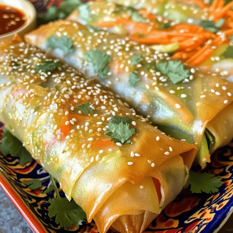 To make these baked veggie spring rolls, you will need: - 1 cup cabbage, finely shredded - 1 carrot, julienned - 1 bell pepper (any color), thinly sliced - 1 zucchini, grated - 1 green onion, finely chopped - 2 cloves garlic, minced - 1 teaspoon fresh ginger, minced - 2 tablespoons soy sauce - 1 teaspoon sesame oil - 20 spring roll wrappers - Olive oil spray or cooking spray - Salt and pepper to taste - Optional: chili flakes for heat You can swap ingredients based on what you have. Use bok choy instead of cabbage for a crunchier bite. If you prefer, try a different vegetable like spinach or mushrooms. You can replace soy sauce with tamari for a gluten-free option. For a lighter touch, use avocado oil instead of sesame oil. You can also skip the chili flakes if you want a milder flavor. Each spring roll has about 80 calories. They are low in fat and high in fiber. The veggies provide vitamins and minerals needed for a healthy diet. Using olive oil spray keeps them light without losing that crispy texture. These spring rolls also offer a colorful array of nutrients, making them not only tasty but good for you. They are perfect as a snack or a light meal. Check the Full Recipe for more details on portion sizes and cooking times. To make the filling, I start by getting all my veggies ready. First, I finely shred one cup of cabbage. Next, I julienne one carrot. I slice one bell pepper into thin strips. Then, I grate one zucchini. I also chop one green onion and mince two cloves of garlic. For a nice kick, I mince one teaspoon of fresh ginger. In a large bowl, I mix all these veggies together. I add two tablespoons of soy sauce, one teaspoon of sesame oil, and season with salt and pepper. If you like spice, toss in some chili flakes. This mix is colorful and full of flavor! Now it’s time to wrap the spring rolls. I lay out one spring roll wrapper on a clean surface. I make sure one corner is pointing towards me. I take about two tablespoons of my veggie mix and place it in the center of the wrapper. I fold the bottom corner over the filling. Next, I fold in the sides and roll it up tightly. This keeps the filling inside. I repeat this with all the wrappers and filling until I have a nice stack. It’s fun to see them come together! With the spring rolls all wrapped, I place them on a baking sheet lined with parchment paper. I spray or brush them lightly with olive oil. This helps them get that perfect crispy texture. I preheat my oven to 425°F (220°C). Once it’s hot, I put the baking sheet in and bake for 15 to 20 minutes. I turn them halfway through to ensure they cook evenly. When they turn golden brown, I take them out and let them cool for a bit. They are now crispy and ready to enjoy! For a delicious dip, serve them with sweet chili sauce or soy sauce. To get that perfect crunch, you need to focus on a few key points. First, make sure you preheat your oven to 425°F (220°C). This high heat helps the spring rolls cook evenly and get crispy. Second, use olive oil spray or cooking spray on the rolls before baking. This adds a nice golden color and a crispy texture. Lastly, turn the spring rolls halfway through baking. This ensures all sides get that delightful crunch. One big mistake is overstuffing your spring rolls. If you pack them too tightly, they won't cook evenly. Another common error is skipping the oil spray. Without it, the rolls may not crisp up as you want. Also, avoid using soggy vegetables. Make sure they are fresh and not too watery. This keeps the filling from making the wrappers soggy. When serving your baked veggie spring rolls, presentation is key. Arrange them on a colorful platter. You can serve them with sweet chili sauce or soy sauce for dipping. A sprinkle of sesame seeds and fresh cilantro on top adds a nice touch. For a full meal, pair the spring rolls with a light salad or a soup. This keeps things balanced and delicious. For the full recipe, check out the link above. {{image_2}} You can boost the flavor by adding protein. Tofu is a great choice. It soaks up flavors well and adds a nice texture. You can use firm tofu, cut into small cubes. Simply sauté it with your veggies before wrapping. If you prefer meat, try cooked chicken. Shred the chicken into small pieces and mix it with the veggies. This adds heartiness to your spring rolls. Feel free to mix and match your veggies! Broccoli, mushrooms, and spinach work well. Sweet potatoes add a nice touch, too. Just remember to cut them into small pieces for easy wrapping. The goal is to have a colorful mix. This not only looks nice but also gives different flavors in each bite. Get creative and use what you have on hand! The right sauce can make your spring rolls shine. Sweet chili sauce is a classic choice. It adds a zing that pairs well with veggies. You can also try soy sauce for a savory kick. For a creamier option, mix peanut butter with soy sauce. This creates a rich dip that tastes amazing. Don’t forget to experiment with different sauces. Each dip can change the whole taste of your spring rolls! For the full recipe, visit the link provided. To store leftover baked veggie spring rolls, allow them to cool completely. Place them in an airtight container. They can stay fresh in the fridge for up to three days. If you want to keep them longer, freezing is a great option. To reheat the spring rolls, preheat your oven to 375°F (190°C). Place the spring rolls on a baking sheet. Bake for about 10-12 minutes, or until they are warm and crispy again. You can also use an air fryer if you have one. This method keeps them crunchy. If you want to freeze unbaked spring rolls, prepare them as usual but do not bake. Lay them on a baking sheet in a single layer. Freeze them for about 1-2 hours until solid. Once frozen, transfer them to a zip-top bag. They can be stored in the freezer for up to three months. When ready to bake, cook from frozen at 425°F (220°C) for 20-25 minutes. Enjoy the freshness of homemade spring rolls anytime! For the full recipe, refer to the earlier section. You should bake veggie spring rolls for about 15 to 20 minutes. They need to be golden and crispy. I like to turn them halfway through baking. This helps them cook evenly. Keep an eye on them to avoid burning. If you want extra crunch, bake them a bit longer. Yes, you can use rice paper instead. Rice paper gives a different texture. They will be a bit chewier. To use rice paper, soak it in warm water first. This makes it easier to wrap. Just be careful not to soak too long or they will tear. Baked veggie spring rolls taste great with dipping sauces. I recommend sweet chili sauce or soy sauce. You can also serve them with a light salad. A fresh cucumber salad adds a nice crunch. For a fun twist, add some pickled veggies on the side. For a full recipe, check out the details shared above. This blog post covered all you need to make tasty baked veggie spring rolls. We discussed the ingredients, how to prepare the filling, and step-by-step wrapping. I shared tips for crispiness and common mistakes to avoid. You also learned about tasty variations and how to store leftovers. With these insights, you can enjoy delicious rolls with whatever you like. Now, grab your ingredients and start cooking! Happy rolling!