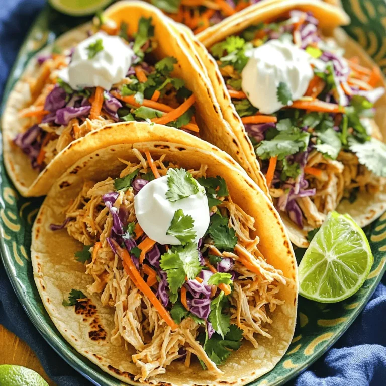 To make pulled chicken tacos, you need some key ingredients. Here’s what you will need: - 1 lb boneless, skinless chicken thighs - 1 tablespoon olive oil - 1 tablespoon taco seasoning - 1 cup chicken broth - 1 tablespoon lime juice - 8 small corn tortillas - 1 cup shredded cabbage (green or purple or both) - 1 carrot, grated - 1/4 cup fresh cilantro, chopped These ingredients come together to create a tasty meal. The chicken thighs are perfect for shredding. They stay juicy and absorb all the flavors. The tacos are also light with the crunchy slaw. You can add some fun flavors to make your tacos unique. Here are some optional ingredients: - 1 jalapeño, thinly sliced - Salt and pepper to taste - 1/4 cup Greek yogurt or sour cream (for topping) - Lime wedges (for serving) These optional ingredients allow you to adjust the heat and creaminess. You can add jalapeños for spice. The yogurt or sour cream gives a cool touch to the tacos. Seasonings can change your taco game. The best choice is taco seasoning. You can also use: - Cumin - Paprika - Garlic powder - Onion powder When it comes to toppings, fresh herbs make a big difference. Cilantro adds a bright flavor. You can also use avocado slices or fresh salsa for more taste. For the complete recipe, check out the Full Recipe. Enjoy your cooking and have fun with these flavors! To start, gather your chicken thighs and season them. Use taco seasoning, salt, and pepper. Heat one tablespoon of olive oil in a large skillet over medium-high heat. Once hot, add the chicken thighs. Sear them for about 3 to 4 minutes on each side. You want them golden brown. This step gives flavor and texture. Next, it’s time to cook the chicken. Pour in one cup of chicken broth. Bring it to a boil, then lower the heat to a simmer. Cover the skillet and let it cook for 20 to 25 minutes. The chicken should be tender and easy to shred. After cooking, remove the chicken from the skillet. Use two forks to shred the chicken into pieces. Return the shredded chicken to the skillet. Add one tablespoon of lime juice and mix well. Let it simmer for another 5 minutes, allowing the flavors to blend. While the chicken cooks, prepare the slaw. In a bowl, combine one cup of shredded cabbage and one grated carrot. If you like heat, add a thinly sliced jalapeño. Throw in a quarter cup of chopped cilantro for freshness. Drizzle with lime juice and season with salt and pepper. Toss everything together. This slaw adds crunch and brightness to your tacos. You can find the complete recipe [Full Recipe] for more details on the cooking process. To shred chicken perfectly, start by cooking it until tender. I use chicken thighs for their rich flavor. After cooking, remove the chicken from the pan. Let it cool for a few minutes. Then, take two forks and pull the chicken apart. This method keeps the chicken juicy and flavorful. Warming tortillas adds great taste. I prefer using a skillet for this. Heat the skillet on medium heat. Place the tortillas in the skillet for about 30 seconds. Flip them and warm for another 30 seconds. You can also warm them over an open flame for a smoky flavor. Just be careful not to burn them! For a great look and taste, serve your tacos on a colorful platter. Add lime wedges for a fresh pop. A small bowl of extra slaw lets guests customize their tacos. Top each taco with a dollop of Greek yogurt or sour cream. This adds creaminess and helps balance the spices. Enjoy every bite! For the full recipe, check out the Zesty Pulled Chicken Tacos with Crunchy Slaw. {{image_2}} You can swap chicken for other proteins. Try pork, beef, or turkey. For a plant-based option, use jackfruit or tofu. These choices keep the dish fun and tasty. Each protein absorbs flavors well, making it versatile. While cabbage is great, you can mix it up. Use kale, broccoli slaw, or even carrots only. Add fruits like apples or pineapple for a sweet twist. You can also toss in nuts for crunch. Each slaw variation brings its own flair to the tacos. To make these tacos gluten-free, select corn tortillas. Many brands are safe for those with gluten issues. For a vegan option, use tofu or tempeh instead of chicken. Replace Greek yogurt with avocado or a cashew cream. These swaps ensure everyone can enjoy this dish. To store leftover pulled chicken tacos, wrap them in plastic wrap or foil. You can also use an airtight container. Make sure to keep the tacos and slaw separate. This helps maintain their crunch and flavor. Refrigerate the leftovers for up to three days. To reheat the pulled chicken, place it in a skillet over medium heat. Add a splash of chicken broth to keep it moist. Stir until heated through, about five minutes. For the tortillas, warm them on a skillet for a few seconds on each side. This keeps them soft and pliable. The pulled chicken can last up to three days in the fridge. The slaw should be eaten within two days for the best texture. If you freeze the chicken, it can last for up to three months. Just thaw it in the fridge before reheating. For the best flavor, always check your ingredients before use. You can find the full recipe to enjoy this meal again. Yes, you can use chicken breasts. They may cook faster than thighs. Breasts are leaner, so they may dry out. Keep an eye on them while cooking. Adjust the cooking time to about 15-20 minutes. You can still enjoy great flavor with chicken breasts. To add heat, use more jalapeños. You can also add hot sauce to the chicken. Another option is to sprinkle chili powder into the slaw. Try using spicy taco seasoning for extra kick. Mix in diced fresh peppers for more flavor. Adjust the spice to your taste for a perfect meal. Great sides include Mexican rice or black beans. You can also serve with corn on the cob. A fresh avocado salad pairs well too. Consider tortilla chips with salsa or guacamole for crunch. These sides balance the meal and add fun flavors. Try them with your tacos for a full spread. For the full recipe, check the details above and get started on your delicious tacos! You now have all you need to make delicious pulled chicken tacos. Remember the main ingredients and spices for great flavor. Follow the step-by-step guide for cooking and making slaw. Use tips for perfect chicken and warming tortillas. Explore variations to suit your taste and dietary needs. Store leftovers properly to enjoy later. Pulled chicken tacos are fun, easy, and can fit any meal. Your friends and family will love them. Get creative and make this dish your own!