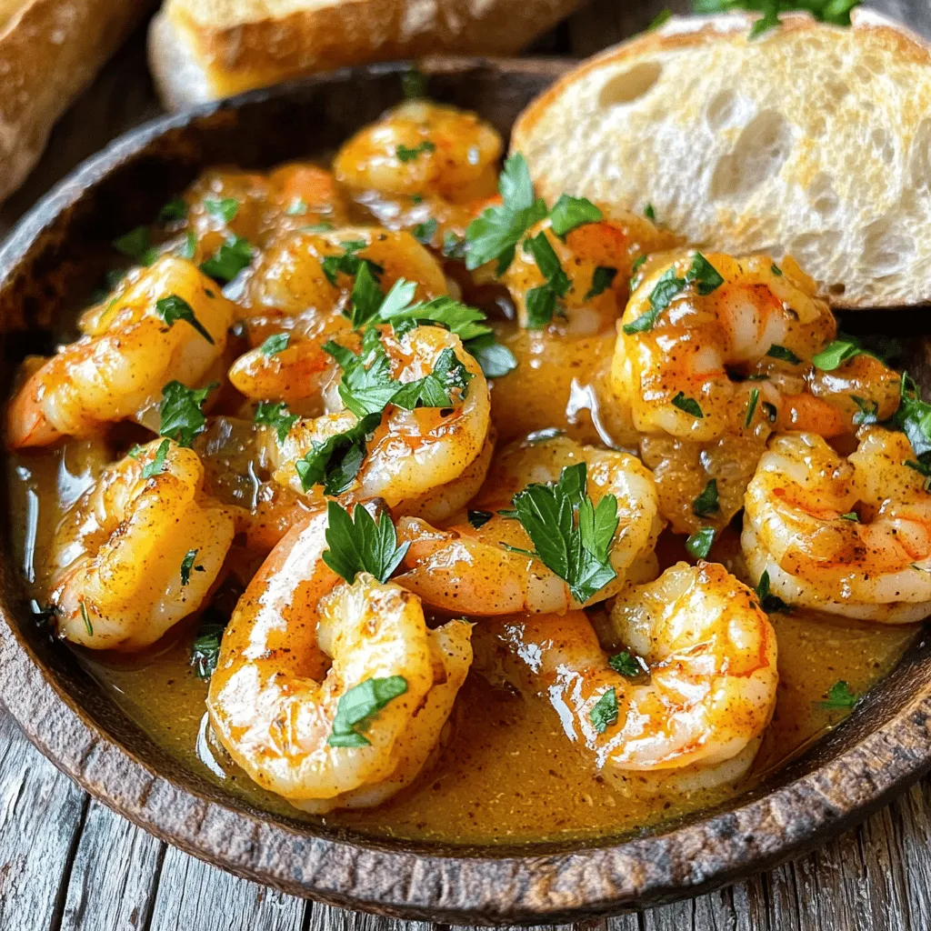 - 1 pound large shrimp, peeled and deveined (tails on) - 1/4 cup olive oil - 1/2 cup unsalted butter - 4 cloves garlic, minced - 1 tablespoon Worcestershire sauce - 1 tablespoon hot sauce (like Tabasco) - 1 tablespoon smoked paprika - 1 teaspoon cayenne pepper (adjust to taste) - 1 teaspoon onion powder - 1 teaspoon black pepper - 2 teaspoons salt - 1 tablespoon fresh lemon juice - 1/4 cup fresh parsley, chopped (for garnish) - Crusty French bread (for serving) I love using fresh shrimp for this dish. The shrimp should be large, peeled, and deveined. The tails can stay on for that classic look. For fats, we need olive oil and unsalted butter. They create a rich base for the sauce. Garlic adds aroma and flavor. The Worcestershire sauce and hot sauce give the dish its zest. Smoked paprika adds a hint of smokiness. Adjust the cayenne pepper based on your heat preference. Onion powder and black pepper enhance the overall taste. Salt is a must for balance. Fresh lemon juice brightens the dish at the end. Garnish with chopped parsley for a pop of color. Serve with crusty French bread to soak up the sauce. If you want to swap ingredients, use ghee instead of butter for a dairy-free option. You can also replace shrimp with fish or chicken. For a vegetarian dish, try mushrooms or tofu. For the full recipe, check the comprehensive guide above. Start by cleaning and preparing the shrimp. Rinse the shrimp under cold water. Pat them dry with paper towels. This step helps remove any grit. Set the shrimp aside for later. Next, set up your cooking workspace. Gather all your ingredients. Place them within reach. This saves time and makes cooking easier. Make sure to have a large skillet ready. You’ll need it for the sauce and shrimp. Now, it’s time to cook the sauce. In your large skillet, combine butter and olive oil. Heat these over medium heat. Wait for the butter to melt completely. This mix adds richness to the dish. Once the butter melts, add minced garlic. Sauté the garlic for about one minute. You want it fragrant but not brown. Then, it’s time to add your essential seasonings. Stir in Worcestershire sauce, hot sauce, smoked paprika, cayenne pepper, onion powder, black pepper, and salt. Mix everything together. Let it simmer for two to three minutes. This allows the flavors to blend nicely. Next, cook the shrimp to perfection. Carefully add the shrimp to the skillet. Toss them well in the sauce. Cook for about four to five minutes. The shrimp should turn pink and opaque. Be careful not to overcook them. This will keep them tender. Finally, add finishing touches for flavor enhancement. Remove the skillet from heat. Stir in fresh lemon juice. This adds a nice brightness to the dish. Transfer the BBQ shrimp to a serving dish. Sprinkle with chopped parsley for color. Serve hot with crusty French bread to soak up that delicious sauce. For the complete recipe, check out the Full Recipe. To avoid overcooked shrimp, watch the time closely. Cook the shrimp for just 4 to 5 minutes. They should turn pink and opaque. If they curl too much, they are overcooked. For sauce consistency, ensure it is thick and rich. Stir the sauce while it simmers. If it’s too runny, cook it longer. This will help the flavors blend well. Adjust spice levels by tasting your sauce. If you like it hot, add more cayenne pepper. For milder heat, use less hot sauce. Fresh herbs pack more flavor than dried ones. Always choose fresh parsley for garnishing. Louisiana BBQ shrimp pairs well with crusty French bread. It’s perfect for soaking up the sauce. Serve with a fresh salad for a light touch. For drinks, a cold beer works great. A crisp white wine like Sauvignon Blanc also complements the dish well. You’ll enjoy every bite and sip! {{image_2}} Louisiana BBQ shrimp has two main styles: Cajun and Creole. Cajun food is rustic and bold. It uses fewer ingredients. Creole, on the other hand, is more refined. It combines French, Spanish, and African flavors. In Cajun BBQ shrimp, you might see more spice and smoky flavors. It often uses ingredients like andouille sausage. Creole BBQ shrimp may include fresh tomatoes and other veggies. Both styles celebrate local Louisiana ingredients, like fresh shrimp and spices. You can switch up the protein in BBQ shrimp recipes. Try using fish like catfish or tilapia. These fish absorb the sauce well and keep it light. For chicken lovers, skinless chicken thighs work great. Just cut them into bite-sized pieces and cook until done. Don’t forget about vegetarian options! You can replace shrimp with hearty veggies like eggplant or mushrooms. These can soak in the rich sauce, making them flavorful and filling. Louisiana BBQ shrimp can shine in many dishes. Serve it over creamy grits for a comforting meal. You can also use it in tacos with fresh toppings. For a twist, try BBQ shrimp on a pizza! Spread the sauce on the dough and add shrimp before baking. This dish can also inspire other cuisines. Think of shrimp served with Asian noodles or Mediterranean couscous. Each variation adds a new layer of taste, showing the dish's versatility. For the full recipe, check the [Full Recipe]. To keep your BBQ shrimp fresh, cool them down quickly. After serving, let them sit for no more than two hours at room temperature. Transfer the shrimp to a shallow dish to help them cool faster. Cover the dish with plastic wrap or a lid. Use airtight containers for the best flavor retention. Glass or BPA-free plastic containers work well. When you reheat BBQ shrimp, you want to keep them juicy. The best method is to use a skillet. Heat it on low and add a little butter or oil. Stir in the shrimp until warm. Avoid using the microwave, as it can make shrimp rubbery. If you have extra shrimp, try adding them to pasta or rice dishes for a new meal. Yes, you can freeze BBQ shrimp! To freeze, start by letting them cool completely. Then, place them in a single layer on a baking sheet. Freeze them for about an hour. Once frozen, transfer the shrimp to a freezer-safe bag or container. Remove as much air as possible to prevent freezer burn. They can last up to three months in the freezer. When you’re ready to use them, thaw in the fridge overnight. Enjoy the flavors of your BBQ shrimp again! For the full recipe, don’t forget to check out the main guide. Louisiana BBQ shrimp is a classic dish from New Orleans. It does not involve a grill. Instead, it features shrimp cooked in a spicy, buttery sauce. This dish reflects the rich flavors of Cajun and Creole cooking. It has roots in the coastal areas of Louisiana, where shrimp are plentiful. The dish showcases local ingredients like spices, garlic, and Worcestershire sauce. It is often served with French bread to soak up the sauce. Enjoying this dish connects you to the vibrant culture of New Orleans. To make your Louisiana BBQ shrimp spicier, add more cayenne pepper. You can also increase the hot sauce while cooking. Consider using a spicier hot sauce than Tabasco if you want a real kick. Another option is to include diced jalapeños for added heat. Always taste the sauce as you go. Adjust the spice to match your heat preference. Remember, you can start mild and build up the heat level. Yes, you can use frozen shrimp for this recipe. Frozen shrimp are convenient and often just as tasty. Thaw the shrimp before cooking to ensure even cooking. Place them in cold water for about 15 minutes to speed up the thawing. Using frozen shrimp may save time, but they can lose some texture if overcooked. Keep an eye on them while cooking. Perfectly cooked shrimp should be pink and opaque. Louisiana BBQ shrimp pairs well with crusty French bread. The bread is perfect for soaking up the rich sauce. You might also serve it with a fresh green salad to balance the meal. A side of coleslaw adds a crunchy texture. For drinks, try a cold beer or a refreshing lemonade. These sides and drinks enhance the meal and create a great dining experience. Louisiana BBQ shrimp is a dish bursting with flavor and history. We explored key ingredients like shrimp, olive oil, and spices. You learned how to prepare and cook shrimp to perfection. I shared tips to avoid overcooking and enhance flavors. Variations, like Cajun and Creole styles, can add local flair. Remember to store leftovers properly and reheat them for the best taste. Enjoy experimenting with this dish and make it your own!