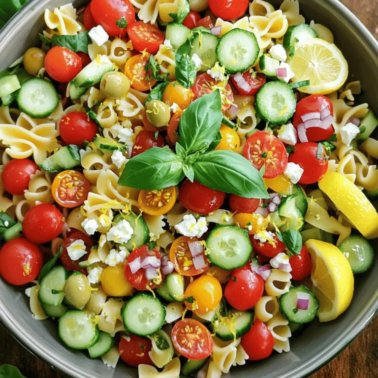 - 8 oz pasta (your choice: fusilli, penne, or bowtie) - 1 cup cherry tomatoes, halved - 1 cucumber, diced - 1/2 red onion, finely chopped - 1/2 cup fresh basil leaves, chopped - 1/4 cup feta cheese, crumbled (optional) - 1/4 cup olives (black or green), pitted and sliced For the main ingredients, I love to use pasta like fusilli, penne, or bowtie. Each shape holds the dressing well. Fresh vegetables make this dish bright and colorful. I always add cherry tomatoes for sweetness. Chopped cucumber gives a nice crunch. Finely chopped red onion adds a bit of zest. You can also toss in feta cheese or olives for more flavor. - 1/3 cup olive oil - 1/4 cup fresh lemon juice - 1 teaspoon lemon zest - Salt and pepper to taste The dressing is what brings this salad to life. I mix olive oil, fresh lemon juice, and lemon zest for a bright taste. The salt and pepper enhance the flavors. This dressing is simple but very flavorful. If you want to try something new, you can add feta or olives to your salad. Follow the [Full Recipe] to create this wonderful dish! First, I boil a large pot of salted water. It should be bubbling and ready. Add your choice of pasta—fusilli, penne, or bowtie. Cook it according to the package directions until it is al dente. This means it should be firm but not hard. Once done, drain the pasta and rinse it under cold water. This helps stop the cooking process and cools it down. In a small bowl, whisk together the olive oil, fresh lemon juice, and lemon zest. Add a pinch of salt and pepper to taste. Mix it well until it combines into a smooth dressing. This dressing adds a bright, fresh flavor to the salad. In a big mixing bowl, combine the cooled pasta with the halved cherry tomatoes, diced cucumber, finely chopped red onion, and sliced olives. Toss in the chopped basil leaves too. Pour the lemon dressing over the pasta salad. Gently toss everything together until all the ingredients are coated. If you like, you can add crumbled feta cheese for extra creaminess. Just fold it in carefully. For the full recipe, refer back to the section above. Enjoy your fresh and simple lemon basil pasta salad! Let the salad chill for at least 30 minutes. This helps the flavors blend well. You can really taste the difference. Using fresh lemon juice adds brightness to the dish. It elevates the taste and makes it more refreshing. You can serve the salad in a large bowl or in individual cups. This makes it fun and easy for guests. For a lovely touch, garnish with fresh basil and lemon wedges. It adds color and makes the dish look fancy. {{image_2}} You can change the pasta type to suit your taste. For a healthier option, try whole wheat pasta. It adds a nice nutty flavor and extra fiber. If you want to skip the feta cheese, you have choices! Use goat cheese for a creamy touch or leave it out for a vegan dish. The salad will still taste great without the cheese. Want to make your salad heartier? Add grilled chicken or shrimp. They bring protein and flavor to your meal. Just slice the chicken or shrimp into bite-sized pieces before mixing them in. For a crunchy twist, toss in some nuts. Pine nuts and walnuts work well. They add a delightful crunch and a nutty taste that contrasts with the fresh veggies. These variations let you get creative. You can make this salad fit your style or dietary needs. Enjoy making it your own! For the full recipe, check out the earlier section. To keep your leftover Lemon Basil Pasta Salad fresh, store it in the fridge. First, let it cool to room temperature. This helps avoid condensation in the container. Use an airtight container to keep the salad crisp. Glass containers are great, but plastic ones work too. Avoid using metal containers, as they can react with the lemon juice. In the fridge, your pasta salad can last about three to five days. Check for any signs of spoilage before eating. If it looks or smells off, toss it. Always trust your senses when it comes to food safety! Yes, you can make this salad ahead of time. I often prepare it the night before. This gives the flavors more time to mix. Here are some tips: - Cook the pasta and let it cool completely. - Mix in the vegetables and dressing. - Cover the bowl with plastic wrap. - Chill in the fridge for at least 30 minutes before serving. This way, you save time when you are ready to eat. This salad pairs well with many dishes. I love serving it with grilled chicken or fish. Here are some great options: - Grilled shrimp for a seafood touch. - A side of garlic bread for some crunch. - A fresh green salad to add more veggies. These sides make a complete meal that everyone will enjoy. Yes, you can make this salad gluten-free. Just swap regular pasta for gluten-free options. Here are some good choices: - Brown rice pasta for a nice texture. - Quinoa pasta for added protein. - Chickpea pasta for a unique flavor. These substitutes keep the taste great while making it gluten-free. For the full recipe, check the section above! In this blog post, we explored how to make a fresh and tasty Lemon Basil Pasta Salad. You learned about the key ingredients, from pasta to fresh veggies. The step-by-step guide showed how to cook, dress, and mix everything together. We also shared tips for flavor and storage, plus fun variations to try. Remember, this salad is easy to customize to fit your taste. Enjoy a bright and delicious meal any time! Make it your own and savor every bite.