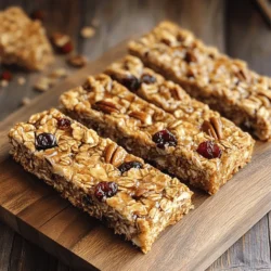 - 2 cups rolled oats - 1 cup pecans, roughly chopped - 1/2 cup almond butter (or nut butter of choice) - 1/2 cup pure maple syrup - 1/4 cup honey or agave syrup - 1/2 teaspoon vanilla extract - 1/2 teaspoon cinnamon - 1/4 teaspoon salt - 1/2 cup dried cranberries (or other dried fruits) - 1/2 cup dark chocolate chips (optional) Gathering the right ingredients makes a big difference. I love using rolled oats for the base. They add a hearty texture and lots of fiber. Pecans bring a nice crunch and rich flavor. Almond butter is my go-to for binding. It gives a smooth, nutty taste. Maple syrup adds sweetness and a touch of warmth. I also use honey or agave syrup. This choice depends on my mood and dietary needs. Vanilla extract adds a lovely aroma, while cinnamon gives a warm spice. Salt balances the sweetness. Dried cranberries or other fruits add chewiness and color. If I want a sweet twist, I sometimes toss in dark chocolate chips. They melt slightly, making the bars extra tasty. These ingredients come together to create a healthy snack. You can enjoy them any time of day. For the full recipe, check out my detailed guide. First, preheat your oven to 350°F (175°C). This step gets the oven ready for baking. Next, line an 8-inch square baking dish with parchment paper. Leave some paper hanging over the edges. This makes it easy to lift the bars out later. In a large mixing bowl, combine 2 cups of rolled oats and 1 cup of chopped pecans. Stir them together well. This mix gives the bars a nice crunch and flavor. In a separate microwave-safe bowl, add 1/2 cup of almond butter, 1/2 cup of pure maple syrup, 1/4 cup of honey (or agave syrup), 1/2 teaspoon of vanilla extract, 1/2 teaspoon of cinnamon, and 1/4 teaspoon of salt. Microwave this mixture for about 30-45 seconds. This makes it warm and easy to mix. Stir until smooth. Pour the warm mixture over the oats and pecans. Mix everything well. Make sure the dry ingredients are evenly coated. If you want, fold in 1/2 cup of dried cranberries and 1/2 cup of dark chocolate chips. These add sweetness and extra flavor. Transfer the mixture into your prepared baking dish. Press it down firmly and evenly using a spatula or your hands. Bake in the preheated oven for 20-25 minutes. Watch for the edges to turn golden brown. This shows they are done. Let the granola bars cool in the pan for at least 10 minutes. After that, use the parchment paper to lift them out. Allow them to cool completely on a wire rack. Once cooled, cut into bars of your desired size. You can store them in an airtight container. For the full recipe, check above. To get the best texture, you must press the mixture firmly. Use your hands or a spatula to make it compact. This helps the bars stick together. If they are loose, they may crumble. Balancing sweetness and health is key. Use pure maple syrup for flavor, but don’t overdo it. Add just enough to keep it sweet without adding too much sugar. You want these granola bars to be yummy and nutritious. You can add fun mix-ins to your bars. Try adding sunflower seeds, chia seeds, or even coconut flakes. These can boost nutrition and flavor. If you have dietary needs, feel free to swap ingredients. Use sunflower butter instead of almond butter for nut-free options. You can also use agave syrup in place of honey for a vegan choice. These bars are perfect for snacks or breakfast. Pair them with yogurt or fresh fruit for a tasty meal. They also work well as a quick energy boost before a workout. If you have leftover bars, use them in trail mix or crumble them over oatmeal. They add crunch and flavor to many dishes. For the complete recipe, check out the Full Recipe section! {{image_2}} If you want a nut-free version, you can swap almond butter for sunflower seed butter. This keeps the bars creamy and delicious. For mix-ins, use seeds like pumpkin or sunflower. You can also add coconut flakes or chocolate chips. These swaps keep the flavor fun and tasty. For a gluten-free option, ensure you use certified gluten-free oats. This choice gives the same chewy texture without gluten. You can also add gluten-free puffed rice for extra crunch. When adding fruits, use dried fruits that are gluten-free. This way, everyone can enjoy these bars. To make these bars vegan, replace honey with agave syrup. This keeps it sweet and plant-based. Always check your chocolate chips, as some may contain dairy. Using dark chocolate chips that are dairy-free will make the bars fully vegan. These small swaps keep every bite enjoyable and guilt-free. For the complete recipe, check out the Full Recipe section. To keep your maple pecan granola bars fresh, use an airtight container. Glass or plastic containers work well. You can also wrap them in parchment paper. This helps maintain their texture. Avoid using containers that allow air in. If stored at room temperature, these bars last about a week. Keep them in a cool, dry place. In the fridge, they can stay fresh for up to two weeks. The cold helps keep them firm and tasty. You can freeze your granola bars for longer storage. Wrap each bar in plastic wrap or foil. Place the wrapped bars in a freezer bag. They can last for up to three months in the freezer. To enjoy, thaw them in the fridge overnight. You can easily make these bars nut-free. Use sunflower seed butter instead of almond butter. Replace pecans with pumpkin seeds or sunflower seeds. These options add crunch and flavor without nuts. Yes, you can use honey or agave syrup. Honey adds a floral taste, while agave syrup is milder. You can also try brown sugar or coconut sugar, but these may change the texture a bit. Absolutely! These bars are packed with good nutrients. They provide fiber from oats and protein from nut butter. Pecans offer healthy fats, which are great for your heart. Plus, dried fruits add natural sweetness and vitamins. You can find these bars at many grocery stores. Look for brands like Nature Valley or KIND. Health food stores often carry them too. You can also buy them online for easy access. You can get creative! Add chocolate chips for a sweet treat. Use raisins or dried apricots for a fruity twist. Spice it up with nutmeg or ginger for a warm flavor. You can even add seeds like chia or flax for extra nutrients. For the full recipe, check the earlier section. You can make tasty Maple Pecan Granola Bars with simple steps. We covered all you need: the list of ingredients, easy instructions, and tips to make them perfect. You can customize your bars and even find storage tips. Whether you want them nut-free or vegan, there are options for everyone. Try making them at home for a healthy snack. Enjoy your delicious, homemade bars anytime. Good luck with your granola-making adventures!