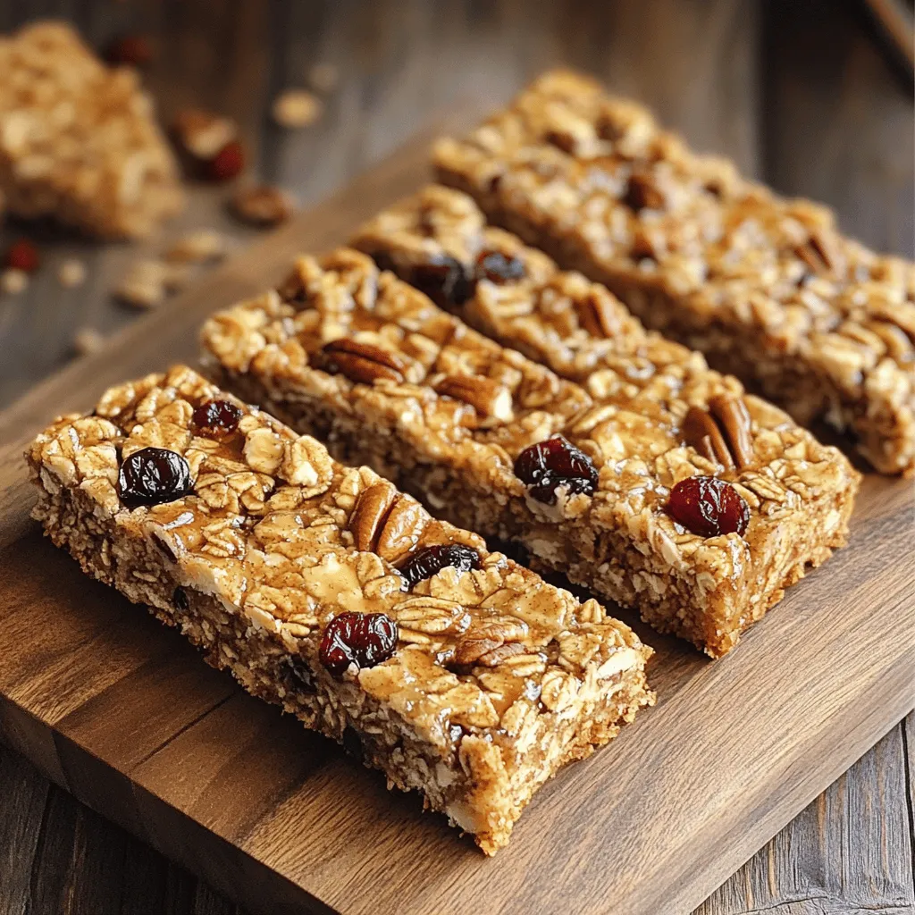 - 2 cups rolled oats - 1 cup pecans, roughly chopped - 1/2 cup almond butter (or nut butter of choice) - 1/2 cup pure maple syrup - 1/4 cup honey or agave syrup - 1/2 teaspoon vanilla extract - 1/2 teaspoon cinnamon - 1/4 teaspoon salt - 1/2 cup dried cranberries (or other dried fruits) - 1/2 cup dark chocolate chips (optional) Gathering the right ingredients makes a big difference. I love using rolled oats for the base. They add a hearty texture and lots of fiber. Pecans bring a nice crunch and rich flavor. Almond butter is my go-to for binding. It gives a smooth, nutty taste. Maple syrup adds sweetness and a touch of warmth. I also use honey or agave syrup. This choice depends on my mood and dietary needs. Vanilla extract adds a lovely aroma, while cinnamon gives a warm spice. Salt balances the sweetness. Dried cranberries or other fruits add chewiness and color. If I want a sweet twist, I sometimes toss in dark chocolate chips. They melt slightly, making the bars extra tasty. These ingredients come together to create a healthy snack. You can enjoy them any time of day. For the full recipe, check out my detailed guide. First, preheat your oven to 350°F (175°C). This step gets the oven ready for baking. Next, line an 8-inch square baking dish with parchment paper. Leave some paper hanging over the edges. This makes it easy to lift the bars out later. In a large mixing bowl, combine 2 cups of rolled oats and 1 cup of chopped pecans. Stir them together well. This mix gives the bars a nice crunch and flavor. In a separate microwave-safe bowl, add 1/2 cup of almond butter, 1/2 cup of pure maple syrup, 1/4 cup of honey (or agave syrup), 1/2 teaspoon of vanilla extract, 1/2 teaspoon of cinnamon, and 1/4 teaspoon of salt. Microwave this mixture for about 30-45 seconds. This makes it warm and easy to mix. Stir until smooth. Pour the warm mixture over the oats and pecans. Mix everything well. Make sure the dry ingredients are evenly coated. If you want, fold in 1/2 cup of dried cranberries and 1/2 cup of dark chocolate chips. These add sweetness and extra flavor. Transfer the mixture into your prepared baking dish. Press it down firmly and evenly using a spatula or your hands. Bake in the preheated oven for 20-25 minutes. Watch for the edges to turn golden brown. This shows they are done. Let the granola bars cool in the pan for at least 10 minutes. After that, use the parchment paper to lift them out. Allow them to cool completely on a wire rack. Once cooled, cut into bars of your desired size. You can store them in an airtight container. For the full recipe, check above. To get the best texture, you must press the mixture firmly. Use your hands or a spatula to make it compact. This helps the bars stick together. If they are loose, they may crumble. Balancing sweetness and health is key. Use pure maple syrup for flavor, but don’t overdo it. Add just enough to keep it sweet without adding too much sugar. You want these granola bars to be yummy and nutritious. You can add fun mix-ins to your bars. Try adding sunflower seeds, chia seeds, or even coconut flakes. These can boost nutrition and flavor. If you have dietary needs, feel free to swap ingredients. Use sunflower butter instead of almond butter for nut-free options. You can also use agave syrup in place of honey for a vegan choice. These bars are perfect for snacks or breakfast. Pair them with yogurt or fresh fruit for a tasty meal. They also work well as a quick energy boost before a workout. If you have leftover bars, use them in trail mix or crumble them over oatmeal. They add crunch and flavor to many dishes. For the complete recipe, check out the Full Recipe section! {{image_2}} If you want a nut-free version, you can swap almond butter for sunflower seed butter. This keeps the bars creamy and delicious. For mix-ins, use seeds like pumpkin or sunflower. You can also add coconut flakes or chocolate chips. These swaps keep the flavor fun and tasty. For a gluten-free option, ensure you use certified gluten-free oats. This choice gives the same chewy texture without gluten. You can also add gluten-free puffed rice for extra crunch. When adding fruits, use dried fruits that are gluten-free. This way, everyone can enjoy these bars. To make these bars vegan, replace honey with agave syrup. This keeps it sweet and plant-based. Always check your chocolate chips, as some may contain dairy. Using dark chocolate chips that are dairy-free will make the bars fully vegan. These small swaps keep every bite enjoyable and guilt-free. For the complete recipe, check out the Full Recipe section. To keep your maple pecan granola bars fresh, use an airtight container. Glass or plastic containers work well. You can also wrap them in parchment paper. This helps maintain their texture. Avoid using containers that allow air in. If stored at room temperature, these bars last about a week. Keep them in a cool, dry place. In the fridge, they can stay fresh for up to two weeks. The cold helps keep them firm and tasty. You can freeze your granola bars for longer storage. Wrap each bar in plastic wrap or foil. Place the wrapped bars in a freezer bag. They can last for up to three months in the freezer. To enjoy, thaw them in the fridge overnight. You can easily make these bars nut-free. Use sunflower seed butter instead of almond butter. Replace pecans with pumpkin seeds or sunflower seeds. These options add crunch and flavor without nuts. Yes, you can use honey or agave syrup. Honey adds a floral taste, while agave syrup is milder. You can also try brown sugar or coconut sugar, but these may change the texture a bit. Absolutely! These bars are packed with good nutrients. They provide fiber from oats and protein from nut butter. Pecans offer healthy fats, which are great for your heart. Plus, dried fruits add natural sweetness and vitamins. You can find these bars at many grocery stores. Look for brands like Nature Valley or KIND. Health food stores often carry them too. You can also buy them online for easy access. You can get creative! Add chocolate chips for a sweet treat. Use raisins or dried apricots for a fruity twist. Spice it up with nutmeg or ginger for a warm flavor. You can even add seeds like chia or flax for extra nutrients. For the full recipe, check the earlier section. You can make tasty Maple Pecan Granola Bars with simple steps. We covered all you need: the list of ingredients, easy instructions, and tips to make them perfect. You can customize your bars and even find storage tips. Whether you want them nut-free or vegan, there are options for everyone. Try making them at home for a healthy snack. Enjoy your delicious, homemade bars anytime. Good luck with your granola-making adventures!