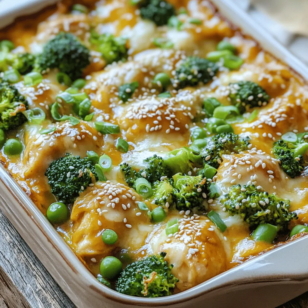 To create a tasty Teriyaki Chicken Casserole, gather the following ingredients: - 2 cups cooked rice (white or brown) - 1 pound boneless, skinless chicken thighs, diced - 1 cup broccoli florets - 1 cup snap peas, trimmed - 1 cup bell peppers (any color), diced - 1 medium onion, diced - 3 cloves garlic, minced - 1/2 cup teriyaki sauce (store-bought or homemade) - 1 tablespoon sesame oil - 1 teaspoon grated fresh ginger - 1 cup shredded mozzarella cheese - 2 green onions, sliced for garnish - Sesame seeds for garnish - Salt and pepper to taste These ingredients create a dish full of flavor and texture. Using chicken thighs keeps the meat juicy. The veggies add crunch and color. The teriyaki sauce brings a sweet and savory taste that makes the meal special. Feel free to mix and match veggies based on what you like or have on hand. You can find the full recipe to guide you through the cooking process. Enjoy making this simple and delicious casserole! 1. Preheat the oven: Set your oven to 350°F (175°C). This heat works well for baking. 2. Sauté the chicken: In a large skillet, pour in sesame oil. Heat it over medium. Add diced chicken thighs and cook them for about 6-8 minutes. They should turn brown and be fully cooked. Season with salt and pepper to taste. 3. Add vegetables and garlic: Now, add diced onion, minced garlic, bell peppers, broccoli, and snap peas. Sauté these for 4-5 minutes. You want the veggies to be tender but still crisp. 1. Combine rice and chicken mixture: In a large bowl, mix the cooked rice with the chicken and veggies. Stir well to make sure everything is coated nicely with the teriyaki sauce. 2. Transfer to baking dish: Grease a 9x13 inch baking dish. Pour the rice and chicken mixture into it. Spread it evenly across the dish. 3. Top with cheese and bake: Sprinkle shredded mozzarella cheese on top. Place the dish in the oven and bake for 25-30 minutes. You want the cheese to be melted and bubbly. 1. Cool and garnish: After taking it out of the oven, let it cool for a few minutes. Then, garnish with sliced green onions and sesame seeds. This adds color and flavor. 2. Serving suggestions: You can serve this directly from the baking dish. For a nice touch, scoop portions onto individual plates. Add more green onions and sesame seeds for extra flair. Enjoy your meal! How to choose the right chicken When picking chicken, use boneless, skinless thighs. They stay juicy and tender. Look for pieces with a nice pink color. Avoid any that look gray or dry. Fresh chicken has no smell. This is key for great flavor in your casserole. Best practices for sautéing vegetables Start with a hot pan. Add oil and let it heat up. Use fresh veggies for the best taste. Cut them into even pieces. This helps them cook evenly. Stir often to avoid burning. Cook until they are bright and just tender. This keeps their crunch. Ideal side dishes Serve your casserole with a simple salad. A side of steamed rice works too. You can even try pickled veggies. They add a nice tang. These sides balance the sweet teriyaki flavor well. Pairing with sauces or dips You can add a splash of extra teriyaki sauce on top. It gives a rich flavor boost. Soy sauce also pairs nicely. For something different, try a sweet chili sauce. It adds a kick that many love. Decorating the dish Serve the casserole right from the baking dish. It looks warm and inviting. If you want to impress, scoop portions onto plates. This makes it feel fancy without extra work. Using garnishes effectively Garnish with sliced green onions and sesame seeds. They add color and crunch. A sprinkle of fresh herbs can also brighten the dish. Keep it simple for a beautiful finish. {{image_2}} You can easily change up the proteins in this dish. If you want a meat-free meal, use tofu. For seafood lovers, shrimp works great too. Both options add a fun twist. If you need gluten-free choices, find gluten-free teriyaki sauce. Many brands offer tasty options that fit this need. This swap helps everyone enjoy the dish without worry. For those on a low-carb diet, swap the rice for cauliflower rice. It gives a great texture without the carbs. Plus, it absorbs the sauce well, keeping the flavor strong. If you're vegan, you can replace the chicken with chickpeas or mushrooms. Add a vegan teriyaki sauce for the same rich taste. This way, everyone can enjoy a delicious meal. To make your casserole even better, think about adding spices. Try a pinch of red pepper flakes for heat or some smoked paprika for depth. These simple spices can elevate the dish. You can also mix in more vegetables. Carrots, zucchini, or spinach work well. They add color, crunch, and nutrients. Use what you have on hand for a dish that feels fresh and exciting. For more details on making this dish, see the Full Recipe. To keep your Teriyaki Chicken Casserole fresh, store leftovers in an airtight container. Place the container in the fridge. This keeps the dish tasty for about 3 to 4 days. If you want to save it longer, freezing is a great option. Here are some tips for freezing: - Let the casserole cool completely before freezing. - Divide it into smaller portions for easy thawing and reheating. - Wrap the portions tightly in plastic wrap and place them in a freezer-safe bag. When you're ready to enjoy your casserole again, reheating can be simple. For best results, the oven is a great choice. Preheat your oven to 350°F (175°C). Place the casserole in a baking dish and cover it with foil. Bake for about 20-25 minutes until heated through. If you're short on time, you can use the microwave: - Place a single portion on a microwave-safe plate. - Heat on high for 2-3 minutes. - Stir halfway through to ensure even warming. In the fridge, your casserole lasts about 3 to 4 days. After that, it may not taste good anymore. Look for signs that it has gone bad. If you see mold or notice an off smell, it’s best to throw it away. By following these storage tips, you can enjoy your Teriyaki Chicken Casserole for days. For the full recipe, refer back to the ingredients and steps mentioned earlier. Happy cooking! Can I make this casserole ahead of time? Yes, you can prepare the casserole ahead of time. Just follow the recipe, then cover and refrigerate it. When you're ready to bake, remove it from the fridge and let it sit for 30 minutes. This helps it cook evenly. Bake as directed for a great meal. What can I substitute for teriyaki sauce? If you don't have teriyaki sauce, you can use soy sauce mixed with a bit of honey. This mix gives a sweet and salty flavor. You can also try a mix of soy sauce, brown sugar, and a splash of rice vinegar. Both options work well in the casserole. How many calories are in Teriyaki Chicken Casserole? This casserole has about 450 calories per serving. It can vary based on the amount of cheese and sauce you use. If you want to lower calories, use less cheese or choose brown rice. Is it healthy? Yes, Teriyaki Chicken Casserole can be healthy. It has lean protein and lots of veggies. You can make it even healthier by using brown rice and adding more vegetables. This gives you fiber and nutrients. How to avoid dry chicken in the casserole? To keep chicken moist, use thighs instead of breasts. Thighs have more fat, which helps them stay juicy. Also, don’t overcook the chicken. It should be tender and cooked through but not dry. How do I know when it's fully cooked? Check the casserole after 25 minutes. The cheese should be melted and bubbly. You can also use a meat thermometer. Chicken should reach 165°F (74°C) to be safe to eat. If it’s not done, bake for a few more minutes. This blog post covered a tasty Teriyaki Chicken Casserole. We explored the key ingredients, step-by-step instructions, and helpful tips. I shared variations to suit different diets and provided storage info. In closing, this dish is simple and fun to make. It’s a great meal for any night. Enjoy creating your own version, and remember to have fun with it. Your kitchen can become the center of joy with this easy casserole.