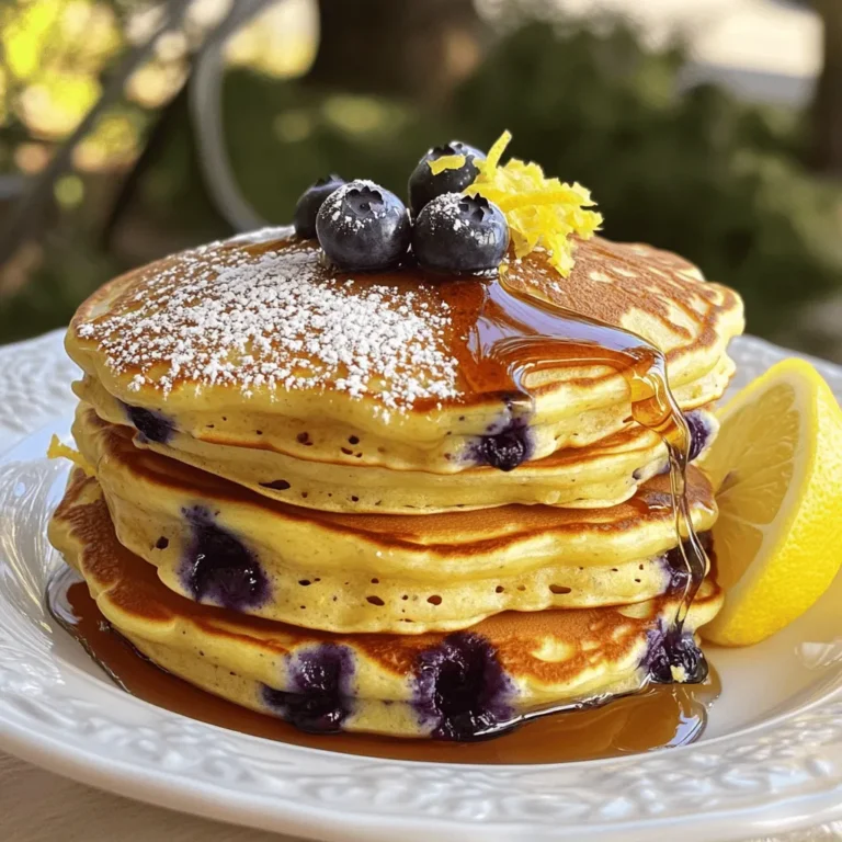 - 1 cup all-purpose flour - 1 tablespoon baking powder - 1/4 teaspoon salt - 1 tablespoon sugar - 1 large egg - 3/4 cup milk (dairy or non-dairy) - 2 tablespoons melted butter (or coconut oil) - Zest of 1 lemon - 1 tablespoon lemon juice - 1 cup fresh blueberries (or frozen) - Maple syrup, for serving When I create these lemon blueberry pancakes, I always start with quality ingredients. Fresh blueberries add a sweet burst. The zest from the lemon gives a bright flavor. It’s a simple mix of dry and wet items. I use all-purpose flour because it helps achieve that fluffy texture. The baking powder is key. It makes the pancakes rise and stay light. I add a pinch of salt to balance the sweetness. Sugar adds a hint of sweetness but not too much. You’ll need one large egg. This binds the mix and adds moisture. Milk is next. You can choose dairy or non-dairy milk based on your preference. I often use almond milk for a nutty flavor. Melted butter or coconut oil adds richness. I use butter for a classic taste. The lemon juice adds a nice tang that complements the blueberries. When I make these pancakes, I love to serve them with maple syrup. It’s the perfect topping. For a special touch, I might also add whipped cream or yogurt. You can also top them with extra blueberries, lemon wedges, or a sprinkle of powdered sugar. These choices make the pancakes even more inviting. For the full recipe, check the details above. In a large bowl, combine the flour, baking powder, salt, and sugar. Whisk them together until they blend well. This mix is key for fluffy pancakes. In a different bowl, beat the egg. Then, add the milk, melted butter, lemon zest, and lemon juice. Stir until everything is combined. This mixture adds moisture and flavor to your pancakes. Pour the wet mixture into the dry mixture. Gently stir until just combined. Be sure not to overmix; it’s okay if the batter is a bit lumpy. Next, fold in the blueberries, ensuring they spread evenly. Heat a non-stick skillet over medium heat. Lightly grease it with butter or oil. Pour about 1/4 cup of batter onto the skillet for each pancake. Cook for 2-3 minutes until bubbles form on top and the edges appear set. Flip the pancakes and cook for another 2 minutes until they turn golden brown. Remove the pancakes from the skillet and keep them warm. Repeat with the rest of the batter. Serve the pancakes warm, topped with maple syrup and extra blueberries. Enjoy this delicious treat! For the complete recipe, check out the [Full Recipe]. To make your pancakes fluffy, avoid overmixing the batter. Gently stir until just combined. A few lumps are fine! Overmixing leads to dense pancakes. Using room temperature ingredients is key, too. Cold milk or eggs can slow down the rise. Let them sit out for a bit. This small step makes a big difference in texture. The right skillet temperature is important. Heat your skillet over medium heat. Too hot, and the pancakes will burn. Too cool, and they won’t cook through. You’ll know it’s time to flip when bubbles form on the surface. The edges should look set. Flip carefully to keep the pancake intact. Cook until golden brown on both sides. Stack your pancakes high for a beautiful look. A tall stack is more inviting. Dust with powdered sugar for an extra touch. For garnish, add fresh lemon slices and more blueberries. This not only looks great but enhances flavor, too. A drizzle of maple syrup completes the dish perfectly. For the full recipe, check out the Lemon Zest Blueberry Bliss Pancakes section above! {{image_2}} You can change up the flavors in your lemon blueberry pancakes easily. Adding fruits like strawberries or raspberries can create a tasty twist. These fruits bring their own unique sweetness and color, making your pancakes even more fun. You can also add warm spices like cinnamon or nutmeg. Just a pinch can add a cozy taste that pairs well with lemon and blueberries. If you need gluten-free pancakes, swap all-purpose flour for a gluten-free blend. Look for one that works well in baking. For dairy-free options, use almond milk or oat milk instead of regular milk. You can also replace melted butter with coconut oil for a dairy-free version. These swaps help everyone enjoy delicious pancakes. How you serve your pancakes can make a big difference. Pair them with different syrups like maple or agave. You could also try fruit sauces for extra flavor. Adding crispy bacon or a fresh fruit salad on the side completes the meal. This gives you a mix of sweet and savory that everyone will love. For a fun touch, stack your pancakes high and garnish with more blueberries and lemon zest. To keep leftover pancakes fresh, follow these tips. First, let the pancakes cool to room temperature. Then, stack them with parchment paper between each one. This prevents sticking. Place the stack in an airtight container. Store it in the fridge for up to three days. If you want to keep pancakes longer, freezing is a great option. Use the same cooling method, then wrap each pancake in plastic wrap. Place the wrapped pancakes in a freezer bag. Remove as much air as possible. You can freeze them for up to two months. Reheating pancakes is easy. You have a few methods to choose from. The microwave is quick. Just place a pancake on a microwave-safe plate. Heat it for 20-30 seconds. Check if it’s warm enough. If not, heat for a few more seconds. You can also use the oven. Preheat it to 350°F (175°C). Place the pancakes on a baking sheet. Cover with aluminum foil to keep them moist. Heat for about 10 minutes. For the best texture, use a skillet. Heat a non-stick skillet over medium heat. Add a little butter or oil. Place the pancakes in the skillet for about 1-2 minutes on each side. This keeps them fluffy and delicious. For the full recipe, check the details above and get ready to enjoy these delightful pancakes! To make pancakes fluffier, you can add a bit more baking powder. This helps the pancakes rise better. Another trick is to separate the egg whites. Whip the egg whites until they are stiff, then fold them into the batter. This adds air and makes the pancakes light and fluffy. Yes, you can use frozen blueberries! Just add them straight from the freezer. This keeps them from getting mushy. Make sure to fold them in gently to avoid staining the batter too much. You can even add a bit more flour to balance the extra moisture from the frozen fruit. If you want to make vegan pancakes, you have options! You can use mashed banana or applesauce as an egg substitute. Use about 1/4 cup of either for one egg. Another great option is to mix flaxseed meal with water. Combine 1 tablespoon of flaxseed meal with 2.5 tablespoons of water and let it sit for a few minutes before adding to the mix. You can make pancakes in advance easily! Just cook them as usual and let them cool. Then, place them in a stack and wrap them in plastic wrap. You can keep them in the fridge for a few days or freeze them for a month. To heat them, just pop them in the toaster or microwave. This way, busy mornings become a breeze! For the full recipe, check out the Lemon Zest Blueberry Bliss Pancakes section. These pancakes are easy to make and full of flavor. You learned about the ingredients, step-by-step cooking, and tips for great texture. I shared tasty variations and storage tips to keep them fresh. Now you can enjoy fluffy pancakes anytime. Experiment with your favorite flavors or toppings. Have fun cooking and impressing family or friends with this recipe!