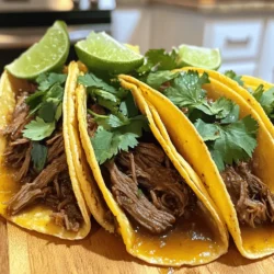 To make delicious Crock Pot Birria Tacos, you need a few key ingredients: - 2 lbs beef chuck roast - 1 lb bone-in beef shank - 4 dried guajillo peppers, stemmed and seeded - 2 dried ancho peppers, stemmed and seeded - 1 medium onion, quartered - 4 cloves garlic, minced - 1 tbsp ground cumin - 1 tbsp dried oregano - 1 tsp ground cinnamon - 1 tsp black pepper - 1 tbsp salt (adjust to taste) - 4 cups beef broth - 2 bay leaves - Corn tortillas - Fresh cilantro, chopped (for garnish) - Lime wedges (for serving) Dried guajillo and ancho peppers add unique flavors. The guajillo brings fruity notes, while the ancho gives a mild sweetness. These peppers are vital for authentic taste. Using quality beef cuts is also crucial. Beef chuck roast is tender and flavorful. Bone-in beef shank adds depth to the broth. You will need a reliable slow cooker or Crock Pot. A 6-quart model works well for this recipe. Here are some kitchen tools for preparation: - Blender: To blend the spice mix smoothly. - Skillet: For toasting the dried peppers and cooking the tacos. - Measuring spoons: For accurate spice measurements. - Forks: To shred the beef after cooking. These tools help ensure your Birria Tacos turn out perfectly every time. For the full recipe, check out the details above. Start by toasting the dried guajillo and ancho peppers. Heat them in a dry skillet for about 2-3 minutes. Watch them closely; you want them fragrant, not burnt. After toasting, put the peppers in a blender. Add the quartered onion, minced garlic, ground cumin, dried oregano, ground cinnamon, black pepper, and salt. Blend until smooth. If it’s too thick, add a splash of beef broth. The right texture is smooth but thick, similar to a paste. In a large bowl, mix the beef chuck roast and bone-in beef shank. Pour the spice blend over the meat. Make sure each piece is well-coated. This step adds rich flavor. Next, transfer the meat and spice mixture to your crock pot. Pour in the remaining beef broth, then add the bay leaves. Set the crock pot to low and cook for about 8 hours. The meat should be very tender and shred easily with a fork. To assemble the tacos, you need to soak the corn tortillas. Dip each tortilla briefly in the broth to soften them. This adds flavor and makes them easier to fold. After soaking, place some shredded beef on one half of the tortilla. Fold the tortilla over and cook it in a skillet over medium heat. Cook for about 2 minutes on each side until crispy and golden. The crispy texture makes these tacos even better. Enjoy them topped with fresh cilantro and served with lime wedges for extra zest. To adjust the spice level, add more or fewer dried peppers. Guajillo peppers are mild, while ancho peppers add depth. You can also add a pinch of cayenne for extra heat. For a richer broth, include a splash of apple cider vinegar. This adds brightness and balances the flavors. One common mistake is cooking the meat for too long. This can make it dry. Keep an eye on the time. When shredding beef, use two forks for best results. Shred in the direction of the grain. This keeps the pieces tender and juicy. Always return the shredded beef to the broth. This keeps it moist and flavorful. {{image_2}} You can easily make Birria Tacos without meat. Use jackfruit or mushrooms as the base. Both have great texture. For jackfruit, drain and shred it. Sauté with spices to add flavor. For mushrooms, use a mix of portobello and shiitake. These mushrooms add depth and umami. To create a flavorful plant-based version, use vegetable broth instead of beef broth. Blend in spices like cumin, oregano, and smoked paprika. This gives a rich taste. Don't forget to add lime juice for brightness. You can still enjoy that dipping broth with these plant-based options. When serving Birria Tacos, think about toppings. Fresh cilantro and chopped onions add crunch and flavor. You can also use avocado slices or guacamole for creaminess. If you like some heat, add pickled jalapeños or hot sauce. For sides, consider serving with rice or beans. These pair well and make a complete meal. You can also try serving with a refreshing corn salad or a simple slaw. Dips or sauces can elevate your meal. Try a zesty lime crema. Just mix sour cream with lime juice and zest. Another option is a spicy salsa. Blend tomatoes, jalapeños, onion, and cilantro for a fresh dip. Each of these adds a unique twist to your Birria Tacos. To keep your Birria Tacos fresh, store them in airtight containers. This keeps moisture in and air out. Place the tacos and broth in separate containers if you have leftovers. They stay fresh in the fridge for up to three days. After that, the meat may lose flavor and texture. Always check for signs of spoilage before eating. If you want to save Birria Tacos for later, freezing is a great option. First, let the meat cool completely. Then, portion the cooked meat and broth into freezer-safe bags. Remove as much air as possible before sealing. You can freeze them for up to three months. To thaw, place the bags in the fridge overnight. Reheat the meat in a skillet or microwave. Be sure to warm the broth too, as it adds flavor. This method keeps your tacos tasty and fresh, even after freezing. It takes about 15 minutes to prep and 8 hours to cook. Slow cooking is great because it makes the meat tender and tasty. The long cook time allows flavors to blend well. You can set it in the morning and enjoy it at dinner. Yes, you can use other meats! Pork shoulder or lamb works well. You can also try chicken for a lighter option. Choose cuts with some fat for the best taste. Just adjust the cooking time based on the meat you select. Birria Tacos are great with a few sides. Try serving them with rice and beans. A fresh salad can add a nice crunch. For drinks, pair tacos with a cold Mexican soda or a refreshing agua fresca. Enjoying these sides enhances the whole meal! In this article, we explored how to make delicious Crock Pot Birria Tacos. You learned about essential ingredients like guajillo and ancho peppers, and the best beef cuts. We discussed the tools you need, like a slow cooker and blender, and provided clear instructions for spice preparation, cooking, and assembling your tacos. I shared tips to perfect flavors, avoid mistakes, and explore variations, including vegan options. Finally, I explained proper storage and addressed common questions. With these insights, you’re ready to impress with your own Birria Tacos. Enjoy your cooking!