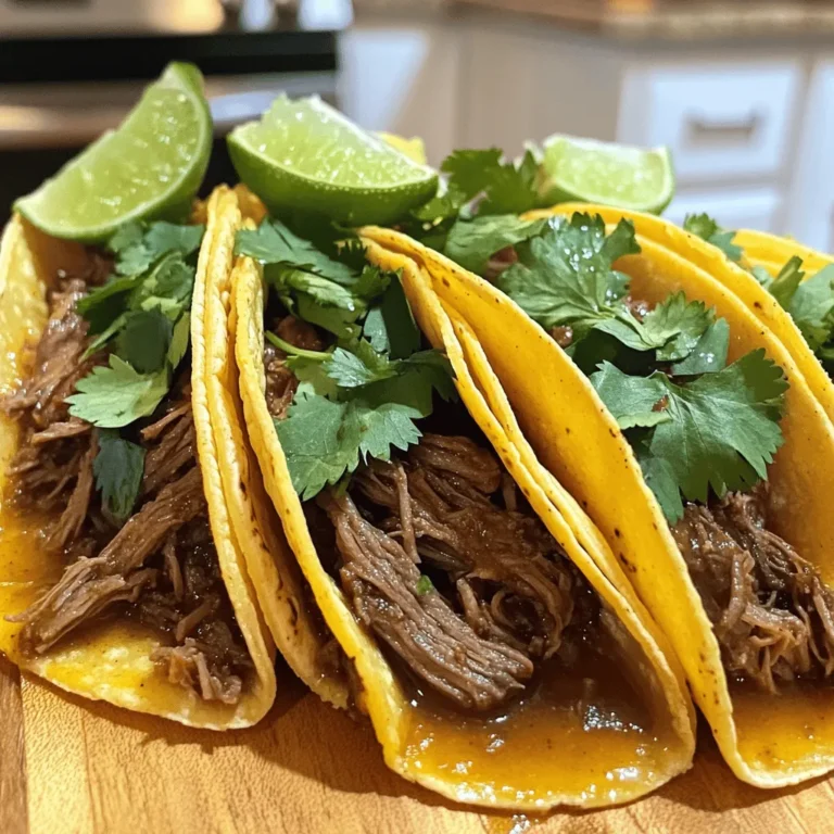 To make delicious Crock Pot Birria Tacos, you need a few key ingredients: - 2 lbs beef chuck roast - 1 lb bone-in beef shank - 4 dried guajillo peppers, stemmed and seeded - 2 dried ancho peppers, stemmed and seeded - 1 medium onion, quartered - 4 cloves garlic, minced - 1 tbsp ground cumin - 1 tbsp dried oregano - 1 tsp ground cinnamon - 1 tsp black pepper - 1 tbsp salt (adjust to taste) - 4 cups beef broth - 2 bay leaves - Corn tortillas - Fresh cilantro, chopped (for garnish) - Lime wedges (for serving) Dried guajillo and ancho peppers add unique flavors. The guajillo brings fruity notes, while the ancho gives a mild sweetness. These peppers are vital for authentic taste. Using quality beef cuts is also crucial. Beef chuck roast is tender and flavorful. Bone-in beef shank adds depth to the broth. You will need a reliable slow cooker or Crock Pot. A 6-quart model works well for this recipe. Here are some kitchen tools for preparation: - Blender: To blend the spice mix smoothly. - Skillet: For toasting the dried peppers and cooking the tacos. - Measuring spoons: For accurate spice measurements. - Forks: To shred the beef after cooking. These tools help ensure your Birria Tacos turn out perfectly every time. For the full recipe, check out the details above. Start by toasting the dried guajillo and ancho peppers. Heat them in a dry skillet for about 2-3 minutes. Watch them closely; you want them fragrant, not burnt. After toasting, put the peppers in a blender. Add the quartered onion, minced garlic, ground cumin, dried oregano, ground cinnamon, black pepper, and salt. Blend until smooth. If it’s too thick, add a splash of beef broth. The right texture is smooth but thick, similar to a paste. In a large bowl, mix the beef chuck roast and bone-in beef shank. Pour the spice blend over the meat. Make sure each piece is well-coated. This step adds rich flavor. Next, transfer the meat and spice mixture to your crock pot. Pour in the remaining beef broth, then add the bay leaves. Set the crock pot to low and cook for about 8 hours. The meat should be very tender and shred easily with a fork. To assemble the tacos, you need to soak the corn tortillas. Dip each tortilla briefly in the broth to soften them. This adds flavor and makes them easier to fold. After soaking, place some shredded beef on one half of the tortilla. Fold the tortilla over and cook it in a skillet over medium heat. Cook for about 2 minutes on each side until crispy and golden. The crispy texture makes these tacos even better. Enjoy them topped with fresh cilantro and served with lime wedges for extra zest. To adjust the spice level, add more or fewer dried peppers. Guajillo peppers are mild, while ancho peppers add depth. You can also add a pinch of cayenne for extra heat. For a richer broth, include a splash of apple cider vinegar. This adds brightness and balances the flavors. One common mistake is cooking the meat for too long. This can make it dry. Keep an eye on the time. When shredding beef, use two forks for best results. Shred in the direction of the grain. This keeps the pieces tender and juicy. Always return the shredded beef to the broth. This keeps it moist and flavorful. {{image_2}} You can easily make Birria Tacos without meat. Use jackfruit or mushrooms as the base. Both have great texture. For jackfruit, drain and shred it. Sauté with spices to add flavor. For mushrooms, use a mix of portobello and shiitake. These mushrooms add depth and umami. To create a flavorful plant-based version, use vegetable broth instead of beef broth. Blend in spices like cumin, oregano, and smoked paprika. This gives a rich taste. Don't forget to add lime juice for brightness. You can still enjoy that dipping broth with these plant-based options. When serving Birria Tacos, think about toppings. Fresh cilantro and chopped onions add crunch and flavor. You can also use avocado slices or guacamole for creaminess. If you like some heat, add pickled jalapeños or hot sauce. For sides, consider serving with rice or beans. These pair well and make a complete meal. You can also try serving with a refreshing corn salad or a simple slaw. Dips or sauces can elevate your meal. Try a zesty lime crema. Just mix sour cream with lime juice and zest. Another option is a spicy salsa. Blend tomatoes, jalapeños, onion, and cilantro for a fresh dip. Each of these adds a unique twist to your Birria Tacos. To keep your Birria Tacos fresh, store them in airtight containers. This keeps moisture in and air out. Place the tacos and broth in separate containers if you have leftovers. They stay fresh in the fridge for up to three days. After that, the meat may lose flavor and texture. Always check for signs of spoilage before eating. If you want to save Birria Tacos for later, freezing is a great option. First, let the meat cool completely. Then, portion the cooked meat and broth into freezer-safe bags. Remove as much air as possible before sealing. You can freeze them for up to three months. To thaw, place the bags in the fridge overnight. Reheat the meat in a skillet or microwave. Be sure to warm the broth too, as it adds flavor. This method keeps your tacos tasty and fresh, even after freezing. It takes about 15 minutes to prep and 8 hours to cook. Slow cooking is great because it makes the meat tender and tasty. The long cook time allows flavors to blend well. You can set it in the morning and enjoy it at dinner. Yes, you can use other meats! Pork shoulder or lamb works well. You can also try chicken for a lighter option. Choose cuts with some fat for the best taste. Just adjust the cooking time based on the meat you select. Birria Tacos are great with a few sides. Try serving them with rice and beans. A fresh salad can add a nice crunch. For drinks, pair tacos with a cold Mexican soda or a refreshing agua fresca. Enjoying these sides enhances the whole meal! In this article, we explored how to make delicious Crock Pot Birria Tacos. You learned about essential ingredients like guajillo and ancho peppers, and the best beef cuts. We discussed the tools you need, like a slow cooker and blender, and provided clear instructions for spice preparation, cooking, and assembling your tacos. I shared tips to perfect flavors, avoid mistakes, and explore variations, including vegan options. Finally, I explained proper storage and addressed common questions. With these insights, you’re ready to impress with your own Birria Tacos. Enjoy your cooking!