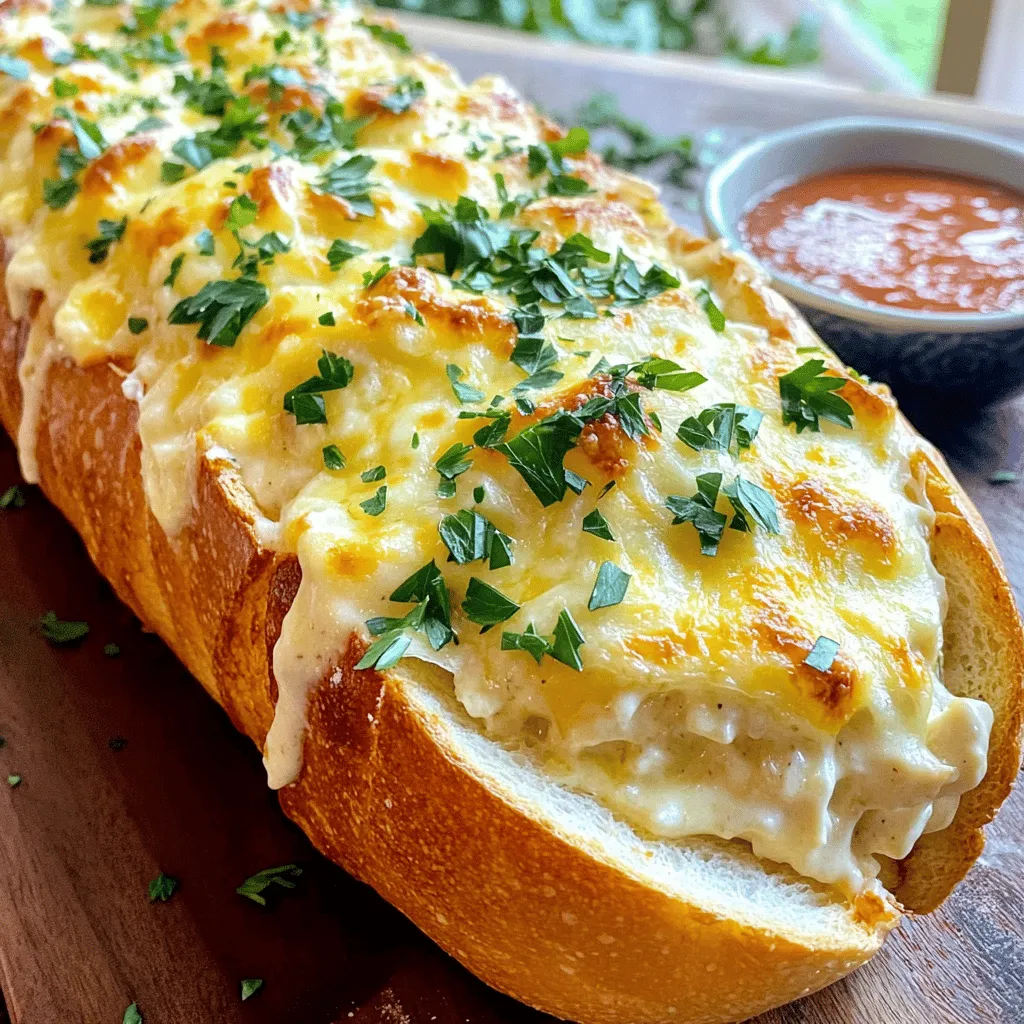 To make Chicken Alfredo Stuffed Garlic Bread, gather these ingredients: - 1 large loaf of fresh Italian bread - 2 cups cooked chicken breast, shredded - 1 cup heavy cream - 1 cup grated Parmesan cheese - 1 teaspoon garlic powder - 1 tablespoon fresh parsley, chopped - 1 tablespoon olive oil - 1 teaspoon Italian seasoning - Salt and pepper to taste - 4 cloves garlic, minced - 1 cup shredded mozzarella cheese - 2 tablespoons butter, softened These ingredients make a rich and creamy filling. Each one plays a role in creating a tasty dish that you will love. If you don't have some ingredients, don't worry! Here are some easy swaps: - Use rotisserie chicken instead of cooking your own. - Swap heavy cream for half and half for a lighter version. - Try using garlic salt instead of garlic powder. - For a dairy-free option, use a plant-based cream and cheese. - Use any bread you have on hand like French bread or hoagie rolls. These substitutions can still give you a delicious meal without losing the flavor. Here is a quick look at the nutrition per serving: - Calories: 600 - Protein: 35g - Carbohydrates: 45g - Fat: 30g - Fiber: 2g This dish is rich and filling, perfect for a family meal. Keep in mind that adding more cheese or cream will change these values. Enjoy this tasty dish while being mindful of your dietary needs. To start, gather your ingredients. You will need butter, garlic, heavy cream, and cheese. First, melt the butter in a medium saucepan over medium heat. Add minced garlic and cook for one minute. Next, pour in the heavy cream and bring it to a simmer. Stir often to prevent sticking. Once it simmers, lower the heat. Add Parmesan cheese, garlic powder, Italian seasoning, salt, and pepper. Mix until the cheese melts and the sauce thickens. This should take about three to five minutes. Now, combine the shredded chicken with the Alfredo sauce. Make sure every piece of chicken is well-coated. Set this mixture aside. Now, it's time to prepare the bread. Take your large loaf of fresh Italian bread and slice it lengthwise. Be careful not to cut all the way through. You want to create a pocket. Hollow out some of the bread's insides to make space for the filling. Brush the inside of the loaf with olive oil. Sprinkle a pinch of salt and chopped parsley for added flavor. Next, fill the pocket with your creamy Chicken Alfredo mixture. Spread it evenly for the best taste. Finally, top it off with shredded mozzarella cheese. This will give it a wonderful melt. Preheat your oven to 375°F (190°C). Wrap the stuffed bread in aluminum foil and place it on a baking sheet. Bake it for about 20 minutes. After that, unwrap the bread and bake it for an extra 10 minutes. This will allow the top to crisp up nicely. Keep an eye on it as it bakes. You want it golden and bubbly. Once done, remove it from the oven. Let it cool for a few minutes before slicing. Enjoy your Chicken Alfredo stuffed garlic bread! For great flavor, use fresh herbs like parsley. Fresh herbs add brightness to the dish. You can also add a pinch of red pepper flakes for a little heat. Mix in some sun-dried tomatoes for a sweet and tangy kick. If you want more depth, try adding sautéed onions or mushrooms. These add great texture and flavor. To get a crispy crust, brush the bread with olive oil. This helps create a golden layer. Don't skip hollowing out some of the bread. This makes room for the filling and keeps it from getting soggy. Bake the bread wrapped in foil for 20 minutes first. Then, unwrap it for the last 10 minutes. This gives you that perfect mix of crispy and soft. One mistake is overfilling the bread. If you pack too much filling, it may spill out while baking. Also, don’t forget to season your Alfredo sauce. Salt and pepper are key for good flavor. Another common error is baking at too high a temperature. Stick to the recommended 375°F to ensure even cooking. These tips will help you make a better Chicken Alfredo stuffed garlic bread. For the full recipe, check out Chicken Alfredo Stuffed Garlic Bread. {{image_2}} You can make this dish vegetarian by swapping out the chicken. Use cooked mushrooms or spinach for great flavor. Add artichoke hearts or roasted red peppers for added texture. You still get a creamy treat without losing taste. The Alfredo sauce works well with these veggies. It keeps the dish rich and satisfying. Cheese is key for flavor! While Parmesan and mozzarella are classics, you can mix it up. Try using provolone or gouda for a different taste. Adding sharp cheddar gives a nice kick. You can even blend in cream cheese for extra creaminess. Each cheese brings its own twist to the dish. Feel free to get creative with fillings! You can add cooked bacon for a smoky flavor. Diced bell peppers add crunch and color. For a spicy kick, sprinkle in some red pepper flakes. Top the bread with fresh herbs like basil or oregano for extra freshness. Each addition makes the dish more exciting! Check out the Full Recipe for more ideas. Store leftover chicken Alfredo stuffed garlic bread in an airtight container. This keeps it fresh. You can also wrap it tightly in plastic wrap or aluminum foil. Make sure it is cooled before wrapping. Leftovers will stay good in the fridge for up to 3 days. However, the bread may lose some crispness over time. To reheat your stuffed garlic bread, you have a few options. The best method is the oven. Preheat your oven to 350°F (175°C). Wrap the bread in foil and heat for 10-15 minutes. This keeps the bread soft and warms the filling. You can also use a microwave, but it may make the bread chewy. Heat in short bursts of 30 seconds. Check often to avoid overheating. If you want to save your stuffed garlic bread for later, freezing is a great option. First, let the bread cool completely. Wrap it tightly in plastic wrap and then in foil to prevent freezer burn. You can store it in the freezer for up to 2 months. When ready to eat, thaw it in the fridge overnight. Reheat in the oven as described above for the best taste. Enjoy your chicken Alfredo stuffed garlic bread anytime! Yes, you can use different types of bread for this recipe. Try French bread, ciabatta, or even sourdough. Each type will add a unique taste and texture. Just make sure the bread is sturdy enough to hold the filling. If the bread is too soft, it might fall apart. To make Chicken Alfredo from scratch, gather these ingredients: heavy cream, Parmesan cheese, garlic, and butter. Start by melting butter in a pan. Add minced garlic and cook until it smells great. Then, pour in the heavy cream and let it simmer. Stir in the cheese until it melts. Season with salt and pepper for taste. This simple sauce is rich and creamy, perfect for your stuffed bread. Serve Chicken Alfredo Stuffed Garlic Bread warm and fresh. Cut it into portions for easy sharing. Pair it with a fresh salad or marinara sauce for dipping. You can also add a sprinkle of fresh herbs on top for color and flavor. This dish is perfect for gatherings or a cozy night in. Explore the Full Recipe for more details! You now know how to make Chicken Alfredo Stuffed Garlic Bread. We covered the needed ingredients, step-by-step instructions, and useful tips. Variations allow you to customize this dish to your taste. Plus, you learned how to store, reheat, and freeze leftovers for later. Cooking can be fun and easy, so try this recipe today. Enjoy making and sharing this tasty dish with family and friends.
