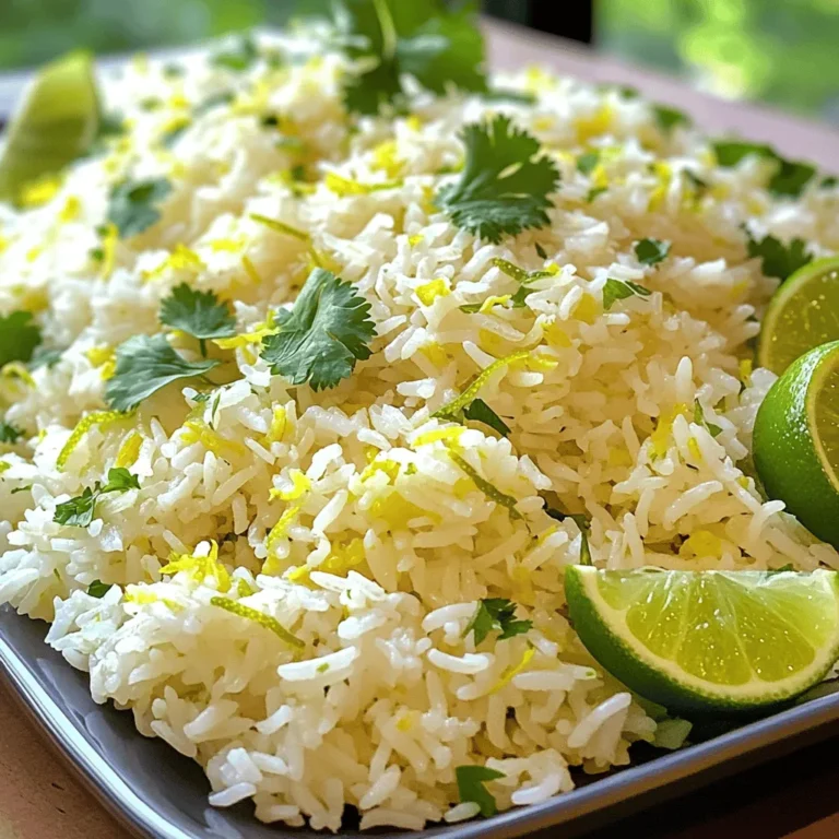 - 1 cup jasmine rice - 1 can (400 ml) coconut milk - 1 cup water - Zest of 1 lime - 2 tablespoons fresh lime juice - 1 tablespoon sugar (optional) - 1/2 teaspoon salt - Fresh cilantro, chopped (for garnish) - Lime wedges (for serving) To make Coconut Lime Rice, you need simple ingredients. The jasmine rice gives a nice, soft texture. The coconut milk adds a rich creaminess that pairs well with lime. You can swap jasmine rice for basmati or brown rice. These choices offer different flavors and textures. If you want to make this dish vegan, look for coconut milk made from plants. For lime juice, fresh is best, but bottled works too. Just remember that fresh lime juice has a brighter taste. These substitutions can help you customize your Coconut Lime Rice. You can enjoy this dish no matter your diet or taste. If you want to explore more, check out the Full Recipe for detailed steps and flavors. 1. Start by rinsing the jasmine rice. Place it in a fine-mesh strainer. Rinse it under cold water until the water runs clear. This takes about 2-3 minutes. Rinsing helps remove excess starch. This keeps the rice from becoming too sticky. 2. Next, combine the cooking ingredients. In a medium saucepan, add the rinsed rice. Pour in the can of coconut milk and 1 cup of water. Then, add the lime zest, salt, and sugar if you want it sweeter. Stir everything well to mix. 1. Now, it’s time to boil the mixture. Place the saucepan on the stove over medium-high heat. Bring the mixture to a boil. Keep an eye on it so it doesn’t boil over. 2. Once it boils, reduce the heat to low. Cover the saucepan tightly with a lid. Let it simmer for 15-20 minutes. This helps the rice absorb all the flavors and liquid. Check to see if the rice is tender and the liquid is gone. 1. After cooking, turn off the heat. Let the rice sit covered for an extra 5 minutes. This step steams the rice and makes it fluffy. 2. Fluff the rice with a fork. Then, mix in the fresh lime juice. Taste it and adjust the seasoning if needed. 3. Serve the warm rice on a plate. Garnish with chopped cilantro and add lime wedges on the side. This adds a fresh, zesty burst of flavor to your dish. For the full recipe, you can refer back to the details above. Enjoy your cooking! - Overcooking the rice: This can lead to mushy rice. Keep an eye on the cooking time. Use a timer to help you. - Incorrect liquid ratios: Use the right amounts of coconut milk and water. Too much liquid makes the rice soggy. - Adding spices or herbs: Try mixing in some cumin or coriander for a warm note. Fresh herbs like mint or basil can add a nice twist. - Adjusting sweetness levels: If you love sweet, add a bit more sugar. For a zesty kick, add extra lime juice. - Best pairings with Coconut Lime Rice: This rice pairs well with grilled chicken, shrimp, or fish. It also goes great with stir-fried vegetables. - Presentation tips for a beautiful dish: Serve the rice in a bowl and top with fresh cilantro. Add lime wedges on the side for a pop of color. For a fun look, use a ring mold to shape the rice. Check out the Full Recipe for all the details you need to make this tasty side dish! {{image_2}} You can make Coconut Lime Rice even more fun by adding tropical fruits. Pineapple chunks or mango pieces bring a sweet burst of flavor. Just toss in the fruit when you fluff the rice. You can also add nuts and seeds for a crunchy texture. Try toasted coconut flakes or slivered almonds. These additions make the dish fresh and exciting. If you follow a gluten-free diet, this rice works perfectly. All the ingredients are gluten-free, so enjoy without worry. For those on low-carb diets, consider using cauliflower rice instead of jasmine rice. It absorbs flavors well and gives you that coconut and lime taste without the carbs. Want to take your Coconut Lime Rice on a world tour? Try incorporating Asian flavors like ginger or garlic. A splash of soy sauce can add depth. For a Latin twist, mix in black beans or corn for a colorful, hearty dish. You can also serve it with spicy salsa for a fun fusion. This rice pairs with many cuisines, making it versatile for any meal. For the full recipe, check out the [Full Recipe] above! After you make Coconut Lime Rice, let it cool first. Once cooled, put it in an airtight container. This helps keep it fresh. Store it in the fridge for up to four days. Make sure to cover it well to avoid drying out. If you want to enjoy it later, take it out and reheat it gently. You can freeze Coconut Lime Rice for longer storage. Place the cooled rice in freezer-safe bags or containers. Try to remove as much air as you can. Label the bags with the date. The rice can last up to three months in the freezer. When you want to eat it, pull it out and let it thaw in the fridge overnight. To reheat, place it in a microwave-safe dish. Add a splash of water to keep it moist. Microwave on low heat, stirring often. You can also warm it up on the stove with a little water. This keeps the rice fluffy and tasty. For the full recipe, check out the earlier section! Coconut lime rice is a flavorful side dish made with jasmine rice, coconut milk, and lime. This dish comes from various tropical regions, where coconut and lime grow abundantly. It brings a bright and zesty flavor to any meal. The creamy coconut milk pairs perfectly with the tangy lime, making it a favorite at many tables. You can serve it with grilled seafood, spicy dishes, or fresh salads. Yes, you can make coconut lime rice ahead. It stores well and reheats nicely. To prep, cook the rice as directed in the Full Recipe. Let it cool completely before placing it in an airtight container. Store it in the fridge for up to three days. If you want to keep it longer, you can freeze it for up to a month. When ready to eat, just reheat it in a microwave or on the stove with a splash of water to bring back its moisture. To achieve a creamy texture, use full-fat coconut milk. This gives the rice a rich taste. Rinse the rice well before cooking to remove excess starch. This step prevents the rice from becoming too sticky. If you want it even creamier, add a bit more coconut milk during cooking. Once cooked, fluff it gently with a fork and mix in the lime juice. This adds brightness and helps create a silky consistency. Coconut lime rice pairs well with many dishes. Try serving it with grilled shrimp or chicken for a tasty main course. It also goes great with spicy curries or stews. For a lighter meal, serve it with a fresh salad or grilled vegetables. You can even use it as a base for a rice bowl topped with your favorite proteins and veggies. The options are endless! Coconut Lime Rice is a simple yet tasty dish. You learned about the key ingredients, cooking steps, and common mistakes. We explored fun ways to change the recipe, like adding fruits or different spices. Proper storage tips help keep your rice fresh. This dish shines as a side or main. Enjoy your cooking journey, and don't hesitate to experiment with flavors.