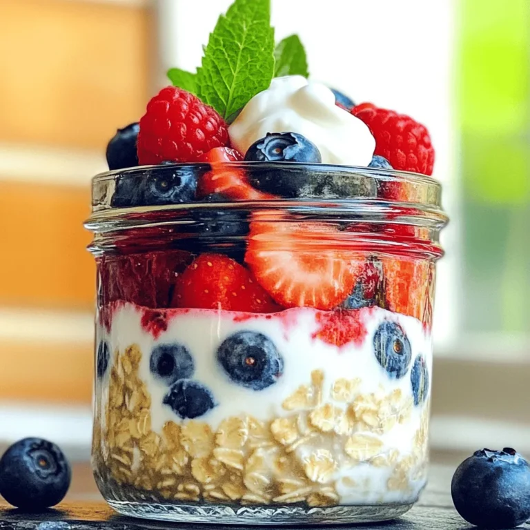 - 1 cup rolled oats - 1 ½ cups almond milk (or any milk of choice) - 1 tablespoon chia seeds - 1 tablespoon maple syrup (optional, for sweetness) - ½ teaspoon vanilla extract - ½ cup mixed berries (strawberries, blueberries, raspberries) - 2 tablespoons Greek yogurt (for creaminess, optional) - Fresh mint leaves for garnish Berry overnight oats are simple to make and packed with flavor. The rolled oats serve as a hearty base. Almond milk keeps it creamy but you can use any milk you like. Chia seeds add nutrition and help thicken the mix. Maple syrup is optional. It adds a touch of sweetness if you like. Vanilla extract gives a warming flavor to the dish. Mixed berries bring a burst of color and taste. You can use strawberries, blueberries, and raspberries. If you want creaminess, add Greek yogurt. It makes the oats rich and satisfying. Fresh mint leaves on top add a nice touch and freshness. Berry overnight oats are not just tasty; they are good for you too. One serving has around 300 calories, depending on your choices. - Carbs: A great source of energy - Fiber: Keeps you full and aids digestion - Protein: Comes from oats and yogurt - Healthy fats: From chia seeds Berries are full of vitamins and antioxidants. They help fight free radicals in your body. Eating them can boost your heart health, improve skin quality, and help with weight management. These ingredients come together for a meal that is both satisfying and healthy. For the full recipe, check out the details above. Enjoy your healthy start with berry overnight oats! To make berry overnight oats, start by gathering your ingredients. You need: - 1 cup rolled oats - 1 ½ cups almond milk (or any milk of choice) - 1 tablespoon chia seeds - 1 tablespoon maple syrup (optional) - ½ teaspoon vanilla extract - ½ cup mixed berries (strawberries, blueberries, raspberries) - 2 tablespoons Greek yogurt (optional) - Fresh mint leaves for garnish First, take a medium bowl or jar. Combine the rolled oats, almond milk, chia seeds, maple syrup, and vanilla extract. Stir well. Make sure everything mixes nicely. Next, gently fold in the mixed berries. Save some berries for topping later. If you want creaminess, add the Greek yogurt too. Mix it all together until it looks colorful and inviting. Now, cover your bowl or jar. Place it in the fridge for at least 4 hours. Overnight soaking is best for texture. This time allows the oats to absorb the milk and soften. The oats need time to soak up the flavors. You will notice a big difference in taste and texture after soaking. In the morning, give your oats a good stir. If they seem too thick, add a splash more almond milk. This helps reach your desired creaminess. To serve, scoop the oats into bowls or jars. Top them with the reserved berries. Add fresh mint leaves for a pop of color and flavor. For extra fun, you can layer the oats in clear jars to show off the pretty layers. Enjoy your berry overnight oats for a quick, healthy breakfast! For detailed recipes, check the Full Recipe. - Adjusting consistency and flavors: You can change the thickness easily. If your oats are too thick, add more almond milk. For a creamier texture, mix in Greek yogurt. You can also tweak the sweetness with maple syrup, depending on your taste. - Choosing the right oats for texture: Use rolled oats for the best results. They soak well and create a smooth texture. Quick oats can become mushy, while steel-cut oats may not soften enough overnight. - Over-soaking and under-soaking: Too much soaking can make oats too soft. Aim for about 4 hours or overnight. If you soak them for less than 4 hours, they might be too chewy. - Using stale ingredients: Always check the date on your oats and nuts. Using stale ingredients can ruin the taste. Fresh berries are key for flavor too. - Add-ins like nuts, seeds, or spices: You can add a handful of nuts for crunch. Sunflower seeds or pumpkin seeds also work well. A sprinkle of cinnamon can add warmth and depth. - Flavoring alternatives: If you want more sweetness, try honey or agave syrup. You can also use flavored yogurt for an extra kick. {{image_2}} Berry overnight oats can change with the seasons. In summer, use fresh strawberries and blueberries. For fall, try blackberries and raspberries. You can also swap berries with other fruits like bananas or apples. This keeps your oats fun and tasty. You can easily make berry overnight oats vegan. Just use almond milk or oat milk. For gluten-free oats, choose certified gluten-free rolled oats. If you want high-protein oats, add more Greek yogurt or a scoop of protein powder. These changes fit many diets while keeping the taste. Want to mix it up? Add a spoonful of cocoa powder for chocolate flavor. Or, mix in peanut butter for a creamy, nutty twist. If you like citrus, add a splash of lemon juice or zest. These small changes can make your oats exciting and new. For the full recipe, check out the Berry Bliss Overnight Oats. To keep your berry overnight oats fresh, use airtight containers. Glass jars work well. They let you see the oats and berries inside. Plastic containers are also fine, but ensure they seal tightly. Store the oats in the fridge right after making them. This keeps ingredients cool and safe. Avoid leaving them out, as this can cause spoilage. You can store your berry overnight oats for up to five days in the fridge. After that, the oats may lose their texture and flavor. Look for signs of spoilage, like a sour smell or mold. If the oats appear watery or separate, it’s best to toss them. You can enjoy your stored oats cold or warm. If you prefer warm oats, microwave them for 30 seconds. Stir, then heat for another 30 seconds if needed. If the oats seem dry, add a splash of almond milk before warming. You can also use leftovers in smoothies or pancake batter for a tasty twist. Overnight oats offer many health benefits. They are rich in fiber, which helps digestion. Fiber keeps you full longer, making it easier to manage hunger. Oats also provide essential vitamins and minerals, like iron and magnesium. They can lower cholesterol and help control blood sugar. Berries add antioxidants, which help fight free radicals. This combination supports overall health and wellness. Yes, you can use frozen berries! They are just as nutritious as fresh ones. Just keep a few tips in mind. First, thaw them before adding to your oats. This helps release their juices and flavors. Use a small amount to avoid making the oats too watery. Frozen berries can also be a great option when fresh berries are not in season. Customizing your overnight oats is fun and easy! You can add different flavors and toppings. Try adding nuts or seeds for crunch. Fresh fruits like bananas or peaches can boost flavor. You can also mix in spices, like cinnamon or cocoa powder, for a twist. Don’t forget about sweeteners, like honey or agave syrup. The options are endless! Yes, it is generally safe to eat overnight oats stored for a few days. Make sure they are kept in the fridge. However, always check for signs of spoilage. If they smell off or look moldy, throw them away. Typically, oats last in the fridge for up to five days. Enjoy them cold or warm them up if you prefer. Absolutely! Making overnight oats for meal prep is a great idea. You can prepare several jars at once. This saves time on busy mornings. Store them in airtight containers to keep them fresh. Just make sure to add delicate toppings, like fresh fruit, just before eating. This keeps everything tasting great and looking nice. Check out the Full Recipe for more details! Berry overnight oats are easy and fun to make. You start with simple ingredients like oats, milk, and fresh berries. Soaking overnight gives them a great texture. Use tips and tricks to enhance your oats, like adding nuts or spices. Don’t forget to try different berry combinations for each season. In closing, I encourage you to experiment with flavors and storage. Use these oats as a base for fun creations. Enjoy the health benefits, and make breakfast a treat!