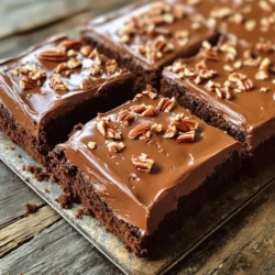 - 2 cups all-purpose flour - 2 cups granulated sugar - 1 teaspoon baking soda - 1 teaspoon salt - 1/2 cup unsweetened cocoa powder - 1 cup unsalted butter - 1 cup water - 2 large eggs - 1 cup buttermilk - 1 teaspoon vanilla extract - 1/2 teaspoon almond extract - 1/2 cup unsalted butter - 1/4 cup unsweetened cocoa powder - 1/3 cup milk - 4 cups powdered sugar - 1 teaspoon vanilla extract - 1 cup chopped pecans (optional) When making Texas Sheet Cake, the right ingredients matter. First, gather your dry ingredients. The flour gives the cake its structure. Sugar adds sweetness, while baking soda helps it rise. Salt enhances all the flavors, and cocoa powder gives it that rich chocolate taste. Next, focus on the wet ingredients. Butter adds moisture and richness. Water helps to combine everything smoothly. The eggs provide structure and moisture, while buttermilk gives a nice tang. Vanilla and almond extracts add layers of flavor. Finally, we have the frosting ingredients. Butter is the base of the frosting. Cocoa powder ensures it stays chocolatey. Milk makes the frosting creamy. Powdered sugar sweetens and thickens it, while vanilla adds a lovely aroma. If you want a crunch, add pecans. For the full recipe, you’ll see how each ingredient comes together. Now that you know the ingredients, let’s get ready to bake! - Preheat your oven to 350°F (175°C) and prepare the baking pan. Grease and flour a large 18x13 inch sheet pan. - Combine the dry ingredients in a mixing bowl. Whisk together 2 cups of all-purpose flour, 2 cups of granulated sugar, 1 teaspoon of baking soda, 1 teaspoon of salt, and 1/2 cup of cocoa powder until well mixed. - Heat 1 cup of unsalted butter, 1 cup of water, and 1/2 cup of cocoa powder in a saucepan until smooth. Stir over medium heat until the butter melts and the mixture is hot. - Pour the hot cocoa mixture into the dry ingredients. Stir well to combine everything for a smooth batter. - In a separate bowl, whisk together 2 large eggs, 1 cup of buttermilk, 1 teaspoon of vanilla extract, and 1/2 teaspoon of almond extract. Add this to the main batter and mix until just combined. - Pour the batter into the prepared sheet pan, spreading it evenly. - Bake for approximately 20-25 minutes. Keep an eye on it as it cooks. - Check for doneness by inserting a toothpick in the center. It should come out clean when the cake is ready. - While the cake is baking, prepare the frosting. Melt 1/2 cup of unsalted butter in a saucepan. Stir in 1/4 cup of cocoa powder and 1/3 cup of milk, bringing it to a boil. - Remove from heat and whisk in 4 cups of powdered sugar and 1 teaspoon of vanilla extract until smooth and glossy. - Once the cake is done, take it out of the oven. Let it cool for about 10 minutes in the pan. - Pour the warm frosting over the warm cake. If you want, sprinkle 1 cup of chopped pecans on top before the frosting sets. - Allow it to cool completely before cutting into squares for serving. This makes it easier to slice and enjoy. You can find the full recipe in the earlier section. To make Texas Sheet Cake soft and moist, start with room temperature ingredients. This helps the batter mix well. I suggest letting your eggs and buttermilk sit out for about 30 minutes before using them. When you mix the batter, do not over-mix it. Mix just until the ingredients blend. This keeps the cake light. Store any leftover cake in a cool place. You want to keep it fresh. Use an airtight container for the best results. If you do not have one, wrap the cake tightly in plastic wrap. For longer storage, place it in the fridge. It will stay good for about a week. Texas Sheet Cake pairs well with many treats. Serve it with a scoop of vanilla ice cream for a sweet touch. A cup of coffee also complements the rich chocolate flavor. This cake is perfect for gatherings and parties. It shines at birthday celebrations or potlucks. You can even enjoy it as a simple dessert after dinner. {{image_2}} You can make Texas Sheet Cake even more fun by changing flavors. Adding different extracts can change the whole taste. For example, try peppermint extract for a minty twist. Just use about half a teaspoon to start. If you want a richer flavor, swap out regular cocoa powder for dark cocoa. This makes the cake deep and bold. If you need gluten-free options, use gluten-free flour blends. These blends can work well in place of all-purpose flour. Just check that they have xanthan gum, as it helps with texture. For those needing dairy-free options, substitute eggs with a mix of flaxseed and water. You can also use almond milk or soy milk instead of buttermilk. This keeps your cake moist and tasty. While pecans are the classic choice, you can try different toppings. Walnuts add a nice crunch, or you can go for chocolate chips for extra sweetness. If you want to change up the frosting, consider adding peanut butter or cream cheese. These flavors can make your cake feel new and exciting. To store your leftover Texas Sheet Cake, first let it cool completely. Once cool, cover it well with plastic wrap or foil. This keeps it fresh and moist. You can also use an airtight container for best results. If you want to store it for longer, freezing is a great option. Cut the cake into squares to make it easier to thaw later. Wrap each piece in plastic wrap and then in foil. This extra layer protects it from freezer burn. You can freeze it for up to three months. To reheat Texas Sheet Cake, the best method is the oven. Preheat your oven to 350°F (175°C). Place the cake on a baking sheet and cover it with foil. Heat for about 10-15 minutes. This keeps it from drying out. If you're in a hurry, the microwave works too. Heat a slice for about 10-15 seconds. Be careful not to overheat it, as this can change the texture. Texas Sheet Cake lasts for about two days at room temperature. It should stay covered to keep it fresh. If you store it in the fridge, it can last up to a week. Make sure it's tightly covered to prevent it from drying out. An unfrosted cake can last a bit longer. In the fridge, it can stay fresh for up to ten days. Just remember to cover it well. Happy baking! You can find the full recipe linked above. Texas Sheet Cake is a rich, chocolate cake baked in a large pan. It is soft and moist, topped with a creamy chocolate frosting. This cake has roots in Texas and became popular in the 1950s. People often serve it at gatherings, parties, and potlucks. Its easy preparation and big flavor make it a favorite across the U.S. Yes, you can prepare Texas Sheet Cake ahead of time. Bake the cake a day before your event. Allow it to cool completely before frosting. Store it in the fridge, covered tightly. This cake tastes even better the next day as the flavors meld. Serve Texas Sheet Cake in squares for easy sharing. You can place it on a large platter for a beautiful presentation. For an extra touch, add a scoop of vanilla ice cream or a dollop of whipped cream on the side. This cake pairs well with coffee or milk. Yes, there are some common substitutions. You can use whole wheat flour for a healthier option. If you don’t have buttermilk, mix one cup of milk with a tablespoon of vinegar or lemon juice. For a dairy-free version, use almond milk instead of buttermilk. These changes may alter the cake's taste and texture slightly. A dry Texas Sheet Cake can happen for a few reasons. Overbaking is a common cause. Always check for doneness with a toothpick. If it comes out clean, it’s done. Also, make sure to measure your flour correctly. Too much flour can lead to dryness. Keep an eye on your ingredients' freshness and quality as well. Use a large 18x13 inch sheet pan for Texas Sheet Cake. This size allows the cake to bake evenly and rise well. If you don’t have a sheet pan, a jelly roll pan works too. Just keep an eye on the baking time as it may vary slightly. Texas Sheet Cake is a simple yet delicious treat made from basic ingredients. You learned how to mix dry and wet elements, bake the cake, and frost it for a great finish. Remember to use the right temperatures and storage tips to keep it fresh. This cake is perfect for any occasion, and you can even customize it with different flavors and toppings. Enjoy making this classic dessert!