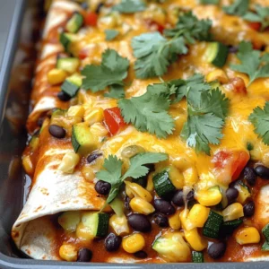 - 8 corn tortillas - 1 cup black beans, drained and rinsed - 1 cup corn kernels (fresh or frozen) - 1 red bell pepper, diced - 1 small zucchini, diced - 1 cup spinach, roughly chopped - 1 teaspoon cumin - 1 teaspoon chili powder - 1/2 teaspoon garlic powder - 1 1/2 cups enchilada sauce (store-bought or homemade) - 1 cup shredded cheese (cheddar or a blend) - 1 tablespoon olive oil - Salt and pepper to taste - Fresh cilantro for garnish (optional) Gather these items before you start cooking. Each ingredient plays a key role in flavor. The corn tortillas hold the filling together, while black beans add protein. Corn gives a sweet crunch, and bell pepper adds color. Zucchini and spinach bring freshness to each bite. Spices like cumin and chili powder give depth. Enchilada sauce ties it all together, while cheese adds creaminess. - Skillet - Baking dish - Mixing bowls - Measuring cups and spoons You will need a skillet for cooking the veggies. A baking dish helps assemble the enchiladas. Mixing bowls are great for combining ingredients. Measuring cups and spoons ensure you add the right amounts. Each serving has about 350 calories, with balanced carbs, protein, and fats. Expect around 12 grams of protein per serving. The fiber from beans and veggies keeps you full. This meal is healthy and satisfying. For the complete cooking guide, check the Full Recipe. 1. Preheat your oven to 375°F (190°C). 2. Grab a baking dish and spread 1/2 cup of enchilada sauce on the bottom. 3. In a skillet, heat 1 tablespoon of olive oil over medium heat. 4. Add the diced red bell pepper and zucchini. Cook for about 5 minutes. 5. Stir in 1 cup of black beans, 1 cup of corn, and 1 cup of spinach. 6. Cook until the spinach wilts, which takes about 2-3 minutes. 7. Sprinkle in 1 teaspoon of cumin, 1 teaspoon of chili powder, and 1/2 teaspoon of garlic powder. 8. Add salt and pepper to taste, stirring well to mix. Remove from heat. 1. Warm 8 corn tortillas in a microwave or on a skillet. This makes them soft. 2. Spoon some of the veggie mixture onto each tortilla. 3. Sprinkle a little cheese on top of the filling. 4. Roll each tortilla tightly and place them seam-side down in the baking dish. 5. Repeat this process for all tortillas until your dish is full. 1. Pour the remaining enchilada sauce over the rolled tortillas. Make sure they are well covered. 2. Sprinkle the rest of the cheese evenly on top. 3. Bake in the oven for 20-25 minutes. Check when the cheese is melted and bubbly. 4. Allow to cool for a few minutes before serving. You can garnish with fresh cilantro if you like. Follow these steps for a delicious vegetarian enchilada experience. For the complete recipe, check out the Full Recipe section. To make rolling easier, warm your tortillas first. You can do this in the microwave for about 20 seconds or in a skillet. This softens them and helps prevent tearing. Mixing and matching cheese is a fun way to add flavor. Try using a blend of cheddar and Monterey Jack. This gives a creamy texture and a tasty twist to your enchiladas. You may want to adjust spice levels to suit your taste. If you prefer more kick, add extra chili powder or jalapeños. Start with a little and taste as you go. To avoid soggy enchiladas, don’t overfill them. Use just enough filling so you can roll them tightly. Also, pour the sauce over the top, but don’t let them sit in it for too long before baking. Garnishing with fresh cilantro or avocado slices adds a nice touch. The bright colors make your dish pop! For serving ideas, pair your enchiladas with rice or a fresh salad. This adds balance and makes a colorful plate. For the full recipe, check out the recipe section above. {{image_2}} You can change the veggies in this recipe. Use your favorites or what you have. Try bell peppers, mushrooms, or even sweet potatoes. You can also make this dish dairy-free. Use a dairy-free cheese or skip cheese altogether. For a gluten-free meal, check that your tortillas are gluten-free. If you follow a vegan diet, replace cheese with a plant-based option. Nutritional yeast gives a cheesy flavor without dairy. For low-carb options, consider using cauliflower tortillas. They are tasty and add a new twist to your enchiladas. To make your enchiladas even tastier, add sauces or toppings. Sour cream and guacamole are great choices. You can also try different spices to change the flavor. Adding fresh herbs like cilantro or green onions can enhance the dish. Feel free to experiment and make these enchiladas your own! For the full recipe, check out the details above. To keep your vegetarian enchiladas fresh, store them in airtight containers. Allow the enchiladas to cool to room temperature first. This step helps prevent steam from building up, which can make them soggy. You can also wrap individual enchiladas in plastic wrap for easy grab-and-go meals. The best way to reheat enchiladas is in the oven. Preheat your oven to 350°F (175°C). Place the enchiladas in an oven-safe dish. Cover them with foil to keep moisture in. Bake for about 15-20 minutes until heated through. You can also use a microwave, but be careful not to overcook them. This can dry them out. Add a splash of sauce on top before reheating to keep them moist. You can freeze enchiladas before or after baking. If freezing before baking, wrap them tightly in plastic wrap and then foil. This helps prevent freezer burn. When you're ready to eat, thaw them overnight in the fridge. Bake as usual, adding a few extra minutes if needed. If you freeze them after baking, let them cool first. Use the same thawing method. This keeps their flavor and texture intact. To make vegetarian enchiladas from scratch, follow these essential steps: 1. Prepare the filling: Cook diced vegetables like red bell pepper and zucchini in olive oil. Add black beans, corn, and spinach. Season with cumin, chili powder, garlic powder, salt, and pepper. 2. Warm the tortillas: Heat corn tortillas in a microwave or skillet. This makes them soft and easy to roll. 3. Assemble the enchiladas: Place a spoonful of the veggie mix and cheese in each tortilla. Roll them tightly and place them seam-side down in a baking dish. 4. Add sauce and cheese: Pour enchilada sauce over the rolled tortillas. Sprinkle cheese on top. 5. Bake: Bake in a preheated oven until the cheese is melted and bubbly. This simple process leads to delicious enchiladas. You can find the full recipe for cheesy veggie enchiladas above. Yes, you can make enchiladas in advance! Here are some tips: - Prep ahead: You can prepare the filling a day before and store it in the fridge. Just warm it up before using. - Assemble and refrigerate: You can roll the enchiladas and place them in the baking dish. Cover and store in the fridge for up to 24 hours before baking. - Freezing: If you want to freeze them, wrap the assembled enchiladas tightly. Store in a freezer-safe container for up to three months. When ready to eat, thaw in the fridge overnight and then bake. Serving vegetarian enchiladas with the right sides adds to the meal. Here are some ideas: - Side dishes: Serve with Mexican rice, black beans, or a fresh salad. - Toppings: Add sour cream, guacamole, or avocado slices for extra flavor. - Drinks: Pair with a refreshing drink, like iced tea or a light beer. These options will enhance your enchilada experience! In this article, we covered how to make delicious vegetarian enchiladas. We listed key ingredients, kitchen tools, and instructions for cooking and baking. I shared tips to improve flavor and ensure great texture. Storage and reheating methods were also discussed. These enchiladas are easy to customize and perfect for any occasion. Whether you choose to mix ingredients, adjust spices, or store them for later, I hope you enjoy making and sharing this dish. Dive into your kitchen and give it a try!