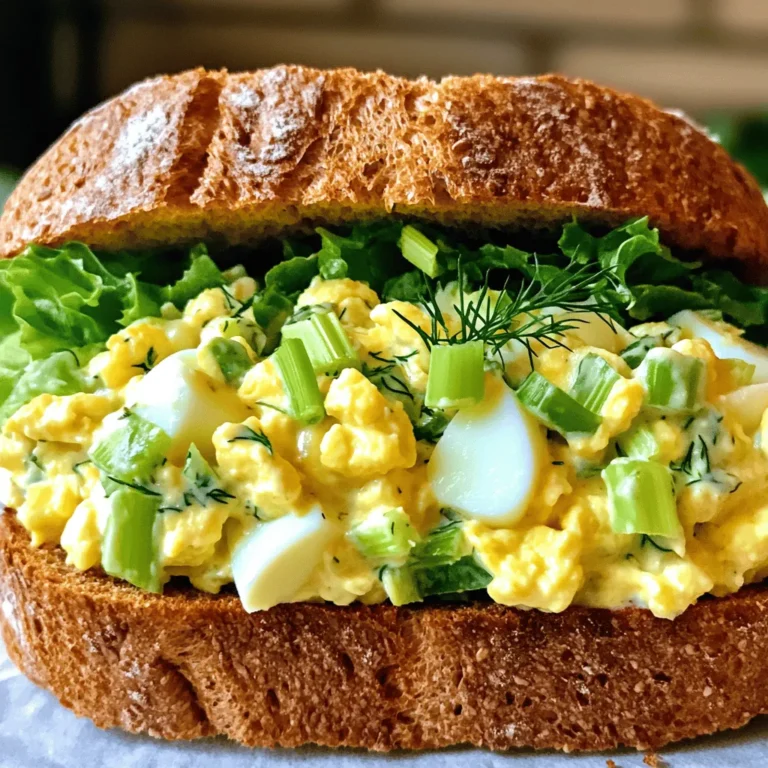 - 4 large eggs - 2 tablespoons mayonnaise - 1 tablespoon Greek yogurt - 1 teaspoon Dijon mustard - 2 green onions, finely chopped - 1 celery stalk, diced - Salt and pepper to taste - 1 teaspoon fresh dill (or ½ teaspoon dried dill) - 4 slices of whole grain bread - Lettuce leaves for serving - Avocado for creaminess - Paprika for flavor - Chopped pickles for tang - Mixing bowl - Pot for boiling eggs - Ice bath setup - Toasting appliance (toaster or skillet) The main ingredients are simple and easy to find. They come together to create a tasty egg salad. Each ingredient plays a key role in flavor and texture. The eggs provide protein and richness. Mayonnaise and yogurt add creaminess. Dijon mustard gives a slight tang. Green onions and celery bring crunch and freshness. Don't forget to season with salt, pepper, and dill. You can customize your egg salad with optional add-ins. Avocado adds a creamy texture. Paprika gives a hint of smokiness. Chopped pickles add a nice tang. These small changes can make your sandwich special. For tools, you need a few key items. A mixing bowl helps combine everything. A pot is needed to boil the eggs. An ice bath setup cools the eggs quickly. A toaster or skillet to toast the bread adds a lovely crunch. With these ingredients and tools ready, you’ll be on your way to a delicious egg salad sandwich. You can find the full recipe for detailed steps. Enjoy every bite! - Boil the eggs for 12 minutes. - Transfer to ice water for cooling. - Peel and chop the eggs. Start by boiling your eggs. Place them in a pot and fill it with cold water. Bring the water to a boil over medium-high heat. Once it boils, cover the pot and take it off the heat. Let the eggs sit for 12 minutes. This step gives you hard-boiled eggs that are perfect for salad. After 12 minutes, move the eggs to a bowl filled with ice water. This cools them down quickly and makes peeling easier. Leave them in the ice water for about 5 minutes. When they are cool, peel the eggs and chop them into small pieces. - Combine chopped eggs with other ingredients. - Adjust seasoning with salt and pepper. - Mix gently to avoid mashing eggs. Next, take a mixing bowl and add your chopped eggs. Now it’s time to create the salad. Add mayonnaise, Greek yogurt, Dijon mustard, green onions, diced celery, and fresh dill. These ingredients bring flavor and creaminess to the dish. Mix everything gently so you don’t mash the eggs. Taste the mixture and season with salt and pepper. You can add as much as you like until it suits your taste. - Toast whole grain bread slices. - Spread egg salad on the bread. - Add lettuce leaves and top with remaining bread. - Slice and serve immediately. Now for the fun part! Toast your slices of whole grain bread. This adds a nice crunch to the sandwich. Once toasted, spread a generous amount of the egg salad on two slices of bread. Next, add fresh lettuce leaves on top of the egg salad. This adds a nice crunch and freshness. Place the other slices of bread on top to finish the sandwich. Slice it in half and serve immediately for the best taste. For the full recipe, refer to the earlier section. Enjoy your tasty egg salad sandwich! - Use fresh ingredients for better taste. Fresh eggs and herbs make a big difference. - Allow the mixture to chill before serving. This enhances the flavors and texture. - Experiment with seasonings for unique flavors. Try adding spices like paprika or herbs. - Overcooking the eggs can make them rubbery. Aim for a tender yolk and white. - Using too much mayo leads to a runny texture. Balance is key for a perfect mix. - Forgetting to season can leave your salad bland. Taste as you go for the best results. - Pair with chips or a side salad for a crunchy contrast. - Serve as a picnic option; it travels well and is easy to handle. - Ideal for lunch boxes, providing a tasty and filling meal. For a full recipe of this Easy Egg Salad Sandwich, check the recipe section above. {{image_2}} The classic egg salad has a creamy and rich taste. You get this from the mix of eggs and mayo. I like to add a bit of mustard for tang. You should also use salt and pepper to boost the flavor. A sprinkle of dill adds a nice touch too. This simple mix is what many people know and love. Want a healthier twist? Swap mayo with avocado or hummus. Avocado gives a creamy texture and adds healthy fats. Hummus brings in a nice, nutty flavor. You can also toss in more veggies, like diced bell peppers or carrots. These extra veggies add crunch and nutrition. It makes your sandwich not only tasty but also packed with good stuff. For a gourmet twist, try adding smoked salmon. This brings a rich, savory flavor to the salad. Fresh herbs like tarragon or basil can elevate the taste. They add a bright, fresh note that makes everything pop. You can mix and match these ideas to create your own unique sandwich. Enjoy trying different flavors! - Store in an airtight container. - Best consumed within 3 days for freshness. Egg salad tastes best when fresh. After you make it, keep it in the fridge. Use a tight container to keep it fresh. After three days, the taste may change. Always check for signs of spoilage before eating. - Can be frozen for later use. - Thaw in the refrigerator before serving. If you want to save some for later, you can freeze it. Place the egg salad in a freezer-safe container. When you're ready to eat it, take it out and put it in the fridge overnight. It will thaw slowly and taste better. - Mix in a little extra mayo or yogurt if it dries out. - Serve in a new way, like a wrap or on crackers. If your egg salad gets dry, don’t worry! Just add a bit more mayo or yogurt. This will make it creamy again. You can also change how you serve it. Try spreading it on crackers or wrapping it in a tortilla. It gives you new flavors to enjoy! - Detailed instructions available in the recipe section. - Yes, you can prepare it a day prior. This makes it easy for busy days. Just store it in an airtight container. The flavors mix well overnight. - Use whole grain, sourdough, or even wraps. Each option adds a unique touch. Soft bread enhances the taste and texture. It holds the egg salad nicely and makes each bite delightful. Egg salad is simple and fun to make. You need just a few key ingredients, like eggs, mayo, and Greek yogurt. Following the steps I shared, you can create a tasty sandwich. Experiment with add-ins for extra flavor. Remember to store your egg salad correctly for the best taste. Try it at your next picnic or lunch. Enjoy your delicious creation, and happy cooking!