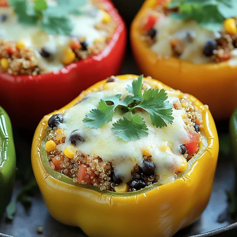 - 4 large bell peppers (any color) - 1 cup quinoa, rinsed - 2 cups vegetable broth - 1 can (15 oz) black beans, drained and rinsed - 1 cup corn kernels (fresh, frozen, or canned) - 1 small red onion, finely chopped - 2 cloves garlic, minced - 1 teaspoon cumin - 1 teaspoon paprika - 1 teaspoon chili powder - Salt and pepper to taste - 1 cup diced tomatoes (fresh or canned) - 1 cup shredded cheese (cheddar or Mexican blend) - Fresh cilantro or parsley for garnish When you gather your ingredients, choose bright, firm bell peppers. They make the dish pop with color. Quinoa is a star here, so rinse it to get rid of bitterness. The black beans add protein and fiber, while corn brings a sweet crunch. For seasonings, garlic, cumin, and paprika give warmth and depth. Don't forget the diced tomatoes; they add a juicy freshness. Top it all with melted cheese for a rich finish. If you want the full recipe, check out the Full Recipe section. This mix of flavors and textures makes Quinoa Stuffed Peppers a tasty and healthy meal option. Each bite offers a balance of protein, carbs, and veggies, making it a smart choice for your table. - Preheat your oven to 375°F (190°C). - Slice the tops off the bell peppers and remove seeds and membranes. - Combine rinsed quinoa and vegetable broth in a saucepan. - Bring to a boil, then simmer until fluffy. This takes about 15 minutes. - Mix cooked quinoa with black beans, corn, and seasonings in a bowl. - Spoon the mixture into prepared bell peppers. Press down gently to fill them well. - Cover with foil and bake for 25-30 minutes. - Uncover and bake for an additional 10-15 minutes until cheese is bubbly. Following these steps ensures your quinoa stuffed peppers turn out perfectly. You’ll enjoy every flavorful bite of this healthy dish. For the full recipe, check the instructions provided. - Rinse quinoa before cooking to remove bitterness. This step makes it taste better. - Use a mix of cheese for a flavor boost. Try cheddar and pepper jack for fun. - Serve with a side salad or garlic bread. This adds crunch and flavor. - Pair with a light vinaigrette for extra flavor. It brightens up the meal. - Overpacking the peppers; leave some space for expansion. This helps them cook evenly. - Not preheating the oven properly can lead to uneven cooking. Make sure it’s hot when you bake. For the full recipe, check out the detailed steps and enjoy making this dish at home! {{image_2}} You can easily adapt quinoa stuffed peppers to fit your diet. If you want a vegan version, simply omit the cheese. Instead, use nutritional yeast for a cheesy flavor. This keeps the dish plant-based while still adding a nice taste. If you're gluten-free, check the labels on your broth and other ingredients. Some brands may add gluten, so it’s best to confirm. Spices can change the taste of your stuffed peppers. Try adding smoked paprika or cayenne pepper for some heat. These spices kick up the flavor and add a nice depth. You can also mix in different veggies. Spinach adds a pop of color and nutrients. Zucchini brings a nice texture and mild taste. Both options keep the dish fresh and exciting. If you want more protein, consider adding ground turkey or beef. This makes the dish heartier and filling. You can brown the meat before mixing it with the quinoa. Another option is to substitute or add lentils. They offer a great source of protein and fiber. This also keeps the dish meat-free if you prefer. For the complete recipe, check out the [Full Recipe]. Store leftovers in an airtight container in the fridge for up to 4 days. This helps keep the peppers fresh and tasty. When you need a quick meal, just grab a pepper. Cool completely before freezing. If you want to save time later, freeze in individual portions. This makes reheating easy and quick for busy days. Reheat in the microwave or oven until heated through. If using the oven, cover the peppers to avoid drying them out. Add a splash of vegetable broth to maintain moisture. This keeps the filling soft and flavorful, just like when you first made them. Don't forget to check the center to ensure it's hot! They can last up to 4 days when stored properly. To ensure freshness, place them in an airtight container. This helps keep them moist and flavorful. Always check for signs of spoilage before eating. Yes, you can prepare and stuff the peppers a day in advance before baking. Just store them in the fridge. When you’re ready, bake them according to the recipe. This is great for meal prep or busy weeknights. Consider a fresh salad, roasted vegetables, or a light soup for a complete meal. These sides add color and nutrients. You can mix and match based on your taste. Pairing helps balance flavors and makes the meal more satisfying. For more ideas, check out the Full Recipe for tips! In this blog post, we explored how to make delicious quinoa stuffed peppers. We covered the main ingredients, flavorful seasonings, and easy step-by-step cooking instructions. I shared tips to help you avoid common mistakes and suggested tasty variations to suit your diet. Finally, we discussed storage and reheating to keep your meals fresh. Enjoy creating your own stuffed peppers, knowing you can adjust the flavors to your taste. This dish offers a healthy, satisfying meal that everyone can love.