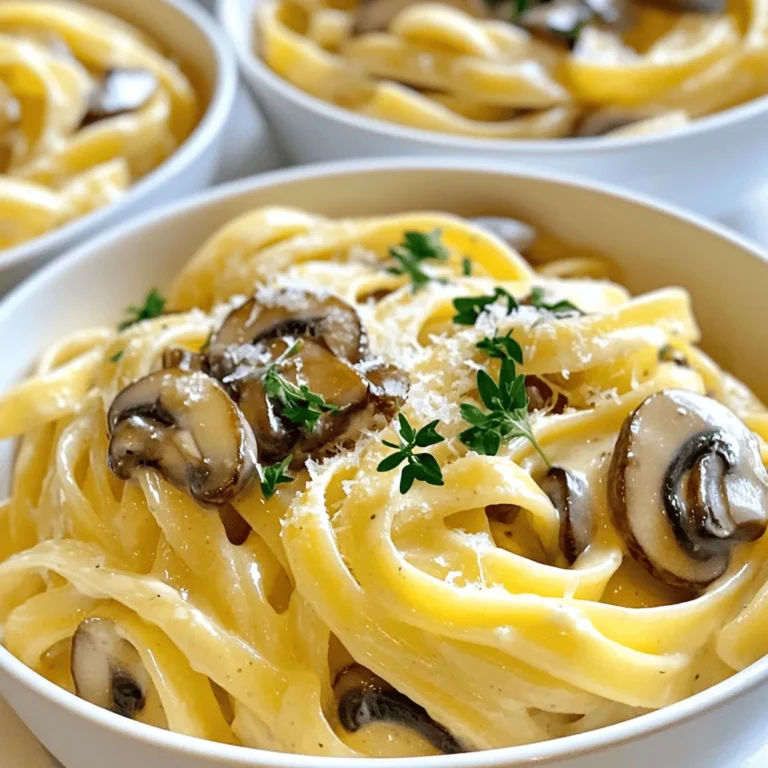 - 300g fettuccine or tagliatelle - 300g mushrooms (button or cremini), sliced - 4 cloves garlic, minced - 1 cup heavy cream - 1 cup vegetable broth - Grated Parmesan cheese - Fresh parsley - 2 tablespoons olive oil - 1 tablespoon butter - 1 teaspoon dried thyme - Salt and pepper to taste To make creamy garlic mushroom pasta, you need to gather these fresh ingredients. Start with 300 grams of fettuccine or tagliatelle. These pasta shapes hold the sauce well and add a lovely bite. For the star of the dish, use 300 grams of mushrooms, either button or cremini. Their earthy flavor shines through the creamy sauce. Next, you’ll need 4 cloves of garlic, finely minced to release that rich flavor. A cup of heavy cream adds the needed creaminess. Don’t forget 1 cup of vegetable broth to balance the richness. You can sprinkle grated Parmesan cheese on top for extra flavor. Fresh parsley also makes a great garnish, adding color and freshness. For cooking, you’ll need 2 tablespoons of olive oil and 1 tablespoon of butter. Together, they create the perfect base for sautéing. You’ll also want 1 teaspoon of dried thyme, along with salt and pepper to taste. With these simple, fresh ingredients, you're ready to cook a delicious meal. Check out the Full Recipe for step-by-step instructions! Start by boiling salted water in a large pot. Once it boils, add the fettuccine or tagliatelle. Cook the pasta until it’s al dente, which means it should be firm to the bite. This takes about 8-10 minutes. After that, drain the pasta, but be sure to save one cup of the pasta water for later. Next, heat two tablespoons of olive oil and one tablespoon of butter in a large skillet over medium heat. Once the oil is hot, add the sliced mushrooms. Cook them for about 5-7 minutes. You want them to turn golden brown and soft. This step adds great flavor to the dish. After the mushrooms are done, add four cloves of minced garlic, one teaspoon of dried thyme, and salt and pepper to taste. Stir and cook for another 1-2 minutes. This will let the garlic become fragrant. Now, pour in one cup of vegetable broth and bring it to a gentle simmer. After that, stir in one cup of heavy cream. Let it simmer for about 5 minutes. This will thicken your sauce nicely. Now it’s time to mix everything. Toss your cooked pasta into the skillet with the sauce. Gently stir until the pasta is well coated. If the sauce is too thick, add some of the reserved pasta water bit by bit. This will help get the right texture. Finally, taste the dish. Adjust the salt and pepper if needed. Serve the creamy garlic mushroom pasta in bowls. Garnish each bowl with freshly chopped parsley and grated Parmesan cheese. For an extra touch, you can drizzle a bit of olive oil on top. Enjoy this hearty meal! For the complete recipe, check out the [Full Recipe]. To make the best creamy garlic mushroom pasta, avoid overcooking the pasta. Check your pasta a minute before the package time ends. It should be firm but not hard. When you drain it, save one cup of the pasta water. This water has starch that helps the sauce stick to the pasta. Mushrooms can change your pasta's taste. Try using different types, like shiitake or portobello. Each type adds a new flavor. A splash of white wine can also deepen the taste. Just add it after cooking the mushrooms and let it simmer for a minute. Serve your pasta in shallow bowls for a nice look. This way, it looks more inviting. For a beautiful finish, drizzle extra olive oil on top. Add a sprinkle of fresh parsley and some cheese. These touches make your dish pop and impress your guests. You can find the full recipe [here](#). {{image_2}} If you want a vegetarian option, try adding spinach or kale. These greens add color and nutrients. You can also use vegetable-based cream alternatives. Cashew cream or coconut cream work well for a rich flavor. For a heartier meal, add grilled chicken or shrimp. Both pair nicely with the creamy sauce. You can also include bacon or pancetta for a savory touch. Cook the meat first, then mix it in with the pasta. If you need gluten-free options, substitute regular pasta with gluten-free alternatives. Brown rice pasta or chickpea pasta are great choices. Make sure your broth is gluten-free as well. This way, everyone can enjoy this creamy garlic mushroom pasta. For the full recipe, check out the details provided above. After enjoying your creamy garlic mushroom pasta, store leftovers in an airtight container. This keeps the flavors fresh. It’s best to eat the pasta within 3-4 days. The longer it sits, the more the pasta can lose its texture. If you want to save some for later, freeze the pasta separately from the sauce. This helps keep both the pasta and sauce in great shape. Use freezer-safe containers and enjoy your meal within 2 months. Remember to label your containers with the date. When it's time to enjoy your frozen pasta, reheat it on the stove. Add a splash of broth or cream to keep it creamy. This helps restore the texture. I recommend avoiding the microwave, as it can make the pasta dry or chewy. To boost the garlic flavor, simply add more garlic cloves. Roasted garlic also adds great depth. Roasting brings out a sweet, rich taste that blends well with the creamy sauce. Absolutely! You can use any pasta shape you like. Fettuccine and tagliatelle work well, but penne or spaghetti can also be great choices. Just keep an eye on cooking times for different shapes. Yes, this creamy garlic mushroom pasta is perfect for meal prep. You can make it in advance and store it in your fridge. Just reheat it when you're ready to eat. If you want a lighter option, use half-and-half. You can also try a non-dairy cream like cashew or almond cream. Both will still give you a nice, creamy texture. Check the sauce by coating the back of a spoon. If it clings nicely and leaves a line when you swipe your finger through it, it's ready. This means the flavors have melded well, making your dish extra delicious. For the full recipe, click here: [Full Recipe]. This recipe offers a simple way to make a tasty pasta dish with mushrooms and cream. We covered essential ingredients and step-by-step cooking instructions. With some tips and tricks, you can enhance the flavors and texture. Plus, you can easily customize the recipe for various diets. Remember, adjusting the sauce and choosing the right pasta can make all the difference. Enjoy creating your unique version of this delicious meal!