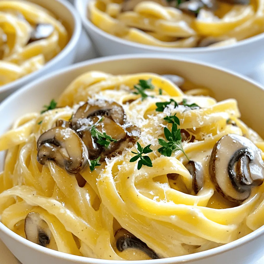 - 300g fettuccine or tagliatelle - 300g mushrooms (button or cremini), sliced - 4 cloves garlic, minced - 1 cup heavy cream - 1 cup vegetable broth - Grated Parmesan cheese - Fresh parsley - 2 tablespoons olive oil - 1 tablespoon butter - 1 teaspoon dried thyme - Salt and pepper to taste To make creamy garlic mushroom pasta, you need to gather these fresh ingredients. Start with 300 grams of fettuccine or tagliatelle. These pasta shapes hold the sauce well and add a lovely bite. For the star of the dish, use 300 grams of mushrooms, either button or cremini. Their earthy flavor shines through the creamy sauce. Next, you’ll need 4 cloves of garlic, finely minced to release that rich flavor. A cup of heavy cream adds the needed creaminess. Don’t forget 1 cup of vegetable broth to balance the richness. You can sprinkle grated Parmesan cheese on top for extra flavor. Fresh parsley also makes a great garnish, adding color and freshness. For cooking, you’ll need 2 tablespoons of olive oil and 1 tablespoon of butter. Together, they create the perfect base for sautéing. You’ll also want 1 teaspoon of dried thyme, along with salt and pepper to taste. With these simple, fresh ingredients, you're ready to cook a delicious meal. Check out the Full Recipe for step-by-step instructions! Start by boiling salted water in a large pot. Once it boils, add the fettuccine or tagliatelle. Cook the pasta until it’s al dente, which means it should be firm to the bite. This takes about 8-10 minutes. After that, drain the pasta, but be sure to save one cup of the pasta water for later. Next, heat two tablespoons of olive oil and one tablespoon of butter in a large skillet over medium heat. Once the oil is hot, add the sliced mushrooms. Cook them for about 5-7 minutes. You want them to turn golden brown and soft. This step adds great flavor to the dish. After the mushrooms are done, add four cloves of minced garlic, one teaspoon of dried thyme, and salt and pepper to taste. Stir and cook for another 1-2 minutes. This will let the garlic become fragrant. Now, pour in one cup of vegetable broth and bring it to a gentle simmer. After that, stir in one cup of heavy cream. Let it simmer for about 5 minutes. This will thicken your sauce nicely. Now it’s time to mix everything. Toss your cooked pasta into the skillet with the sauce. Gently stir until the pasta is well coated. If the sauce is too thick, add some of the reserved pasta water bit by bit. This will help get the right texture. Finally, taste the dish. Adjust the salt and pepper if needed. Serve the creamy garlic mushroom pasta in bowls. Garnish each bowl with freshly chopped parsley and grated Parmesan cheese. For an extra touch, you can drizzle a bit of olive oil on top. Enjoy this hearty meal! For the complete recipe, check out the [Full Recipe]. To make the best creamy garlic mushroom pasta, avoid overcooking the pasta. Check your pasta a minute before the package time ends. It should be firm but not hard. When you drain it, save one cup of the pasta water. This water has starch that helps the sauce stick to the pasta. Mushrooms can change your pasta's taste. Try using different types, like shiitake or portobello. Each type adds a new flavor. A splash of white wine can also deepen the taste. Just add it after cooking the mushrooms and let it simmer for a minute. Serve your pasta in shallow bowls for a nice look. This way, it looks more inviting. For a beautiful finish, drizzle extra olive oil on top. Add a sprinkle of fresh parsley and some cheese. These touches make your dish pop and impress your guests. You can find the full recipe [here](#). {{image_2}} If you want a vegetarian option, try adding spinach or kale. These greens add color and nutrients. You can also use vegetable-based cream alternatives. Cashew cream or coconut cream work well for a rich flavor. For a heartier meal, add grilled chicken or shrimp. Both pair nicely with the creamy sauce. You can also include bacon or pancetta for a savory touch. Cook the meat first, then mix it in with the pasta. If you need gluten-free options, substitute regular pasta with gluten-free alternatives. Brown rice pasta or chickpea pasta are great choices. Make sure your broth is gluten-free as well. This way, everyone can enjoy this creamy garlic mushroom pasta. For the full recipe, check out the details provided above. After enjoying your creamy garlic mushroom pasta, store leftovers in an airtight container. This keeps the flavors fresh. It’s best to eat the pasta within 3-4 days. The longer it sits, the more the pasta can lose its texture. If you want to save some for later, freeze the pasta separately from the sauce. This helps keep both the pasta and sauce in great shape. Use freezer-safe containers and enjoy your meal within 2 months. Remember to label your containers with the date. When it's time to enjoy your frozen pasta, reheat it on the stove. Add a splash of broth or cream to keep it creamy. This helps restore the texture. I recommend avoiding the microwave, as it can make the pasta dry or chewy. To boost the garlic flavor, simply add more garlic cloves. Roasted garlic also adds great depth. Roasting brings out a sweet, rich taste that blends well with the creamy sauce. Absolutely! You can use any pasta shape you like. Fettuccine and tagliatelle work well, but penne or spaghetti can also be great choices. Just keep an eye on cooking times for different shapes. Yes, this creamy garlic mushroom pasta is perfect for meal prep. You can make it in advance and store it in your fridge. Just reheat it when you're ready to eat. If you want a lighter option, use half-and-half. You can also try a non-dairy cream like cashew or almond cream. Both will still give you a nice, creamy texture. Check the sauce by coating the back of a spoon. If it clings nicely and leaves a line when you swipe your finger through it, it's ready. This means the flavors have melded well, making your dish extra delicious. For the full recipe, click here: [Full Recipe]. This recipe offers a simple way to make a tasty pasta dish with mushrooms and cream. We covered essential ingredients and step-by-step cooking instructions. With some tips and tricks, you can enhance the flavors and texture. Plus, you can easily customize the recipe for various diets. Remember, adjusting the sauce and choosing the right pasta can make all the difference. Enjoy creating your unique version of this delicious meal!