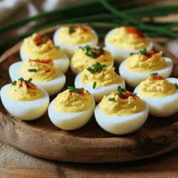 For classic deviled eggs, you need a few simple ingredients. Here’s what you’ll need: - 6 large eggs - 3 tablespoons mayonnaise - 1 teaspoon Dijon mustard - 1 teaspoon apple cider vinegar - Salt and black pepper to taste - 1 teaspoon paprika (plus extra for garnish) - 1 tablespoon fresh chives, finely chopped (optional) These ingredients come together to create a tasty filling. Each item plays a key role in the flavor. If you have special dietary needs, you can tweak the recipe. Here are some great swaps: - Mayonnaise: Use Greek yogurt for a lighter option or avocado for a creamy twist. - Dijon mustard: Try yellow mustard or omit it for a milder taste. - Apple cider vinegar: Swap with lemon juice for a fresh zing. - Chives: You can use green onions or pickles for a different flavor. These substitutions keep the taste enjoyable while meeting your needs. Choosing the right eggs matters for great deviled eggs. Here are my tips: - Freshness: Use eggs that are about a week old. They peel easier than very fresh eggs. - Size: Large eggs work best. They provide enough filling without being too bulky. - Quality: Organic or free-range eggs often taste better. They can enhance the flavor of your dish. These tips help you select the best eggs for your classic deviled eggs. For the full recipe, check out the section above! To make great deviled eggs, start by boiling the eggs right. Here’s how: 1. Place the eggs in a pot. Cover them with cold water. The water should be about an inch above the eggs. 2. Heat the water. Turn the stove to medium-high and bring it to a boil. 3. Cover the pot. When the water boils, put a lid on the pot. Turn off the heat and let the eggs sit for 12 minutes. This step is key for a perfect yolk. 4. Cool the eggs. After 12 minutes, move the eggs to a bowl of ice water. Let them cool for at least 5 minutes. This helps with peeling later. Peeling eggs can be tricky. Here are some tips to make it easier: - Use older eggs. Fresh eggs can be harder to peel. If you can, buy eggs that are about a week old. - Crack under water. After cooling, gently crack the eggs under running warm water. This helps remove stubborn bits of shell. - Peel gently. Start peeling from the wider end. The air pocket there can help lift the shell away. Now, let’s make the tasty filling for your deviled eggs: 1. Slice the eggs. Cut the cooled eggs in half lengthwise. Carefully scoop out the yolks into a bowl. 2. Mix the filling. Add the mayonnaise, Dijon mustard, apple cider vinegar, salt, black pepper, and paprika to the yolks. Use a fork to mix everything until smooth. 3. Adjust to taste. If you like some texture, leave small bits of yolk. Taste the mixture and add more seasoning if needed. 4. Fill the egg whites. Spoon or pipe the yolk mixture back into the egg whites. For a fun look, use a piping bag with a star tip. 5. Garnish. Once filled, sprinkle extra paprika on top. You can also add chopped chives for a fresh touch. Now your classic deviled eggs are ready to chill! Check out the Full Recipe for more details on making this delightful appetizer. To make the filling creamy, start with fresh ingredients. Use good mayonnaise and Dijon mustard. The key is to mash the yolks well. I recommend using a fork. Blend until smooth and free of lumps. If you want extra creaminess, add a touch more mayonnaise. A splash of apple cider vinegar adds brightness too. Mix everything in a bowl and taste it. Adjust the seasoning to your liking. Deviled eggs should look as good as they taste. Use a piping bag for a fun look. A star tip makes swirls that impress. Don’t rush the filling; take your time to make it neat. Sprinkle paprika on top for color. If you have chives, chop them finely and sprinkle them too. Arrange the eggs on a pretty plate. A clean, white plate makes the colors pop. Avoid overcooking the eggs. This makes the yolks turn greenish. Stick to the 12-minute rule after boiling. Next, peeling can be tricky. Use older eggs if you can. Fresh eggs are harder to peel. Lastly, don’t skip the chill time. Letting them rest in the fridge allows flavors to blend. For more details on making perfect classic deviled eggs, check out the Full Recipe. {{image_2}} You can easily add fun flavors to classic deviled eggs. Here are some tasty ideas: - Bacon and Cheddar: Mix in crumbled bacon and sharp cheddar cheese for a hearty bite. - Sriracha: Add a bit of Sriracha for a spicy kick. Adjust to your taste. - Curry Powder: Stir in curry powder for a warm, exotic twist. It pairs well with the creamy yolks. - Smoked Salmon: Fold in chopped smoked salmon and dill for a luxurious treat. - Avocado: Replace some mayo with mashed avocado for a creamy, fresh taste. You can make deviled eggs healthier while still keeping them delicious. Here are some swaps: - Greek Yogurt: Use Greek yogurt instead of mayonnaise. It adds protein and tang. - Mustard: Experiment with different mustards like whole grain or spicy brown for added flavor. - Vinegar: Swap apple cider vinegar with lemon juice for a bright flavor. - Herbs: Use fresh herbs like parsley or cilantro instead of chives to change the taste. - Spices: Try adding smoked paprika or cayenne pepper for extra flavor without extra calories. Toppings can make your deviled eggs stand out. Consider these ideas: - Microgreens: A sprinkle of microgreens adds color and a fresh taste. - Pickles: Chopped pickles or relish give a nice crunch and tang. - Caviar: For a fancy touch, top with caviar or fish roe. - Nuts: Crushed nuts like pistachios or almonds add a nice crunch and flavor contrast. - Edible Flowers: Use edible flowers for a beautiful and unique presentation. For the full recipe and step-by-step instructions, check out the Full Recipe. To store leftover deviled eggs, place them in an airtight container. Cover the eggs with plastic wrap. This keeps them fresh and avoids strong odors from other foods. Make sure to keep the filling intact and avoid touching the yolk mixture directly. This helps maintain their beautiful look. Deviled eggs stay fresh in the fridge for about three to four days. After this time, the eggs may lose flavor and texture. Always check for any signs of spoilage, like an off smell or discoloration, before eating. If you see any signs, toss them out. You can make deviled eggs a day in advance. Boil and cool the eggs, then store them whole in the fridge. Prepare the yolk filling and keep it separate in an airtight container. The next day, fill the egg whites and garnish just before serving. This keeps the eggs looking fresh and tasty. I recommend using large, fresh eggs for classic deviled eggs. Fresh eggs peel easier and have a better taste. Look for eggs that are not cracked and have a clean shell. Organic or pasture-raised eggs can add more flavor. The yolks should be bright yellow, indicating freshness. If you can, buy eggs that are locally sourced. This choice supports local farmers and often leads to better eggs. Yes, you can make deviled eggs vegan or vegetarian. For vegan deviled eggs, use silken tofu or mashed avocado instead of egg yolks. Add in vegan mayo for creaminess. You can also mix in mustard, vinegar, and spices for flavor. For vegetarian options, you can keep the egg whites and replace the yolk with a creamy mix of hummus or yogurt. Both methods keep the dish tasty and fun. If your filling is too runny, you can add more yolks or a thickener. Try adding extra mayonnaise or mustard to balance the texture. If it's too thick, mix in a small amount of vinegar or water to loosen it. Always taste as you adjust, so you keep the right flavor. A smooth, creamy filling is key to a delicious deviled egg. For the best results, follow the Full Recipe closely. In this post, we covered the essential steps for making classic deviled eggs. From choosing the best ingredients to detailed instructions on cooking and assembly, you now have the tools needed for your next appetizer. Remember to try different flavor variations and toppings to impress your guests. Always store leftovers properly and plan ahead for easy prep. Enjoy creating your delicious deviled eggs with confidence!