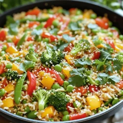 - 2 cups cooked jasmine rice - 1 cup mixed bell peppers (diced) - 1 cup broccoli florets - 1 cup snap peas - 1 medium carrot (julienned) - 3 green onions (sliced) - 3 cloves garlic (minced) - 2 tablespoons soy sauce - 1 tablespoon sesame oil - 1 tablespoon vegetable oil - 1 teaspoon fresh ginger (grated) - Salt and pepper to taste - Sesame seeds for garnish - Fresh cilantro leaves for garnish Gather these ingredients for a vibrant and tasty dish. I prefer using day-old jasmine rice. It separates better and gives a nice texture. Chop the bell peppers, broccoli, snap peas, and carrot into bite-sized pieces. This helps them cook evenly and look great in the final dish. Minced garlic and grated ginger add depth to the flavor. They create a fragrant base when cooked in hot oil. Soy sauce and sesame oil bring the perfect umami taste to the mix. Don’t forget the green onions for a fresh crunch and spring flavor. The sesame seeds and cilantro add a lovely finish. They make your dish pop visually and add extra taste. With these ingredients, you’re ready to create a colorful Vegetable Fried Rice. For the complete details, refer to the Full Recipe. To make a great vegetable fried rice, you must prep your veggies well. Start by washing all your vegetables. For the bell peppers, remove the seeds and dice them into small pieces. For the carrot, slice it into thin strips, known as julienne. Next, trim the snap peas by removing the ends. This makes them easier to eat. Using day-old rice is key. It dries out a bit in the fridge, making it perfect for frying. Fresh rice can be sticky, which is not what you want. If you don’t have day-old rice, spread freshly cooked rice on a tray. Let it cool for about 30 minutes. This also helps it dry out a little. Heat your skillet or wok on medium-high. Add vegetable oil and let it get hot. Now, toss in minced garlic and grated ginger. Stir them for about 30 seconds. This brings out their flavors. Next, add the broccoli florets. Stir-fry them for about 2 minutes. You want them to brighten in color. Then, add the carrot, snap peas, and bell peppers. Keep stirring for 3 to 4 minutes. They should be tender yet still crisp. Push the vegetables to one side of the skillet. Add the cooked rice to the other side. Drizzle soy sauce and sesame oil over the rice. Use a spatula to break up any clumps. Mix the rice and veggies thoroughly. Stir in the sliced green onions, and add salt and pepper to taste. Cook for about 2 more minutes. This helps the flavors blend together nicely. Once cooked, remove the skillet from the heat. Garnish your fried rice with sesame seeds and fresh cilantro. This adds color and a fresh taste. For serving, use a large bowl or plate. This makes the dish look inviting. You can serve it alone or with a side of your favorite protein. Enjoy your colorful and tasty vegetable fried rice! For the complete recipe, check out the Full Recipe section. To avoid soggy rice in fried rice, always use day-old rice. Freshly cooked rice has too much moisture. If you don’t have day-old rice, spread fresh rice on a tray to cool it. This helps it dry out a bit. Use vegetable oil for frying. It has a high smoke point and works well for stir-frying. Sesame oil is great too, but use it sparingly. It adds flavor but burns easily. Adding spices can make your fried rice pop! Try adding chili flakes or a dash of five-spice powder. Soy sauce is key for flavor, but you can also add hoisin or oyster sauce for depth. Adjusting salt levels is easy. Start with a small amount, then taste it. Add more if needed, but remember, soy sauce is salty! Prepping ingredients ahead saves time. Chop your veggies and store them in the fridge. This way, they are ready to go when you start cooking. A time-saving kitchen hack is to use a food processor. It speeds up chopping and slicing. Just be careful not to over-process your veggies! Keep them chunky for texture. {{image_2}} If you want a vegan dish, skip the eggs. Use only vegetables and rice. The full recipe is perfect as it stands. To make it gluten-free, use tamari instead of soy sauce. This keeps the flavor while making it suitable for those with gluten issues. Feel free to change the vegetables based on what you have. You can swap bell peppers for zucchini or carrots for green beans. Want more protein? Try adding tofu or edamame. These options boost the meal and add more nutrition. Fried rice is popular all over the world. In Thailand, they add shrimp and spicy sauces. In Indonesia, they use sweet soy sauce and chili. You can mix flavors too! Try adding pineapple or cashews for a sweet crunch. These ideas make your fried rice unique and fun. To store leftover fried rice, let it cool first. Place it in an airtight container. This keeps air out and helps it stay fresh. Store it in the fridge for up to four days. If you want to keep it longer, freeze it. Pack it tightly in a freezer-safe bag or container. This prevents freezer burn and keeps the flavor intact. To reheat fried rice, the stove is best. Heat a bit of oil in a pan. Add the rice and stir often. This keeps it from sticking and helps it stay fluffy. If using a microwave, put a wet paper towel on top. This adds steam and helps avoid dryness. Stir halfway through to heat evenly. Yes, you can freeze vegetable fried rice! For successful freezing, follow these steps: - Cool the rice completely before freezing. - Portion it into bags or containers. - Label with the date for easy tracking. When you want to eat it, thaw in the fridge overnight. Reheat using the stove for the best texture. Avoid refreezing once it has been thawed. Enjoy your meal with fresh flavors! What type of rice works best for fried rice? I recommend using jasmine rice. It has a great texture and flavor. Day-old rice works best. Fresh rice can be too moist. Let it cool before using. This helps it fry better and stay fluffy. Can frozen vegetables be used in this recipe? Yes, frozen vegetables are a great option. They save time and are easy to use. Just make sure to thaw them first. This helps them cook evenly. They can add color and nutrition to your dish. How to calculate the nutritional value of vegetable fried rice? To calculate the nutritional value, add up the ingredients. Look at the serving size to divide the totals. You can use online tools or apps. They can help you find detailed information. This way, you can tailor the recipe to meet your dietary needs. Health benefits of the ingredients used This fried rice is packed with nutrients! - Bell peppers: Rich in vitamins A and C. - Broccoli: Great source of fiber and antioxidants. - Carrots: High in beta-carotene, good for vision. - Snap peas: Low in calories and high in vitamins. Using fresh vegetables boosts health and flavor. What to serve with vegetable fried rice? This dish pairs well with many foods. You can serve it with a protein like tofu or chicken. A light soup or salad complements it nicely. Try a tangy dipping sauce for extra flavor. Ideas for complementary dishes to enhance the meal Consider serving spring rolls or dumplings. They add crunch and taste. A simple cucumber salad can refresh your palate. You can also try a spicy chili sauce for a kick. Enjoy mixing flavors to create a fun meal! In this blog post, I shared a simple guide to making delicious vegetable fried rice. You learned about the essential ingredients and how to prepare and cook them step by step. I also provided tips for storage and reheating to keep your dish fresh. Adding variations and personal twists can make this meal unique and exciting. Now, with this knowledge, you can create your own tasty fried rice that suits your taste buds and needs. Enjoy cooking and sharing this dish with family and friends!