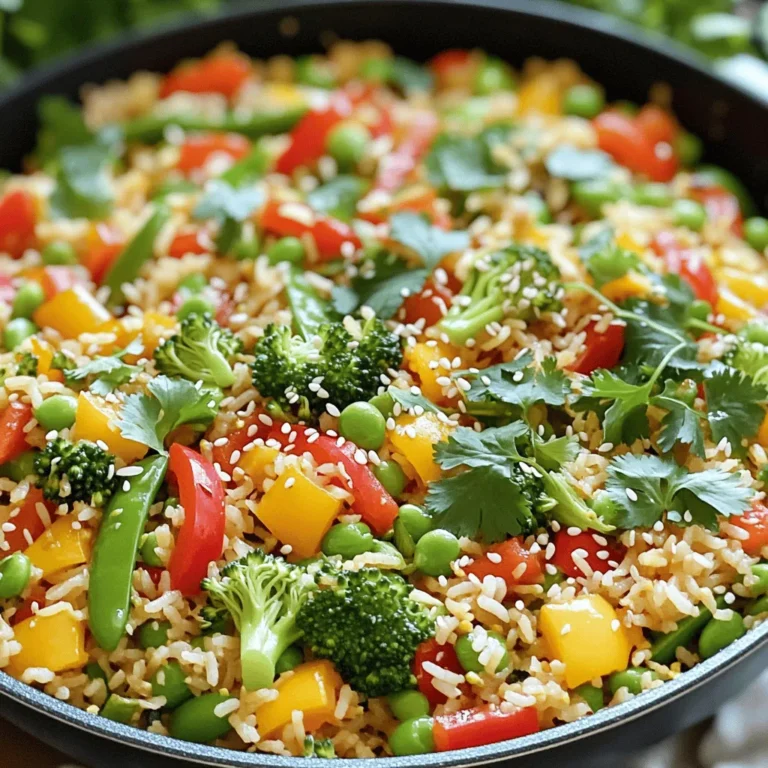 - 2 cups cooked jasmine rice - 1 cup mixed bell peppers (diced) - 1 cup broccoli florets - 1 cup snap peas - 1 medium carrot (julienned) - 3 green onions (sliced) - 3 cloves garlic (minced) - 2 tablespoons soy sauce - 1 tablespoon sesame oil - 1 tablespoon vegetable oil - 1 teaspoon fresh ginger (grated) - Salt and pepper to taste - Sesame seeds for garnish - Fresh cilantro leaves for garnish Gather these ingredients for a vibrant and tasty dish. I prefer using day-old jasmine rice. It separates better and gives a nice texture. Chop the bell peppers, broccoli, snap peas, and carrot into bite-sized pieces. This helps them cook evenly and look great in the final dish. Minced garlic and grated ginger add depth to the flavor. They create a fragrant base when cooked in hot oil. Soy sauce and sesame oil bring the perfect umami taste to the mix. Don’t forget the green onions for a fresh crunch and spring flavor. The sesame seeds and cilantro add a lovely finish. They make your dish pop visually and add extra taste. With these ingredients, you’re ready to create a colorful Vegetable Fried Rice. For the complete details, refer to the Full Recipe. To make a great vegetable fried rice, you must prep your veggies well. Start by washing all your vegetables. For the bell peppers, remove the seeds and dice them into small pieces. For the carrot, slice it into thin strips, known as julienne. Next, trim the snap peas by removing the ends. This makes them easier to eat. Using day-old rice is key. It dries out a bit in the fridge, making it perfect for frying. Fresh rice can be sticky, which is not what you want. If you don’t have day-old rice, spread freshly cooked rice on a tray. Let it cool for about 30 minutes. This also helps it dry out a little. Heat your skillet or wok on medium-high. Add vegetable oil and let it get hot. Now, toss in minced garlic and grated ginger. Stir them for about 30 seconds. This brings out their flavors. Next, add the broccoli florets. Stir-fry them for about 2 minutes. You want them to brighten in color. Then, add the carrot, snap peas, and bell peppers. Keep stirring for 3 to 4 minutes. They should be tender yet still crisp. Push the vegetables to one side of the skillet. Add the cooked rice to the other side. Drizzle soy sauce and sesame oil over the rice. Use a spatula to break up any clumps. Mix the rice and veggies thoroughly. Stir in the sliced green onions, and add salt and pepper to taste. Cook for about 2 more minutes. This helps the flavors blend together nicely. Once cooked, remove the skillet from the heat. Garnish your fried rice with sesame seeds and fresh cilantro. This adds color and a fresh taste. For serving, use a large bowl or plate. This makes the dish look inviting. You can serve it alone or with a side of your favorite protein. Enjoy your colorful and tasty vegetable fried rice! For the complete recipe, check out the Full Recipe section. To avoid soggy rice in fried rice, always use day-old rice. Freshly cooked rice has too much moisture. If you don’t have day-old rice, spread fresh rice on a tray to cool it. This helps it dry out a bit. Use vegetable oil for frying. It has a high smoke point and works well for stir-frying. Sesame oil is great too, but use it sparingly. It adds flavor but burns easily. Adding spices can make your fried rice pop! Try adding chili flakes or a dash of five-spice powder. Soy sauce is key for flavor, but you can also add hoisin or oyster sauce for depth. Adjusting salt levels is easy. Start with a small amount, then taste it. Add more if needed, but remember, soy sauce is salty! Prepping ingredients ahead saves time. Chop your veggies and store them in the fridge. This way, they are ready to go when you start cooking. A time-saving kitchen hack is to use a food processor. It speeds up chopping and slicing. Just be careful not to over-process your veggies! Keep them chunky for texture. {{image_2}} If you want a vegan dish, skip the eggs. Use only vegetables and rice. The full recipe is perfect as it stands. To make it gluten-free, use tamari instead of soy sauce. This keeps the flavor while making it suitable for those with gluten issues. Feel free to change the vegetables based on what you have. You can swap bell peppers for zucchini or carrots for green beans. Want more protein? Try adding tofu or edamame. These options boost the meal and add more nutrition. Fried rice is popular all over the world. In Thailand, they add shrimp and spicy sauces. In Indonesia, they use sweet soy sauce and chili. You can mix flavors too! Try adding pineapple or cashews for a sweet crunch. These ideas make your fried rice unique and fun. To store leftover fried rice, let it cool first. Place it in an airtight container. This keeps air out and helps it stay fresh. Store it in the fridge for up to four days. If you want to keep it longer, freeze it. Pack it tightly in a freezer-safe bag or container. This prevents freezer burn and keeps the flavor intact. To reheat fried rice, the stove is best. Heat a bit of oil in a pan. Add the rice and stir often. This keeps it from sticking and helps it stay fluffy. If using a microwave, put a wet paper towel on top. This adds steam and helps avoid dryness. Stir halfway through to heat evenly. Yes, you can freeze vegetable fried rice! For successful freezing, follow these steps: - Cool the rice completely before freezing. - Portion it into bags or containers. - Label with the date for easy tracking. When you want to eat it, thaw in the fridge overnight. Reheat using the stove for the best texture. Avoid refreezing once it has been thawed. Enjoy your meal with fresh flavors! What type of rice works best for fried rice? I recommend using jasmine rice. It has a great texture and flavor. Day-old rice works best. Fresh rice can be too moist. Let it cool before using. This helps it fry better and stay fluffy. Can frozen vegetables be used in this recipe? Yes, frozen vegetables are a great option. They save time and are easy to use. Just make sure to thaw them first. This helps them cook evenly. They can add color and nutrition to your dish. How to calculate the nutritional value of vegetable fried rice? To calculate the nutritional value, add up the ingredients. Look at the serving size to divide the totals. You can use online tools or apps. They can help you find detailed information. This way, you can tailor the recipe to meet your dietary needs. Health benefits of the ingredients used This fried rice is packed with nutrients! - Bell peppers: Rich in vitamins A and C. - Broccoli: Great source of fiber and antioxidants. - Carrots: High in beta-carotene, good for vision. - Snap peas: Low in calories and high in vitamins. Using fresh vegetables boosts health and flavor. What to serve with vegetable fried rice? This dish pairs well with many foods. You can serve it with a protein like tofu or chicken. A light soup or salad complements it nicely. Try a tangy dipping sauce for extra flavor. Ideas for complementary dishes to enhance the meal Consider serving spring rolls or dumplings. They add crunch and taste. A simple cucumber salad can refresh your palate. You can also try a spicy chili sauce for a kick. Enjoy mixing flavors to create a fun meal! In this blog post, I shared a simple guide to making delicious vegetable fried rice. You learned about the essential ingredients and how to prepare and cook them step by step. I also provided tips for storage and reheating to keep your dish fresh. Adding variations and personal twists can make this meal unique and exciting. Now, with this knowledge, you can create your own tasty fried rice that suits your taste buds and needs. Enjoy cooking and sharing this dish with family and friends!