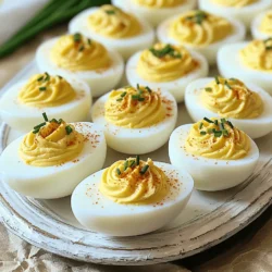 To make my zesty classic deviled eggs, you will need: - 6 large eggs - 3 tablespoons mayonnaise - 1 teaspoon Dijon mustard - 1 teaspoon apple cider vinegar - 1/4 teaspoon smoked paprika - Salt and pepper to taste - Fresh chives or parsley, finely chopped (for garnish) You can swap out the mayonnaise for Greek yogurt if you want a lighter option. For a kick, try using spicy mustard instead of Dijon. If you don't have apple cider vinegar, white vinegar works fine. Smoked paprika adds a nice flavor, but regular paprika will do. Each serving of deviled eggs (2 halves) contains approximately: - Calories: 150 - Protein: 6g - Fat: 12g - Carbohydrates: 1g - Fiber: 0g - Sugar: 0g These numbers can change based on your ingredient choices. For the full recipe, check the details above. Start by boiling the eggs. Place six large eggs in a saucepan. Cover them with cold water. Bring the water to a boil over medium-high heat. Once you see bubbles, cover the saucepan. Take it off the heat and let it sit for 10 to 12 minutes. This step will cook the eggs just right. After the time is up, it's time to cool them. Carefully transfer the eggs to an ice bath. Let them sit for about five minutes. This helps stop the cooking process. When they are cool, peel the eggs. Do this gently under running water. The water helps remove the shells easily. Now, let’s make the filling. First, slice each egg in half lengthwise. Scoop out the yolks into a mixing bowl. Set the egg whites aside on a plate. Use a fork to mash the yolks until they are crumbly. Add three tablespoons of mayonnaise to the yolks. Then, mix in one teaspoon of Dijon mustard. Next, add one teaspoon of apple cider vinegar. Sprinkle in a quarter teaspoon of smoked paprika. Finally, add salt and pepper to taste. Mix everything until it is smooth and creamy. Now, it’s time to fill the egg whites. You can spoon the yolk mixture back into each egg white. For a fancier look, use a piping bag. This makes it easy to create nice swirls. Once filled, sprinkle more smoked paprika on top. This adds a pop of color. For the final touch, garnish with fresh chives or parsley. This makes your classic deviled eggs look beautiful and inviting. Find the full recipe for an easy and delicious guide to making these tasty treats! To boil eggs perfectly, start with cold water. This helps eggs cook evenly. Use a saucepan that fits all the eggs in a single layer. This way, they cook at the same time. After boiling, cover the pan and turn off the heat. Let the eggs sit for 10-12 minutes. This method gives you firm yolks without a green ring. Once they cool in an ice bath for five minutes, peeling becomes easier. The cold water helps separate the shell from the egg. Peel them gently under running water. This extra step makes the shells slide off smoothly. For a creamy filling, use fresh mayonnaise. This adds richness and helps blend well with egg yolks. Start by mashing the yolks in a bowl. Use a fork to break them up into tiny pieces. Then, add the mayonnaise slowly. Mix it in well to avoid lumps. Add Dijon mustard and apple cider vinegar for zip. This balance of flavors makes the filling pop. If you want it even creamier, add a bit more mayonnaise. The goal is a smooth and fluffy texture that fills the egg whites perfectly. Presentation makes your deviled eggs stand out. Arrange them on a nice platter. For fun, sprinkle smoked paprika on top. This adds color and a hint of flavor. You can also add a slice of pickled jalapeño on each egg. This gives a spicy kick and looks pretty. Garnish with fresh chives or parsley for a vibrant touch. Use a piping bag if you want to make your filling look fancy. This small detail makes your deviled eggs look professional and inviting. For the full recipe, check out the complete guide. {{image_2}} You can have fun with deviled eggs by trying different flavors. Here are some tasty ideas. Want a kick? Add some heat! Mix in diced jalapeños or hot sauce. A little goes a long way. You can also sprinkle cayenne pepper on top. This adds spice and color. Creamy and rich, avocado adds a twist. Mash ripe avocado with the yolks. Replace some mayonnaise with the avocado. This gives a fresh taste and a vibrant green color. You can also add lime juice for extra zing. Herbs bring bright flavors to deviled eggs. Mix in fresh herbs like dill, chives, or basil. These add depth and freshness. You can also try using herb-flavored oils for extra flavor. Each herb will change the taste, making it unique. Explore these variations to find your favorite. Each one brings a new taste to this classic dish. For the full recipe of classic deviled eggs, check out the recipe section. Enjoy making these fun twists! To store leftover deviled eggs, place them in an airtight container. Cover the eggs tightly to keep them fresh. If you have extra filling, store it separately. Use plastic wrap to cover the filling tightly. This helps maintain their flavor and texture. You can make deviled eggs ahead of time. Prepare the eggs and filling, but do not assemble them. Store the egg whites and filling in separate containers in the fridge. This way, they stay fresh. Assemble them just before serving to keep them looking great. Deviled eggs are best served cold, so reheating is not needed. If you make a mistake and want to warm them, use a very low heat. Microwave them for just a few seconds. Watch closely to avoid cooking the eggs. It’s better to serve them chilled for the best taste and texture. For the full recipe, check the earlier section. Deviled eggs last about 3 to 4 days in the fridge. Store them in an airtight container. This keeps them fresh and safe to eat. After a few days, they may lose flavor and texture. Always check for any odd smells or discoloration before eating. I do not recommend freezing deviled eggs. Freezing changes the texture of the eggs. The filling becomes watery and grainy when thawed. Instead, make them fresh. You can prepare the filling ahead and store it in the fridge. Assemble the eggs just before serving. You can serve deviled eggs in many fun ways! Here are some ideas: - Platter Display: Arrange them on a colorful platter for a festive look. - Garnish Variations: Top with bacon bits, olives, or pickles for added flavor. - Mini Bites: Serve them on small crackers for a tasty appetizer. - Pairing Options: Serve alongside fresh veggies or chips for a crunchy contrast. For more details, check the full recipe! Deviled eggs are easy to make and fun to serve. We explored all the key parts, from ingredients to variations. Choosing the right ingredients ensures tasty results. Following the steps makes preparation simple. Use my tips to create smooth fillings and great presentations. Remember, deviled eggs can be stored easily and even made in advance. With these insights, you can impress your friends and family with your skills. Enjoy your time making and serving this classic dish!
