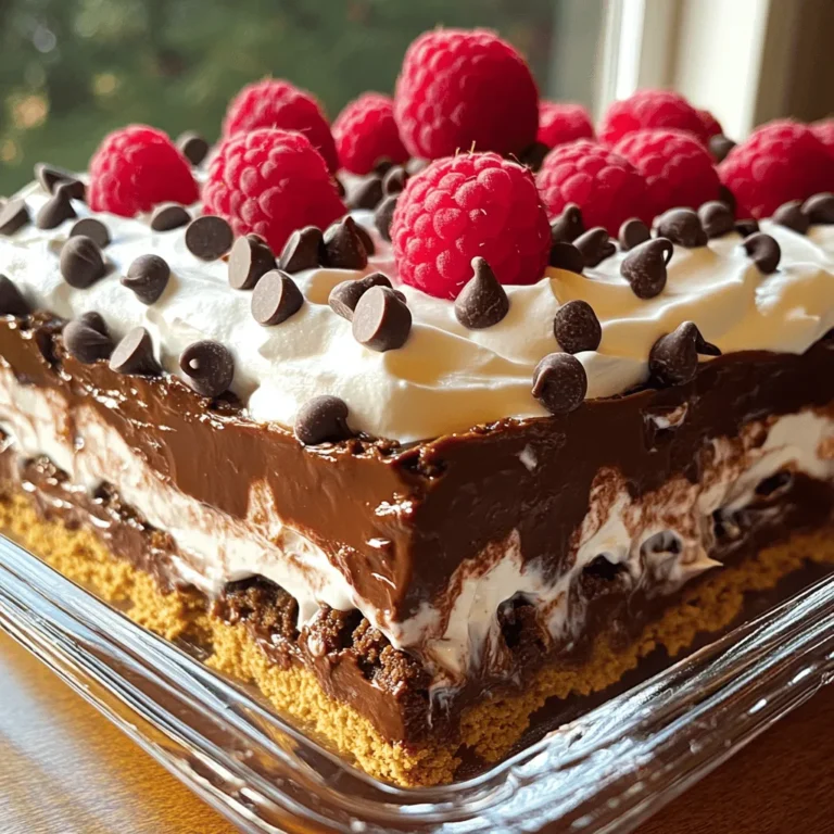 To make a No Bake Chocolate Lasagna, you need a few simple ingredients. Here’s a complete list: - 1 package (14.3 oz) chocolate graham crackers - 2 cups heavy whipping cream - 8 oz cream cheese, softened - 1 cup powdered sugar - 1 teaspoon vanilla extract - 1 cup semi-sweet chocolate chips, melted - 2 cups chocolate pudding (instant or homemade) - 1 cup mini chocolate chips (for topping) - Fresh raspberries or strawberries (for garnish, optional) Each ingredient plays a key role in making this dessert rich and tasty. The chocolate graham crackers provide a sweet, crunchy base. Heavy whipping cream gives the layers a light and fluffy texture. Cream cheese adds a creamy richness, while powdered sugar sweetens the mix. Vanilla extract enhances the flavors. Melted chocolate brings a deep cocoa taste. Chocolate pudding adds a smooth layer, and mini chocolate chips give a fun crunch on top. Lastly, fresh berries can brighten up the dish and add a nice touch. You can find the full recipe [here]. First, you need to whip the heavy cream. Use a large bowl and a hand mixer for this. Beat it until you see soft peaks. Then, take another bowl and beat the softened cream cheese until it is smooth. Next, mix in the powdered sugar and vanilla extract. Stir until everything blends well. Finally, fold the whipped cream gently into the cream cheese mixture. This step makes the cream light and fluffy. Now, let’s melt the chocolate. Place the chocolate chips in a microwave-safe bowl. Heat them in the microwave in 20-second bursts, stirring each time. Keep doing this until the chocolate is smooth. Let it cool for a few minutes before using. To start layering, grab a 9x13-inch baking dish. Place a layer of chocolate graham crackers at the bottom. Make sure they cover the bottom completely. Next, pour half of the melted chocolate evenly over the graham crackers. This layer gives a rich flavor. After that, spoon half of the cream mixture over the chocolate layer. Smooth it out with a spatula. Then, pour half of the chocolate pudding over the cream layer, spreading it evenly. Now, let’s repeat the layers. Start with another layer of chocolate graham crackers. Pour the remaining melted chocolate over them. After that, add the rest of the cream mixture. Finally, top it with the remaining chocolate pudding. This will build up a tall and tasty dessert. Cover the dessert with plastic wrap. Place it in the fridge to chill for at least 4 hours, or overnight if you can wait. This time allows the layers to set perfectly. When you are ready to serve, sprinkle mini chocolate chips on top for a nice texture. You can also add fresh raspberries or strawberries for a colorful touch. For the full recipe, refer to the earlier section. To whip cream well, start with cold ingredients. Cold cream whips better. Use a large bowl to give it space. Beat the cream until soft peaks form. This means it should hold a shape but not be stiff. If you over-whip, it will turn to butter. Use a hand mixer or a stand mixer for best results. A whisk works too, but it takes more time and effort. To keep your dessert from getting soggy, build layers carefully. Start with a single layer of chocolate graham crackers. Make sure the crackers do not sit in melted chocolate too long. It helps to let the chocolate cool a bit before pouring it over. If you want to change the texture, use vanilla graham crackers instead. They add a nice twist and still taste great. You can add fun flavors to your chocolate lasagna. Try swapping the chocolate pudding for vanilla or coffee pudding. For a fruity note, add layers of sliced bananas or strawberries. It makes the dessert bright and fresh. You can also top it with crushed nuts or coconut flakes. Consider using whipped cream instead of mini chocolate chips for a lighter topping. Each change makes your treat unique! Check the Full Recipe for detailed instructions. {{image_2}} Want to change up your no bake chocolate lasagna? You can switch the chocolate types. Try using dark chocolate for a richer taste. Dark chocolate adds depth and a slight bitterness. This pairs well with the sweet cream layers. You can also create a white chocolate layer. Melt white chocolate instead of semi-sweet chocolate. This adds a creamy, sweet twist. The contrast between the two chocolates looks great and tastes amazing. Adding fruit can elevate your dessert. You can incorporate fruit layers between the chocolate and cream. Try using chopped strawberries or bananas. They add freshness and a fruity flavor that balances the richness. Using fruit toppings is another option. Fresh raspberries or sliced strawberries on top create a beautiful finish. They also add a pop of color and a burst of flavor with every bite. If you need to make this dessert gluten-free, swap the chocolate graham crackers. Use gluten-free graham crackers or crushed gluten-free cookies. These work well and keep the same great texture. You can also try other base ideas. Almond flour or coconut flour can create a tasty crust. Just mix them with melted butter to form a base before adding the layers. This makes your dessert gluten-free and delicious. For the full recipe, check out the No Bake Chocolate Lasagna details. To keep your No Bake Chocolate Lasagna fresh, choose the right storage container. A deep, airtight container works best. This helps keep moisture and air out. You can also cover the dessert tightly with plastic wrap. Make sure it touches the top of the dessert to avoid air pockets. Store your lasagna in the fridge. It stays good for about 3 to 5 days. The flavors will blend and become even better over time. Just remember, if you see any signs of spoilage, it’s best to toss it. You can freeze No Bake Chocolate Lasagna for later enjoyment! To freeze, cut it into portions. Wrap each piece in plastic wrap, then place them in a freezer-safe container. This way, you can grab a piece anytime. When you're ready to eat, thaw the lasagna in the fridge overnight. This keeps it creamy and smooth. Avoid thawing it at room temperature, as this can cause it to become watery. Once thawed, enjoy it within 2 to 3 days for the best taste. No Bake Chocolate Lasagna can last up to 5 days in the fridge. Store it in an airtight container to keep it fresh. The layers stay creamy and flavorful, making it a perfect treat for several days. However, the texture may change slightly as it sits. Enjoy it before the week ends for the best taste! Yes, you can make this dessert a day or two in advance. Prepare it, then cover it tightly with plastic wrap. Refrigerate it, and let the flavors meld together. This dessert tastes even better after chilling for at least 4 hours. Making it ahead of time saves you stress on the day of your event. Serve No Bake Chocolate Lasagna straight from the fridge. Use a sharp knife to cut clean slices. For a lovely touch, sprinkle mini chocolate chips on top. Fresh raspberries or strawberries add color and flavor. Arrange them on the plate for an eye-catching presentation. This dessert looks as great as it tastes! For full details, check the Full Recipe. No Bake Chocolate Lasagna is a fun and easy dessert. We covered the ingredients, steps, and storage tips. Use graham crackers, cream, chocolate, and pudding for layers. Customize with your favorite fruits or chocolate types. Remember to chill well before serving. This dish is a treat for any occasion. Enjoy making your version and delight your friends and family with this sweet dish!