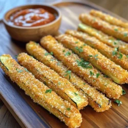 - 2 medium zucchinis: Choose firm zucchinis. Look for shiny skin and no soft spots. Fresh zucchinis taste best and hold their shape when cooked. - 1 cup breadcrumbs: I recommend panko breadcrumbs. They are lighter and crunchier than regular ones. You can also use whole wheat or gluten-free options for a twist. - 1/2 cup grated Parmesan cheese: Fresh Parmesan is key here. It has a rich flavor that pre-grated cheese lacks. Grate it yourself for the best taste and texture. When preparing your crispy Parmesan zucchini fries, make sure to slice the zucchini evenly. This helps them cook at the same rate. Also, don’t skip the olive oil; it helps achieve that golden, crispy finish. If you want the full recipe, just check out the earlier section. First, you need to preheat your oven to 425°F (220°C). This high heat helps the fries get crispy. While the oven warms up, line a baking sheet with parchment paper. This makes cleanup easy and prevents sticking. Next, mix your breadcrumbs and seasoning. In a shallow bowl, combine 1 cup of breadcrumbs, 1/2 cup of grated Parmesan cheese, 1 teaspoon of garlic powder, 1 teaspoon of onion powder, and 1 teaspoon of dried oregano. Add some salt and pepper to taste. Stir well until everything is blended. This mixture gives the zucchini fries their delicious flavor. Now, let’s dip the zucchini. In another bowl, beat 2 large eggs until they are frothy. Take each zucchini stick and dip it into the egg mixture. Let any extra egg drip off. This step helps the breadcrumbs stick. Now, it’s time for coating. Roll the dipped zucchini sticks in the breadcrumb mix. Press lightly to make sure the coating sticks well. Place the coated zucchini fries on the baking sheet. If you want extra crispiness, lightly spray them with olive oil or drizzle 2 tablespoons of olive oil over them. Finally, bake the zucchini fries in your preheated oven for 20-25 minutes. Flip them halfway through to ensure they bake evenly. You’ll know they are done when they are golden brown and crispy. Once baked, let them cool for a few minutes before serving. Enjoy them warm! For the full recipe, check the earlier section. To make your zucchini fries crispy, try baking instead of frying. Baking gives a great crunch without too much oil. Baking is also easier and less messy. Preheat your oven to 425°F (220°C) to get the right heat. Even spacing on the baking sheet is key. If the fries touch, they will steam instead of crisp up. Give them room to breathe! Use parchment paper for easy cleanup and to help them crisp more. If your fries turn out soggy, there are a few fixes. First, ensure your zucchini is dry before coating. Use paper towels to remove excess moisture. You can also bake them longer, but watch closely to avoid burning. Different ovens can cook unevenly. If yours runs hot or cold, adjust the time and temperature. Use a kitchen thermometer to check the heat. You may need to rotate the baking sheet halfway through for even cooking. This way, all sides get that perfect golden brown. {{image_2}} You can boost the taste of your crispy Parmesan zucchini fries easily. Try adding spices or herbs to the breadcrumb mix. Some great options are: - Smoked paprika for a smoky flavor. - Italian seasoning for a classic touch. - Cayenne pepper for some heat. You can also switch up the cheese. If you want a different taste, consider using: - Asiago cheese for a sharper bite. - Cheddar cheese for a rich flavor. You can even mix in bits of fresh herbs like basil or parsley for a fresh twist. Just make sure to adjust the amount of salt, as some cheeses are saltier than Parmesan. Zucchini is a star, but you can use other veggies for “fries” too. Here are some tasty options: - Eggplant offers a unique texture. - Sweet potatoes add natural sweetness. - Carrots bring a nice crunch. When using different vegetables, adjust cooking times. For example: - Sweet potatoes may need 25-30 minutes at 425°F, as they take longer to cook. - Eggplant fries might be done in about 20 minutes, so keep an eye on them. Experimenting with these variations keeps your snack exciting and healthy. For the full recipe, check out the Crispy Parmesan Zucchini Fries section above and enjoy your culinary adventure! To keep your crispy Parmesan zucchini fries fresh, store them in an airtight container. Place a paper towel in the container to absorb extra moisture. This helps keep the fries crispy. Store them in the fridge for up to three days. When you're ready to enjoy your leftovers, reheating is key. The best way to maintain crispiness is to use the oven. Preheat your oven to 375°F (190°C). Spread the fries on a baking sheet in a single layer. Heat them for about 10 minutes. This method revives their crunch and flavor. If you want to keep your zucchini fries for longer, freezing is a great option. Start by placing the cooled fries on a baking sheet in a single layer. Freeze them for about an hour until solid. This prevents them from sticking together. Once frozen, transfer the fries into a freezer-safe bag or container. Remove as much air as possible to avoid freezer burn. You can freeze them for up to three months. When it's time to cook from frozen, preheat your oven to 425°F (220°C). Place the frozen fries on a baking sheet. Bake for about 25-30 minutes, flipping halfway through. Keep an eye on them to ensure they get crispy. Enjoy your homemade snack with ease! For the full recipe, check out the details above. How do I make my zucchini fries less watery? To reduce water, start by salting the zucchini. Cut the zucchinis into sticks and sprinkle them with salt. Let them sit for about 15 minutes. This process draws out moisture. Afterward, pat them dry with a paper towel. This step helps them become crispier when baked. Can I make Crispy Parmesan Zucchini Fries in an air fryer? Yes, you can use an air fryer! Preheat the air fryer to 400°F (200°C). Arrange the zucchini fries in a single layer. Cook them for about 10-15 minutes, shaking the basket halfway through. This makes them crispy without extra oil. What dipping sauces pair well with zucchini fries? Zucchini fries taste great with many dips! Try marinara sauce, ranch dressing, or garlic aioli. Hummus is also a fun choice. These sauces add flavor and make each bite even better. For a twist, mix some spices into your dips for extra zing. If you want the full recipe, check out the details above! In this post, we explored how to make Crispy Parmesan Zucchini Fries. We talked about selecting the best zucchini and using fresh Parmesan for great taste. You learned the step-by-step process from preparation to cooking, along with useful tips to get maximum crispiness. Don't forget the variations and storage info to keep them fresh. Zucchini fries can be a hit, so enjoy experimenting in your kitchen! Make it your own with flavors and enjoy the health benefits!