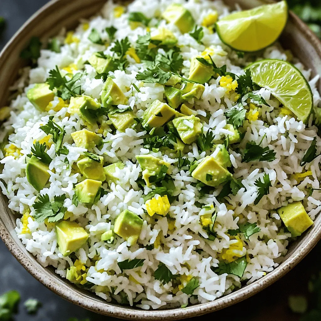 - 1 cup uncooked jasmine rice - 2 cups vegetable broth (or water) - 1 ripe avocado, diced - 1 cup fresh cilantro, chopped - 1 lime, juiced and zested - 2 tablespoons olive oil - 1 teaspoon garlic powder - Salt and pepper to taste - Diced jalapeño for heat The key to making Avocado Cilantro Lime Rice is using fresh and bright ingredients. Start with uncooked jasmine rice. This rice has a lovely aroma and a soft texture when cooked. For the liquid, you can use vegetable broth or water. I prefer broth for extra flavor. Next, pick a ripe avocado. It should be soft but not mushy. Dicing it will add creaminess to the rice. Fresh cilantro is a must. Its bright flavor really shines in this dish. You will also need a lime for both juice and zest. The lime adds a zesty kick that ties everything together. Olive oil gives a rich taste and helps to mix the ingredients smoothly. Don't forget garlic powder! It adds depth. Finally, you will season with salt and pepper. If you want heat, diced jalapeño is a great choice. It brings a nice spicy touch without overwhelming the dish. For the complete list of steps, check out the Full Recipe. - Rinse jasmine rice under cold water. - Boil vegetable broth (or water) in a saucepan. Rinsing the rice is key. It helps remove extra starch. This keeps the rice fluffy and light. Just run the rice under cold water until it runs clear. This simple step makes a big difference. Next, pour your vegetable broth into a medium saucepan. Bring it to a boil. Using broth adds flavor, but water works too if needed. - Add rinsed rice and garlic powder to boiling broth. - Cover and simmer until tender. Once the broth boils, add the rinsed rice and garlic powder. Stir it briefly. Then, cover the pan. Turn down the heat to low. Let it simmer for about 15 to 18 minutes. The rice will absorb all the liquid and become tender. After the time is up, take it off the heat and let it sit covered for another 5 minutes. This step helps the rice finish cooking without burning. - Fluff the rice after sitting covered. - Combine rice with avocado, cilantro, lime juice, and olive oil. Now, it's time to fluff the rice. Use a fork to gently separate the grains. This makes it light and airy. In a large bowl, combine the fluffed rice with the diced avocado, chopped cilantro, lime juice, and olive oil. Mix gently to combine everything. Be careful not to mash the avocado too much. You want nice chunks for texture. Feel free to check out the Full Recipe for more details. This dish is bright, fresh, and perfect as a side. Enjoy! Rinsing jasmine rice is key. It removes excess starch, so your rice stays fluffy. Just put the rice in a bowl and run cold water over it. Swirl the rice with your hand until the water becomes clear. This usually takes about 2-3 washes. Cook your rinsed rice in vegetable broth or water. Bring it to a boil first. Once boiling, add the rice and garlic powder. Stir briefly, then cover. Lower the heat and simmer for 15-18 minutes. This cooking time is important. It makes sure the rice is tender and absorbs all the liquid. When you combine ingredients, be gentle. You want everything mixed without mashing the avocado. Use a large spoon or spatula. These tools help you fold the rice and other ingredients together. Start at the bottom of the bowl. Lift and turn the mixture carefully. This way, you keep nice chunks of avocado. For a beautiful presentation, serve the rice in a large bowl. Garnish with extra cilantro on top. Add lime wedges on the side for a pop of color. This makes the dish look fresh and inviting. Pair your avocado cilantro lime rice with grilled chicken or fish. It also goes well with tacos or burritos. The bright flavors in the rice balance nicely with savory dishes. You can find the Full Recipe here to make this delightful side dish. {{image_2}} Want to spice up your avocado cilantro lime rice? Try adding diced jalapeño or chipotle for a kick. These peppers add heat and depth. If you prefer milder options, consider using sweet bell peppers. You can also mix in other herbs like parsley or mint for fresh twists. Each herb brings its own flavor, enhancing the dish. Are you gluten-free? You can easily swap jasmine rice for quinoa or brown rice. Both options are tasty and healthy. If you're vegan, check the broth you use. Most vegetable broths are vegan-friendly, but always read labels. This way, you keep your dish plant-based while still enjoying rich flavors. This rice makes a great base for many meals. Use it as a salad base, adding your favorite veggies and proteins. It's also perfect for grain bowls. Just layer it with beans, corn, and avocado. Want a fun twist? Use it in tacos or burritos! Just scoop the rice into your wrap for a fresh and zesty bite. Enjoy the endless possibilities with this flavorful side dish. For the complete recipe, check out the Full Recipe. To keep your avocado cilantro lime rice fresh, use an airtight container. Glass containers work well, but plastic ones are fine too. Place the rice in the container and seal it tightly. Store it in the fridge for up to three days. After that, the flavors may fade. When reheating, the best method is to use the stovetop. Place the rice in a pan with a splash of water or vegetable broth. Heat it on low, stirring gently. This method keeps the rice moist and tasty. If the rice seems dry, add a bit more liquid. You can also use the microwave, but cover the bowl to trap the steam. To refresh the flavor, squeeze a little lime juice on top before serving. To freeze your rice, let it cool completely first. Then, scoop it into a freezer-safe bag or container. Remove as much air as possible before sealing. This helps prevent freezer burn. You can freeze the rice for up to three months. When ready to eat, thaw it overnight in the fridge. For quick thawing, place the bag in a bowl of cold water. After thawing, reheat and add fresh lime juice for the best taste. To make this dish vegan, simply swap out any non-vegan items. The rice and broth already fit a vegan diet. Use vegetable broth instead of chicken broth. Ensure your olive oil is pure, and you're all set. Avoid adding cheese or yogurt, which are not vegan. This way, you keep all the good flavors while sticking to vegan rules. Yes, you can use other rice types. Brown rice adds a nutty taste and is more fiber-rich. Quinoa is a great gluten-free choice, too. If you use a long-grain rice, check the cooking time. Adjust the water to match your rice type. This keeps the dish light and tasty. Jasmine rice is a favorite, but feel free to experiment! To add heat, mix in diced jalapeños or a pinch of cayenne pepper. Start with a small amount and taste as you go. You can also use chipotle in adobo for a smoky kick. Just remember, you want spice without losing the fresh flavors of lime and cilantro. Balancing heat is key to making this rice pop! This rice pairs well with many dishes. Try it with grilled chicken or fish for a complete meal. It also works great as a base for burrito bowls. Serve it alongside tacos or enchiladas for a fun feast. You can even enjoy it with roasted veggies for a veggie delight. The options are endless! For a detailed recipe, check out the Full Recipe. Avocado Cilantro Lime Rice is easy to make and packed with flavor. We covered key ingredients like jasmine rice, fresh cilantro, and lime. You learned step-by-step instructions for cooking and mixing the dish. I shared tips to ensure fluffy rice and ways to serve it creatively. Remember to store leftovers properly for the best taste later. With simple variations, you can adapt this recipe to fit your needs. Enjoy this dish in bowls, tacos, or as a side. Happy cooking!