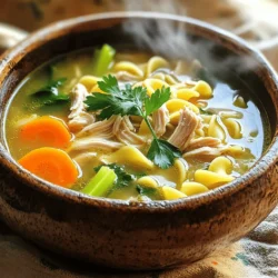 To make the best classic chicken noodle soup, you need a few key items. These ingredients create a rich and tasty soup. Here’s what you need: - 2 tablespoons olive oil - 1 medium onion, diced - 2 carrots, sliced - 2 celery stalks, chopped - 3 cloves garlic, minced - 8 cups chicken broth - 1 pound boneless, skinless chicken breasts - 1 teaspoon dried thyme - 1 teaspoon dried oregano - Salt and pepper to taste - 2 cups egg noodles These ingredients give the soup its heart and flavor. The chicken broth forms a warm base. The veggies add crunch and sweetness. Chicken breasts provide protein. Seasonings and herbs bring out the best flavors in your soup. I suggest using: - 1 teaspoon dried thyme - 1 teaspoon dried oregano - Salt and pepper to taste Thyme adds a lovely earthiness. Oregano brings a hint of warmth. Adjust salt and pepper to match your taste. These simple seasonings elevate the dish and make it memorable. Want to add a twist? Consider these optional add-ins: - 1 cup fresh spinach - Fresh parsley, chopped (for garnish) Fresh spinach adds color and nutrients. It wilts nicely in the hot soup. Chopped parsley gives a fresh touch as a garnish. These add-ins enhance flavor and nutrition without extra fuss. For the full recipe, check out the Cozy Classic Chicken Noodle Soup 🥣 section. Cooking this soup is simple and rewarding. Enjoy every comforting bite! To make your classic chicken noodle soup, start with the easy prep steps. First, gather your ingredients. You'll need olive oil, onion, carrots, celery, garlic, chicken broth, chicken breasts, and seasonings. 1. Heat the olive oil in a large pot over medium heat. 2. Add the diced onion, sliced carrots, and chopped celery. Sauté these for about 5-7 minutes. You want them to soften but not brown. 3. Next, stir in the minced garlic. Cook for one more minute until it smells great. 4. Pour in the chicken broth and bring the mix to a gentle boil. 5. Now, add the chicken breasts, dried thyme, dried oregano, salt, and pepper. 6. Lower the heat and let the soup simmer for about 20 minutes. The chicken should be cooked through. 7. Take the chicken out of the pot and shred it using two forks. This makes it easy to eat. 8. Return the shredded chicken to the pot. 9. Add the egg noodles and cook them according to the package's time. This usually takes about 6-8 minutes. 10. If you'd like, stir in fresh spinach during the last minute of cooking until it wilts. 11. Lastly, taste the soup and adjust the seasoning if needed. Serve it hot, and garnish with chopped parsley. Shredding chicken can be simple and fun. After cooking, let the chicken cool for a few minutes. Use two forks to pull apart the meat. Hold one fork in each hand. This will help you shred the chicken into small pieces. If you want to save time, you can also use a stand mixer with the paddle attachment on low speed. This method quickly shreds the chicken. Just be careful not to overdo it! Cooking egg noodles is easy. To get them just right, follow these steps. First, bring a pot of salted water to a boil. This adds flavor to the noodles. Once boiling, add the egg noodles. Stir them gently to keep them from sticking. Check the package for cooking time. Most egg noodles take around 6-8 minutes. Taste one to see if it’s done. They should be tender but still firm. When cooked, drain the noodles and add them to your soup right away. This keeps them from getting mushy. For the full recipe, refer back to the ingredients and instructions provided above. Enjoy your cooking! To make a tasty broth, start with good chicken broth. Use low-sodium broth for control over salt. Add fresh herbs like thyme and parsley. These herbs bring out the best flavors. Always taste as you go. Adjust salt and pepper to your liking. The broth should be clear and flavorful. Simmer gently to let the flavors blend. If it’s too thick, add more broth or water. If it's too thin, simmer longer to reduce it. Don't rush this step; patience gives you the best results. Sauté your veggies first. This adds depth and sweetness to the soup. Shred the chicken after cooking for a tender texture. Stir in the noodles at the end. This keeps them firm and prevents overcooking. For a boost, add fresh spinach just before serving. For the complete method, check the Full Recipe. {{image_2}} You can easily make your chicken noodle soup healthier. For a low-sodium option, use low-sodium chicken broth. This helps cut down on salt without losing flavor. You can also swap out regular egg noodles for gluten-free ones. Look for rice noodles or gluten-free pasta. These changes keep the soup tasty while making it lighter. Have leftover chicken or turkey? Use it in your soup! Shred the meat and add it to the broth. This saves time and reduces waste. It also adds a new flavor. Remember, you can adjust the cooking time since the meat is already cooked. Just heat it through before serving. Don’t be shy with veggies! You can add more to your soup for extra nutrition. Try adding green beans, peas, or corn. These veggies mix well with the other flavors. You can also use kale or zucchini for a twist. Just chop them into small pieces before adding them to the pot. This way, they cook evenly and blend perfectly with the chicken and noodles. For the complete recipe, check out the Full Recipe. After making your chicken noodle soup, let it cool down to room temperature. This step helps keep your soup fresh. Pour it into an airtight container. Make sure to leave some space at the top. Soups can expand when frozen. Label the container with the date. This way, you know when you made it. To freeze chicken noodle soup, use freezer-safe bags or containers. Divide the soup into single servings if you want easier meals. Squeeze out excess air from bags before sealing. This helps prevent freezer burn. Chicken noodle soup can last in the freezer for up to three months. When you're ready to eat, just thaw it in the fridge overnight. For reheating, pour the soup into a pot. Heat it on medium until steaming hot. Stir occasionally to make sure it heats evenly. If it's too thick, add a bit of broth or water. You can also reheat it in the microwave. Use a microwave-safe bowl and cover it loosely. Heat for a few minutes, stirring halfway through. Enjoy your warm, comforting soup! Check the [Full Recipe] for more tips. The best way starts with fresh ingredients. Use a large pot. Heat olive oil and add diced onions, sliced carrots, and chopped celery. Sauté for about five to seven minutes. Then, add minced garlic and cook for one more minute. Pour in chicken broth and bring to a gentle boil. Add boneless chicken breasts and seasonings. Simmer until the chicken cooks through. Shred the chicken, return it to the pot, and cook the egg noodles. This method brings out rich flavors. Yes, you can use rotisserie chicken! It saves time and adds great flavor. Simply shred the chicken and add it to the soup after the broth boils. This speeds up your cooking process and still delivers a comforting dish. Homemade chicken noodle soup lasts about three to four days in the fridge. Make sure to store it in an airtight container. Keep it cool to maintain freshness. If you notice any off smells, it's best to discard it. If you need a substitute for egg noodles, try using rice, quinoa, or even zucchini noodles. These options add different textures and flavors. Rice and quinoa make it hearty, while zucchini noodles keep it light. Yes, there is a vegetarian version! Replace chicken with hearty vegetables like mushrooms or chickpeas. Use vegetable broth instead of chicken broth. You can still enjoy a comforting and nourishing soup. This version is just as tasty and satisfying. Making classic chicken noodle soup is simple and rewarding. We covered essential ingredients, seasonings, and optional add-ins to boost flavor. The step-by-step guide helps you cook the perfect broth and noodles. Remember the tips for storage and possible variations to suit your taste. Chicken noodle soup can warm your heart and nourish your body. Keep experimenting with different ingredients and methods. Enjoy your cooking journey!